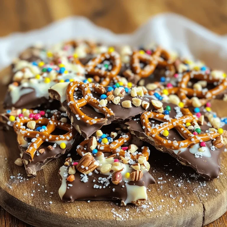 - 1 cup mini pretzels - 2 cups milk chocolate chips - 1 cup white chocolate chips - 1/2 cup chopped nuts (almonds or pecans) - 1/4 cup sprinkles (optional) - Sea salt for sprinkling The main ingredients create a sweet and salty treat. Mini pretzels add crunch and salt. Milk chocolate chips bring a rich, creamy flavor. White chocolate chips add a sweet contrast. Chopped nuts give extra texture. You can add sprinkles for fun colors or a hint of sea salt for balance. For this bark, use high-quality chocolate for the best taste. I recommend brands like Ghirardelli or Guittard. They melt well and have great flavor. For nuts, choose fresh almonds or pecans. They give a nutty taste that pairs well with chocolate. Fresh nuts also add a nice crunch. If you need gluten-free options, look for gluten-free pretzels. Many brands offer this choice. For dairy-free chocolate, use dark chocolate or vegan chocolate chips. These options will keep your bark tasty and suitable for everyone. Always check labels to ensure they meet your dietary needs. Start by lining a baking sheet with parchment paper. This helps the bark come off easily. It also makes cleaning up a breeze. If you don’t have parchment paper, you can use wax paper or a silicone mat instead. Both can work well in this case. For melting chocolate, I recommend using a microwave-safe bowl. Heat the milk chocolate chips in short bursts of 30 seconds. Stir well between each burst. This helps prevent hot spots that can seize the chocolate. If you see any lumps, keep stirring! For white chocolate, follow the same method. It can melt quickly, so watch it closely. Once your milk chocolate is smooth, pour it onto your lined baking sheet. Spread it out evenly into a rectangle, about 1/4 inch thick. Next, take your mini pretzels and arrange them on top. Press them down gently so they stick. This creates a nice base for your bark. To set the chocolate, place the baking sheet in the fridge for about 30 minutes. This helps it harden properly. Once it is firm, take it out and break the bark into pieces. You can use your hands or a knife for this. Enjoy your sweet creation or serve it to friends! Remember, you can find the full recipe above for all the steps. To melt chocolate well, control the heat. Use a microwave or a double boiler. If using a microwave, heat in 30-second bursts. Stir the chocolate between bursts. This method keeps the chocolate smooth and avoids burning. Watch the chocolate closely. Grainy chocolate ruins the look and taste. To avoid this, keep water away from the chocolate. Even a drop can cause it to seize. If your chocolate seizes, add a little vegetable oil. Stir until it smooths out. Sprinkles add color and fun to your bark. You can use colorful sprinkles, or even crushed candies to match any theme. Spread them evenly over the melted chocolate. This makes the treat pop visually. For more flavor, try adding nuts, dried fruit, or crushed cookies. Each topping gives a unique twist. Almonds or pecans add crunch, while dried fruit adds sweetness. Get creative and mix your favorite toppings! Serve the chocolate-covered pretzel bark on a pretty plate or a wooden board. This enhances the treat's appeal. If you're gifting it, use clear bags. Tie the bags with a ribbon for a lovely touch. You can also use small boxes for a more polished look. Fill them with bark and add a note. This makes the gift feel extra special. With these ideas, your bark will not only taste great but look great too! {{image_2}} You can add a fun twist to your chocolate covered pretzel bark. Drizzling caramel or peanut butter over the top makes it even better. The sweet and salty mix is hard to resist. You can also throw in some dried fruits. Dried cranberries or cherries add a nice touch of sweetness. These flavors will make your bark unique and tasty. If you need nut-free options, skip the nuts. You can top it with seeds or just leave it plain. This way, everyone can enjoy it safely. For those who prefer vegan treats, use vegan chocolate instead. Many brands offer great tasting options that melt well. This keeps your bark delicious and inclusive. You can make your bark festive for any holiday. Use red and green sprinkles for Christmas or pastel colors for Easter. You can even customize it for themed parties. For a birthday, add colorful candies or themed toppings. This way, your chocolate covered pretzel bark becomes a fun treat for every occasion. To keep your chocolate covered pretzel bark fresh, use an airtight container. A glass or plastic container works great. Make sure it is clean and dry before placing the bark inside. Avoid using metal containers, as they can affect the taste. Store the container in a cool, dry place. The ideal temperature is around 65-70°F (18-21°C). Avoid humidity, as it can cause the chocolate to become sticky and lose its shine. When stored properly, your chocolate bark can last up to two weeks. If you want to keep it longer, you can freeze it. In the freezer, it can last up to three months. Watch for signs of spoilage. If you see white spots, this is called "bloom." It happens when chocolate gets too warm and then cools again. Though it may not taste bad, it affects the look. If you notice any off smells or a change in texture, it’s best to toss it out. Enjoy your treat while it’s fresh! Yes, you can use dark chocolate. Dark chocolate has a rich flavor and less sugar. It pairs well with the salty pretzels. If you want a deep taste, dark chocolate is the way to go. It also adds a nice contrast to the sweetness of the white chocolate. Plus, dark chocolate has health benefits. It contains antioxidants and may boost mood. The microwave method is quick and easy. Use a microwave-safe bowl and heat chocolate in short bursts. Stir after each burst to prevent burning. This method works well for small amounts. A double boiler is great for larger batches. Place a heatproof bowl over simmering water. Stir the chocolate as it melts. Both methods work, but the double boiler helps keep the heat steady. Yes, you can make this treat ahead of time. It stores well in an airtight container. Just keep it in a cool, dry place. If you plan for a party, make it a day or two early. This way, you can focus on other tasks. You can also wrap individual pieces for gifts. Everyone loves homemade treats, and they stay fresh for a week or more. You learned how to make delicious chocolate-covered pretzel bark. We covered the main ingredients you need and the best ways to prepare each layer. I also shared tips for melting chocolate and making fun variations. With storage tips, you can keep your bark fresh longer. Get creative with flavors and add festive touches for any occasion. Enjoy your tasty treat or gift it to someone special. This bark is sure to impress!
