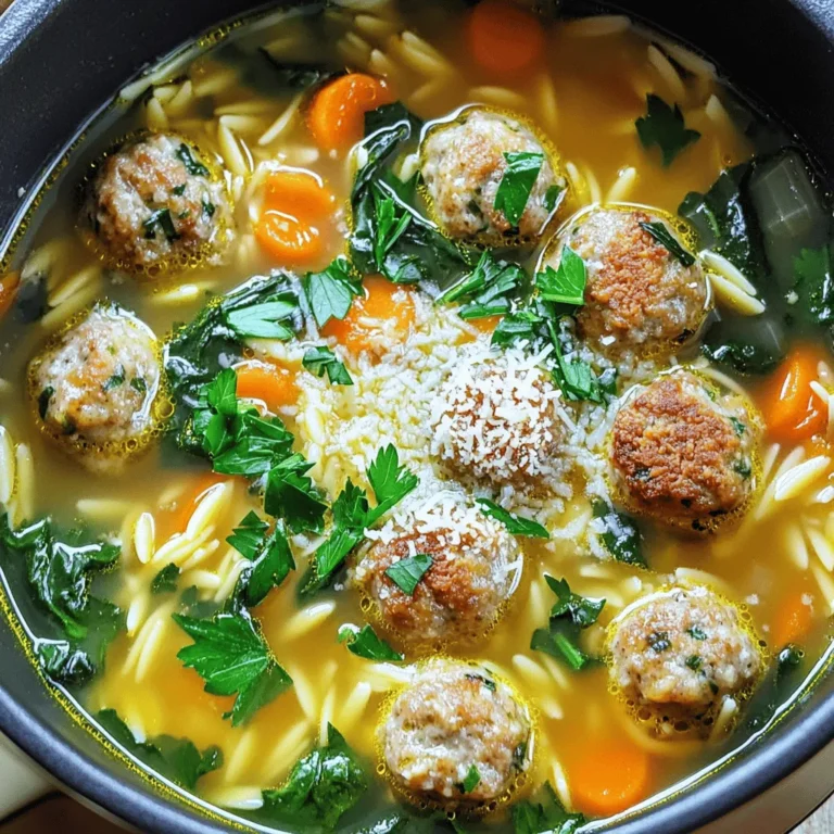The key to a great Italian wedding soup lies in its ingredients. Each part adds flavor and texture. Here’s what you need: - 1 lb ground turkey or chicken - 1/2 cup breadcrumbs - 1/4 cup grated Parmesan cheese - 1 egg - 2 cloves garlic, minced - 1/2 teaspoon dried oregano - 1/2 teaspoon salt - 1/4 teaspoon black pepper - 8 cups low-sodium chicken broth - 2 cups fresh spinach, chopped - 1 cup carrots, diced - 1/2 cup small pasta (like acini di pepe or orzo) - 1/4 cup fresh parsley, chopped These ingredients come together to create a rich and hearty soup. The ground turkey or chicken forms the base of the meatballs. Breadcrumbs and Parmesan give them flavor and texture. Garlic and oregano add depth, while the broth serves as the soup's heart. Adding fresh vegetables makes the dish both healthy and colorful. Spinach and carrots bring vitamins and nutrients. Small pasta gives the soup a comforting feel. - Extra grated Parmesan - Fresh herbs For a finishing touch, you can sprinkle extra Parmesan on top. Fresh herbs like parsley enhance the look and taste. These optional ingredients make your soup feel special. If you want to make this dish, check the Full Recipe for precise steps. Enjoy making Italian wedding soup! Mixing the ingredients To make the meatballs, start by grabbing a large bowl. Add 1 pound of ground turkey or chicken. Then, toss in 1/2 cup of breadcrumbs, 1/4 cup of grated Parmesan cheese, and 1 egg. Don’t forget to add 2 cloves of minced garlic, 1/2 teaspoon of dried oregano, 1/2 teaspoon of salt, and 1/4 teaspoon of black pepper. Use your hands to mix everything until it's well combined. Forming the meatballs Next, shape the mixture into small balls. Aim for about 1 inch in diameter. You should end up with about 20 meatballs. Set these aside while you prepare the soup. Preparing the broth In a large pot, pour in 8 cups of low-sodium chicken broth. Heat it over medium heat until it starts to simmer. This broth is the base of your soup and will add great flavor. Adding meatballs and vegetables Once the broth is simmering, carefully add your meatballs. Let them cook for about 10 minutes. They should be cooked through and float to the top. After that, add 1 cup of diced carrots to the pot. Let them simmer for another 5 minutes until they are tender. Cooking pasta and adding greens Now it's time for the pasta. Add 1/2 cup of small pasta, like acini di pepe or orzo. Cook it according to the package instructions, usually about 7-10 minutes. Once the pasta is almost done, stir in 2 cups of chopped fresh spinach and 1/4 cup of chopped fresh parsley. Let it cook for another 2-3 minutes until the spinach wilts. Adjusting seasonings Finally, taste your soup. If it needs more flavor, add a bit more salt and pepper. If you like, serve your soup hot with extra grated Parmesan on top. Enjoy this hearty dish, perfect for any occasion! For full details, you can check the Full Recipe. When making Italian wedding soup, you can choose between ground turkey and chicken. Both options are lean and tasty. Ground turkey is a bit milder, while chicken has a richer flavor. If you want a lighter soup, go for turkey. If you prefer deeper flavors, chicken is the way to go. For those with special diets, you can use ground beef or pork. These meats add a nice richness. For a vegetarian option, try using lentils or mushrooms. They will give the soup a hearty feel without any meat. Using homemade broth makes a big difference. It adds depth and richness that store-bought broth often lacks. If you don’t have time to make broth, choose a low-sodium option. This helps control the salt level. Herbs are key to bringing out the best flavors. Fresh parsley adds brightness. Dried oregano gives warmth and earthiness. Consider adding a bay leaf for extra flavor. Just remember to remove it before serving! To avoid overcooked meatballs, cook them gently. Once they are in the simmering broth, let them cook for about 10 minutes. This keeps them tender and juicy. Simmering time is also important for flavor. Let the soup cook for at least 20 minutes. This allows all the ingredients to meld together. The longer you simmer, the better your soup will taste. For the full recipe, check out the complete details above. {{image_2}} For a meatless option, use beans or lentils. They add protein and texture. You can also use plant-based meatballs. These give a similar taste without the meat. Adjust flavors by adding more herbs. Fresh basil or thyme can brighten the soup. For texture, add more vegetables like zucchini or bell peppers. They enhance the soup and keep it hearty. If you need a gluten-free soup, choose gluten-free pasta. Rice or quinoa can work well too. Check labels to find options that fit your diet. For breadcrumbs, use crushed gluten-free crackers or ground nuts. This keeps the meatballs moist and flavorful. Feel free to add different vegetables. Peas, green beans, or even tomatoes can change the taste. Experimenting with spices is fun too. A pinch of red pepper flakes can add heat. You can also try Italian seasoning or fresh lemon juice for brightness. Each change makes the soup unique and exciting. For more guidance, check the Full Recipe. To keep your Italian wedding soup fresh, store it in the fridge. Use an airtight container. The soup stays good for about three to four days. If you want to save it for longer, freezing is a great option. Just make sure to leave some space in the container as the soup will expand when frozen. You can freeze it for up to three months. Remember to label the container with the date, so you know when to use it. When it's time to enjoy leftovers, reheating is key. The best way to reheat soup is on the stove. Pour the soup into a pot and heat it over medium heat. Stir often to keep it from sticking. You can also use the microwave, but be sure to stir every minute for even heating. If your soup has pasta, it may soak up some broth. To fix this, add a splash of broth or water while reheating. This keeps the soup from becoming too thick. For pasta, instead of reheating it in the soup, try heating it separately. This way, it stays firm and doesn’t get mushy. For the full recipe, check out the detailed instructions. Enjoy your meal! Italian Wedding Soup has roots in Italian-American cuisine. Its name suggests a wedding feast, but it does not connect to actual weddings. Instead, the dish blends flavors from southern Italy. Many believe it started in Naples. It combines fresh greens, meatballs, and broth, reflecting Italy's rich culinary history. This soup symbolizes unity and comfort, making it a beloved dish across the U.S. Yes, you can make Italian Wedding Soup ahead of time. Preparing this soup in advance saves time and enhances the flavors. To do this, cook the meatballs and broth first. Add the vegetables and pasta closer to serving time. This keeps the pasta from getting too soft. Store the soup in the fridge for up to three days. You can also freeze it for up to three months. Just remember to add fresh greens before serving for the best taste. Italian Wedding Soup is quite healthy. It has lean protein from the turkey or chicken. You also get vitamins from the spinach and carrots. Each serving is low in calories and rich in nutrients. The broth gives hydration, while the small pasta adds energy. This soup can fit well into a balanced diet. Just watch the salt if you use store-bought broth. Overall, it makes a hearty meal that nourishes both body and soul. Italian Wedding Soup is a comforting dish with many flavors. We covered its key ingredients, like ground turkey or chicken, vegetables, and broth. I shared step-by-step instructions for making the soup, plus tips for perfecting it. We also explored variations for vegetarians and gluten-free diets. Store leftovers properly and reheat to keep the taste fresh. Whether you're a beginner or an expert, this soup is easy to make and enjoy. Dive into this delicious recipe, and you'll impress your family and friends with your cooking skills.