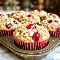 To make Cherry Almond Granola Muffins, you need these key ingredients: - 1 cup all-purpose flour - 1/2 cup rolled oats - 1/2 cup granola (with nuts and seeds) - 1/2 cup brown sugar - 1/2 teaspoon baking soda - 1 teaspoon baking powder - 1/2 teaspoon salt - 1/2 teaspoon ground cinnamon - 1 large egg - 1/4 cup almond milk (or any milk of choice) - 1/4 cup vegetable oil - 1 teaspoon vanilla extract - 1 cup fresh or frozen cherries, pitted and halved - 1/2 cup sliced almonds (for topping) You can swap some ingredients if you like. Here are a few ideas: - Use whole wheat flour instead of all-purpose flour for extra fiber. - Replace brown sugar with coconut sugar for a lower glycemic index. - Use unsweetened applesauce in place of vegetable oil for a healthier option. - Choose any milk like oat or soy instead of almond milk for different flavors. - Use dried cherries if fresh ones are not available, but adjust the sugar. Every ingredient has its perks: - All-purpose flour adds structure and helps the muffins rise. - Rolled oats provide fiber and keep you full longer. - Granola gives a crunchy texture and extra flavor. - Brown sugar adds moisture and a deep, rich taste. - Baking soda and baking powder help the muffins rise and become fluffy. - Salt enhances the overall flavor of the muffins. - Ground cinnamon adds warmth and a cozy aroma. - Egg binds the ingredients and adds protein. - Almond milk keeps the muffins moist and adds a nutty touch. - Vegetable oil makes the muffins tender. - Vanilla extract boosts flavor and makes the muffins more inviting. - Cherries bring sweetness and a pop of color. - Sliced almonds on top give a nice crunch and healthy fats. These ingredients come together to create a tasty treat you can enjoy any time. For the full recipe, check out the detailed instructions below! First, you need to preheat your oven to 350°F (175°C). This helps the muffins rise well. Then, prepare your muffin tin. You can line it with paper liners or spray it with cooking spray. This keeps the muffins from sticking. In a large bowl, mix the dry ingredients. Combine 1 cup of all-purpose flour, 1/2 cup of rolled oats, 1/2 cup of granola, and 1/2 cup of brown sugar. Add 1/2 teaspoon of baking soda, 1 teaspoon of baking powder, 1/2 teaspoon of salt, and 1/2 teaspoon of ground cinnamon. Stir these together until everything blends well. In a separate bowl, whisk your wet ingredients. Crack 1 large egg into the bowl. Then, add 1/4 cup of almond milk, 1/4 cup of vegetable oil, and 1 teaspoon of vanilla extract. Mix them until smooth and creamy. Now, pour the wet mixture into the dry ingredients. Gently stir them together until just combined. Be careful not to over-mix, as this keeps the muffins tender. When the batter is almost ready, fold in the halved cherries. You want them evenly spread throughout the batter. Next, take your muffin batter and divide it among the muffin cups. Fill each cup about two-thirds full. This allows space for the muffins to rise. Sprinkle sliced almonds on top of each muffin for extra crunch. Place the muffin tin in the oven and bake for 18-20 minutes. To check if they’re done, stick a toothpick in the center. If it comes out clean, they are ready. After baking, let them cool in the tin for about 5 minutes. Then, move them to a wire rack to cool completely. For the full recipe, refer to the earlier section. To get soft and fluffy muffins, mix your dry and wet ingredients carefully. Over-mixing can make them dense. When you add flour, do it slowly. Stir gently until just combined. This keeps air in the batter, making them light. Also, make sure your baking powder and baking soda are fresh. They help the muffins rise well. To keep your muffins fresh, let them cool completely. Once cool, place them in an airtight container. You can store them at room temperature for up to three days. If you want them to last longer, freeze them. Wrap each muffin in plastic wrap and place them in a freezer bag. They stay fresh for about three months. Just thaw them at room temperature when you want to eat one. One common mistake is not measuring ingredients correctly. Use measuring cups for flour and sugar. Another mistake is opening the oven door too early. This can make the muffins sink. Wait until they are about halfway done before checking. Lastly, don’t skip the almond topping. It adds great crunch and flavor to your muffins. For the full recipe, check the details above. {{image_2}} You can switch up the fruits in your muffins. Try blueberries for a sweet twist. Raspberries give a nice tart flavor. You can even mix in diced apples or bananas. Each fruit adds its own fun taste and texture. Just keep the fruit amount the same as the cherries in the full recipe. This way, you’ll have a great balance of flavors. If you want to change the nuts, there are many choices. Walnuts add a rich, earthy taste. Pecans bring a buttery flavor that pairs well with fruit. You could even use sunflower seeds for a nut-free option. Just keep the nut amount similar to the sliced almonds for the best results. Want to make these muffins gluten-free? You can swap the all-purpose flour for a gluten-free blend. Look for one that works well in baking. For a vegan version, replace the egg with a flax egg. Mix one tablespoon of flaxseed meal with three tablespoons of water. Let it sit for a few minutes until it thickens. Use plant-based milk instead of almond milk. These easy swaps keep the muffins tasty and healthy! Store your Cherry Almond Granola Muffins in an airtight container. This keeps them fresh. Place a paper towel at the bottom to absorb moisture. The muffins stay good for up to three days at room temperature. If you want them to last longer, store them in the fridge. They will last up to a week when chilled. To freeze, wrap each muffin in plastic wrap. Then, place them in a freezer-safe bag. This method prevents freezer burn. They can last for up to three months in the freezer. When you are ready to eat, simply thaw them in the fridge overnight. Reheat muffins in the microwave for about 15–20 seconds. This warms them up nicely. You can also use an oven. Heat it to 350°F (175°C) and bake for about 5–10 minutes. This way, you get that fresh-baked taste again. Enjoy your muffins warm for the best flavor! For the complete recipe, check the Full Recipe above. You can use any milk you like. Good options are oat milk, soy milk, or regular cow's milk. Each type will give the muffins a slightly different taste. I find that oat milk works great, too. It’s creamy and adds a nice flavor! Yes, you can use dried cherries. They will add a sweet and chewy bite. Just chop them up a bit to mix better in the batter. Dried cherries might make the muffins a bit sweeter, so you might want to cut back on the brown sugar. These muffins stay fresh for about three days at room temperature. If you want them to last longer, store them in the fridge. They can last up to a week when chilled. Just make sure to keep them in an airtight container. Absolutely! You can bake the muffins the night before. They taste great the next day, too. If you want to make them even further in advance, you can freeze them. Just wrap them well and store them in the freezer. When you want to eat one, simply thaw it out and enjoy! For the full recipe, check the details above. This guide covers everything you need to make great muffins. You learned about the key ingredients and their benefits. I shared step-by-step instructions to make the process easy. We explored tips for the best muffin texture and how to store them. Lastly, I offered variations for different tastes. Muffin-making is fun and gives you room to be creative. Enjoy trying new flavors and sharing them with others. Happy baking!