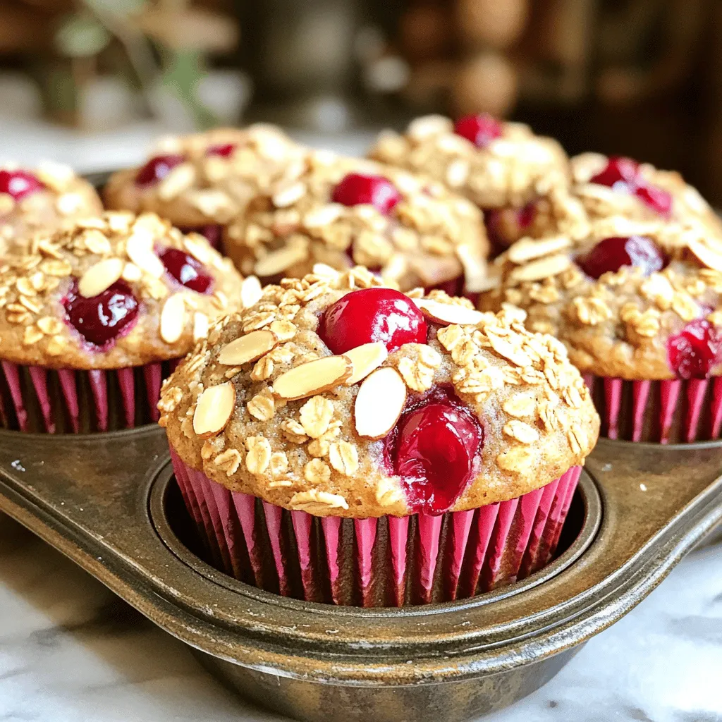 To make Cherry Almond Granola Muffins, you need these key ingredients: - 1 cup all-purpose flour - 1/2 cup rolled oats - 1/2 cup granola (with nuts and seeds) - 1/2 cup brown sugar - 1/2 teaspoon baking soda - 1 teaspoon baking powder - 1/2 teaspoon salt - 1/2 teaspoon ground cinnamon - 1 large egg - 1/4 cup almond milk (or any milk of choice) - 1/4 cup vegetable oil - 1 teaspoon vanilla extract - 1 cup fresh or frozen cherries, pitted and halved - 1/2 cup sliced almonds (for topping) You can swap some ingredients if you like. Here are a few ideas: - Use whole wheat flour instead of all-purpose flour for extra fiber. - Replace brown sugar with coconut sugar for a lower glycemic index. - Use unsweetened applesauce in place of vegetable oil for a healthier option. - Choose any milk like oat or soy instead of almond milk for different flavors. - Use dried cherries if fresh ones are not available, but adjust the sugar. Every ingredient has its perks: - All-purpose flour adds structure and helps the muffins rise. - Rolled oats provide fiber and keep you full longer. - Granola gives a crunchy texture and extra flavor. - Brown sugar adds moisture and a deep, rich taste. - Baking soda and baking powder help the muffins rise and become fluffy. - Salt enhances the overall flavor of the muffins. - Ground cinnamon adds warmth and a cozy aroma. - Egg binds the ingredients and adds protein. - Almond milk keeps the muffins moist and adds a nutty touch. - Vegetable oil makes the muffins tender. - Vanilla extract boosts flavor and makes the muffins more inviting. - Cherries bring sweetness and a pop of color. - Sliced almonds on top give a nice crunch and healthy fats. These ingredients come together to create a tasty treat you can enjoy any time. For the full recipe, check out the detailed instructions below! First, you need to preheat your oven to 350°F (175°C). This helps the muffins rise well. Then, prepare your muffin tin. You can line it with paper liners or spray it with cooking spray. This keeps the muffins from sticking. In a large bowl, mix the dry ingredients. Combine 1 cup of all-purpose flour, 1/2 cup of rolled oats, 1/2 cup of granola, and 1/2 cup of brown sugar. Add 1/2 teaspoon of baking soda, 1 teaspoon of baking powder, 1/2 teaspoon of salt, and 1/2 teaspoon of ground cinnamon. Stir these together until everything blends well. In a separate bowl, whisk your wet ingredients. Crack 1 large egg into the bowl. Then, add 1/4 cup of almond milk, 1/4 cup of vegetable oil, and 1 teaspoon of vanilla extract. Mix them until smooth and creamy. Now, pour the wet mixture into the dry ingredients. Gently stir them together until just combined. Be careful not to over-mix, as this keeps the muffins tender. When the batter is almost ready, fold in the halved cherries. You want them evenly spread throughout the batter. Next, take your muffin batter and divide it among the muffin cups. Fill each cup about two-thirds full. This allows space for the muffins to rise. Sprinkle sliced almonds on top of each muffin for extra crunch. Place the muffin tin in the oven and bake for 18-20 minutes. To check if they’re done, stick a toothpick in the center. If it comes out clean, they are ready. After baking, let them cool in the tin for about 5 minutes. Then, move them to a wire rack to cool completely. For the full recipe, refer to the earlier section. To get soft and fluffy muffins, mix your dry and wet ingredients carefully. Over-mixing can make them dense. When you add flour, do it slowly. Stir gently until just combined. This keeps air in the batter, making them light. Also, make sure your baking powder and baking soda are fresh. They help the muffins rise well. To keep your muffins fresh, let them cool completely. Once cool, place them in an airtight container. You can store them at room temperature for up to three days. If you want them to last longer, freeze them. Wrap each muffin in plastic wrap and place them in a freezer bag. They stay fresh for about three months. Just thaw them at room temperature when you want to eat one. One common mistake is not measuring ingredients correctly. Use measuring cups for flour and sugar. Another mistake is opening the oven door too early. This can make the muffins sink. Wait until they are about halfway done before checking. Lastly, don’t skip the almond topping. It adds great crunch and flavor to your muffins. For the full recipe, check the details above. {{image_2}} You can switch up the fruits in your muffins. Try blueberries for a sweet twist. Raspberries give a nice tart flavor. You can even mix in diced apples or bananas. Each fruit adds its own fun taste and texture. Just keep the fruit amount the same as the cherries in the full recipe. This way, you’ll have a great balance of flavors. If you want to change the nuts, there are many choices. Walnuts add a rich, earthy taste. Pecans bring a buttery flavor that pairs well with fruit. You could even use sunflower seeds for a nut-free option. Just keep the nut amount similar to the sliced almonds for the best results. Want to make these muffins gluten-free? You can swap the all-purpose flour for a gluten-free blend. Look for one that works well in baking. For a vegan version, replace the egg with a flax egg. Mix one tablespoon of flaxseed meal with three tablespoons of water. Let it sit for a few minutes until it thickens. Use plant-based milk instead of almond milk. These easy swaps keep the muffins tasty and healthy! Store your Cherry Almond Granola Muffins in an airtight container. This keeps them fresh. Place a paper towel at the bottom to absorb moisture. The muffins stay good for up to three days at room temperature. If you want them to last longer, store them in the fridge. They will last up to a week when chilled. To freeze, wrap each muffin in plastic wrap. Then, place them in a freezer-safe bag. This method prevents freezer burn. They can last for up to three months in the freezer. When you are ready to eat, simply thaw them in the fridge overnight. Reheat muffins in the microwave for about 15–20 seconds. This warms them up nicely. You can also use an oven. Heat it to 350°F (175°C) and bake for about 5–10 minutes. This way, you get that fresh-baked taste again. Enjoy your muffins warm for the best flavor! For the complete recipe, check the Full Recipe above. You can use any milk you like. Good options are oat milk, soy milk, or regular cow's milk. Each type will give the muffins a slightly different taste. I find that oat milk works great, too. It’s creamy and adds a nice flavor! Yes, you can use dried cherries. They will add a sweet and chewy bite. Just chop them up a bit to mix better in the batter. Dried cherries might make the muffins a bit sweeter, so you might want to cut back on the brown sugar. These muffins stay fresh for about three days at room temperature. If you want them to last longer, store them in the fridge. They can last up to a week when chilled. Just make sure to keep them in an airtight container. Absolutely! You can bake the muffins the night before. They taste great the next day, too. If you want to make them even further in advance, you can freeze them. Just wrap them well and store them in the freezer. When you want to eat one, simply thaw it out and enjoy! For the full recipe, check the details above. This guide covers everything you need to make great muffins. You learned about the key ingredients and their benefits. I shared step-by-step instructions to make the process easy. We explored tips for the best muffin texture and how to store them. Lastly, I offered variations for different tastes. Muffin-making is fun and gives you room to be creative. Enjoy trying new flavors and sharing them with others. Happy baking!
