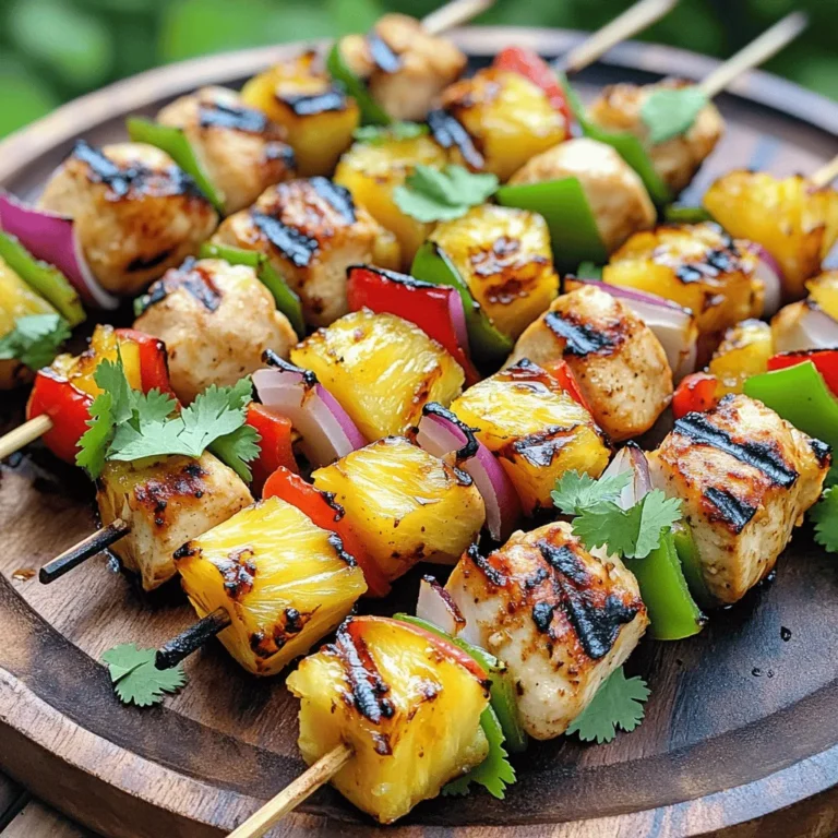 - 1 lb boneless, skinless chicken breast, cut into 1-inch cubes - 1 cup fresh pineapple, cut into 1-inch cubes - 1 red bell pepper, cut into 1-inch pieces - 1 green bell pepper, cut into 1-inch pieces - 1 small red onion, cut into wedges For this dish, I choose chicken breast for its mild taste and tender texture. Fresh pineapple adds a sweet and tangy flavor. The bell peppers bring color and crunch, making every bite exciting. - 2 tablespoons olive oil - 3 tablespoons soy sauce (or tamari for gluten-free) - 2 tablespoons honey The marinade makes the chicken juicy. Olive oil gives richness, while soy sauce adds depth. Honey balances the saltiness with a touch of sweetness. - 1 teaspoon garlic powder - 1 teaspoon ground ginger - Salt and pepper to taste Garlic powder and ground ginger enhance the flavor of the chicken. Salt and pepper are key to making every ingredient shine. This recipe is simple yet full of flavor. You can check the [Full Recipe] for all the steps to create this dish. Enjoy the vibrant tastes of grilled pineapple chicken skewers! To start, we need to mix the marinade. In a bowl, whisk together: - 2 tablespoons olive oil - 3 tablespoons soy sauce - 2 tablespoons honey - 1 teaspoon garlic powder - 1 teaspoon ground ginger - Salt and pepper to taste This mix brings a sweet and savory flavor to the chicken. Next, add 1 pound of cubed chicken breast to the bowl. Make sure each piece is coated well with the marinade. Cover the bowl and place it in the fridge for at least 30 minutes. For deeper flavor, let it marinate for up to 2 hours. While the chicken marinates, soak your wooden skewers in water for about 30 minutes. This step helps prevent burning on the grill. After soaking, it's time to assemble the skewers. Thread the marinated chicken cubes onto the soaked skewers. Alternate with 1 cup of fresh pineapple cubes, 1 red bell pepper, 1 green bell pepper, and 1 small red onion. You can mix the order and colors to make it pretty! Now, let’s get grilling! Preheat your grill to medium-high heat. This step is important for getting nice grill marks. Once the grill is ready, place the skewers on it. Cook for about 10 to 12 minutes, turning them occasionally. This ensures even cooking. The chicken should be cooked through and have lovely grill marks. When done, remove the skewers from the grill. Let them rest for a few minutes before serving. Enjoy your grilled pineapple chicken skewers! For the full recipe, see the instructions above. Marinating chicken is key for great flavor. I recommend a minimum of 30 minutes. For the best taste, aim for 2 hours. This lets the chicken soak up all the tasty marinade. Use a tight lid or plastic wrap to cover the bowl. Refrigerate it while you wait. The longer you marinate, the more flavor you get. To check your grill heat, hold your hand above the grill grates. If you can keep it there for 2 seconds, it's high heat. For medium-high, you should hold it for 4 seconds. This is perfect for cooking your skewers. Preheat your grill for about 10 minutes. This helps create nice grill marks and keeps the chicken juicy. When serving your skewers, think about color and freshness. Lay them on a bright plate. Add fresh cilantro on top for a pop of green. You can also serve them with lime wedges for a zesty kick. If you want, add a side of rice or a fresh salad. This makes a complete meal that looks and tastes great. For the full recipe, check out the details above. {{image_2}} When you want to mix things up, try different ingredients in your grilled pineapple chicken skewers. You can use shrimp instead of chicken. Shrimp cooks fast and adds a nice twist. Tofu is another great choice for a meatless option. It soaks up flavors well and is perfect for grilling. For veggies, think about using seasonal produce. Zucchini, mushrooms, or cherry tomatoes all work well. These options not only add color but also vary the taste. Changing up your marinade can make a big difference. If you like heat, add red pepper flakes or a dash of hot sauce. This can give your skewers a spicy kick that is very tasty. If you want more sweetness, try adding more honey or even some brown sugar. This balances the savory flavors nicely. Adjusting the marinade can make your skewers feel fresh and new every time. For the full recipe, check out the complete instructions for making these delicious skewers! To store leftover grilled pineapple chicken skewers, let them cool first. Place them in an airtight container. This keeps them fresh and safe. You can keep them in the fridge for up to three days. Make sure they are well sealed to avoid drying out. Reheating skewers can be tricky. You want to keep them juicy. The best way is to use a skillet. Heat a little oil in the pan over medium heat. Add the skewers and cover them. This traps the steam and helps heat them evenly. Cook for about 3-5 minutes on each side. You can also reheat them in the oven at 350°F for 10-15 minutes. If you want to save skewers for later, freezing is a great option. First, let the skewers cool completely. Then, wrap each skewer in plastic wrap. After that, place them in a freezer bag. This keeps air out and prevents freezer burn. You can freeze them for up to two months. To thaw, move them to the fridge a day before you plan to eat them. You should cook chicken on skewers for about 10-12 minutes. This timing works well on medium-high heat. Make sure to turn the skewers often. This helps prevent burning and ensures even cooking. The chicken should reach an internal temperature of 165°F. Use a meat thermometer for accuracy. Yes, you can use many fruits with chicken skewers! Here are some great options: - Mango: Adds sweetness. - Peaches: Offers a juicy burst. - Zucchini: Adds a fresh crunch. - Cherry tomatoes: Bright and tangy. Feel free to mix and match for fun flavors! Grilled chicken skewers pair well with many side dishes. Here are some tasty choices: - Rice: A simple, filling option. - Salad: A light, crisp complement. - Grilled veggies: Enhance the smoky flavor. - Corn on the cob: Sweet and fun to eat. Try these sides to make your meal complete! For the full recipe, check out the main article. Grilled pineapple chicken skewers are easy and fun to make. You learned about essential ingredients like chicken, pineapple, and bell peppers. We walked through mixing marinades and creating the perfect skewers. Tips on grilling and serving add extra flavor and style. Remember, you can mix up ingredients for more fun. Try different proteins or spices! Enjoy these tasty skewers anytime, and don’t forget to share with friends. Happy grilling!
