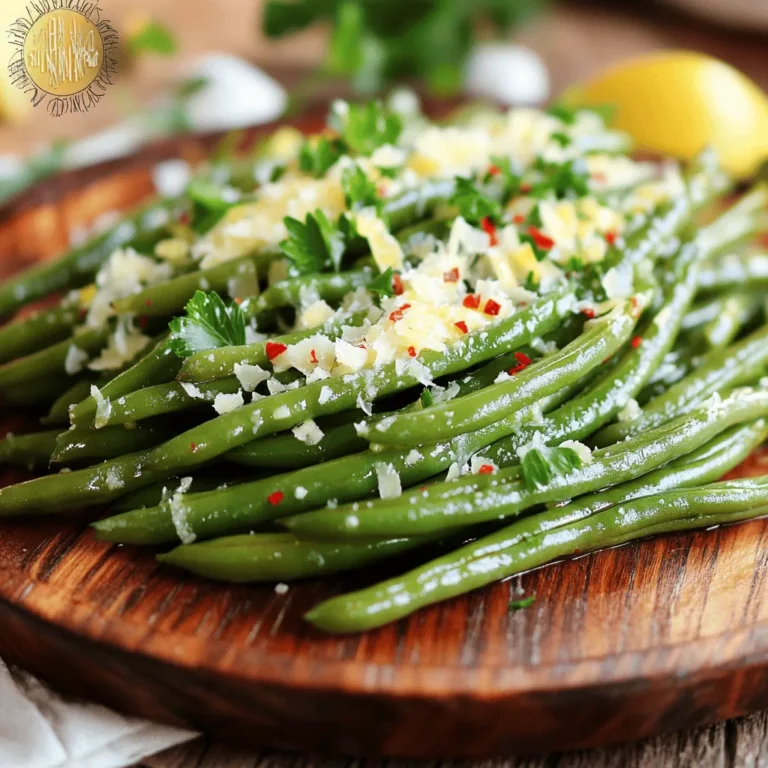 Here’s what you need for Garlic Parmesan Green Beans. Make sure you have fresh items for the best taste. - 1 pound fresh green beans, trimmed - 3 tablespoons olive oil - 4 cloves garlic, minced - 1/2 cup grated Parmesan cheese - 1 teaspoon lemon zest - Salt and pepper to taste - 1/4 teaspoon red pepper flakes (optional) - Fresh parsley, chopped (for garnish) Gather all these ingredients before you start cooking. Fresh green beans give the best flavor and crunch. The minced garlic brings aroma and taste. Parmesan cheese adds creaminess and richness. Lemon zest lifts the dish with a bright note. Salt and pepper enhance all the flavors. You can add red pepper flakes for a bit of heat. Finally, fresh parsley not only looks nice but adds freshness. This simple list is all you need for a tasty side dish. You can find the Full Recipe for detailed steps on how to prepare this dish. Enjoy each bite of these flavorful green beans! 1. Start by bringing a pot of salted water to a boil. This step is key for bright green beans. 2. Add the green beans to the boiling water. Blanch them for 3-4 minutes. They should be tender-crisp and vibrant. 3. Prepare an ice bath in a large bowl. This will stop the cooking and keep the beans bright. 4. Once blanched, drain the beans and transfer them to the ice bath. Let them sit for a few minutes before draining again. 1. Heat a large skillet over medium heat. Add the olive oil when the pan is hot. 2. Toss in the minced garlic. Sauté for 1-2 minutes until it smells amazing. Do not let it brown, as burnt garlic tastes bitter. 3. Add the blanched green beans to the skillet. Toss them in the garlic oil so they are well coated. Sauté for 3-4 more minutes until hot. 1. Remove the skillet from heat. Stir in the grated Parmesan cheese and lemon zest. 2. Season with salt and pepper to taste. If you want some heat, add red pepper flakes. 3. Toss everything until the cheese coats the green beans evenly. 4. Transfer the green beans to a serving platter. Garnish with fresh parsley before serving. These steps will lead you to a delicious dish that's easy to make. For more details, check out the Full Recipe. - Choosing the freshest green beans: Look for bright green beans with a firm feel. They should snap easily when bent. Fresh beans taste better and have a nice crunch. - Best practices for sautéing garlic without burning: Use medium heat to cook your garlic. This way, it will turn fragrant without browning too much. Stir it often to keep it from sticking and burning. If it starts to brown, it will taste bitter. - Optional ingredients for added flavor: You can add lemon juice for a citrus kick. A sprinkle of balsamic vinegar adds a sweet tang. For more texture, try adding toasted nuts like almonds or pine nuts. - Recommended side dishes to pair with the recipe: Garlic Parmesan green beans go well with grilled chicken or fish. They also pair nicely with quinoa or rice. For a complete meal, serve them alongside a fresh salad. For the complete recipe, check out the [Full Recipe]. {{image_2}} You can change the flavor of Garlic Parmesan Green Beans by using different cheeses. Try using feta or goat cheese for a tangy twist. For a creamy option, blend in some cream cheese or ricotta. Each cheese adds its own taste and texture, making the dish unique. You can also add more vegetables to your green beans. Carrots, bell peppers, or cherry tomatoes work great. Just chop them into small pieces and sauté them with the garlic. This not only adds color but also boosts the nutrition of the dish. If you follow a vegan diet, you can make Garlic Parmesan Green Beans without dairy. Use nutritional yeast instead of Parmesan. It gives a cheesy flavor without the milk. You can also use olive oil or coconut oil for a tasty base. For a low-carb variation, skip the Parmesan cheese altogether. Instead, focus on the garlic and olive oil for flavor. You can still enjoy the crunch of the green beans while keeping the carbs down. These variations let you customize the dish to fit your taste and dietary needs. For the full recipe, check out the details above. To store leftovers, place the green beans in an airtight container. This keeps them fresh and tasty. You can keep them in the fridge for up to three days. Make sure to let them cool before sealing. When reheating, use a skillet over low heat. This method helps keep the green beans crisp. Stir them often to avoid burning. You can also microwave them for 30 seconds, then check. If they need more time, heat in short bursts. For freezing, I suggest you place them in a freezer-safe bag. Remove as much air as possible before sealing. They will last for up to three months. When ready to eat, thaw in the fridge overnight before reheating. For the full recipe, check the earlier section. Can I use frozen green beans for this recipe? Yes, you can use frozen green beans. They can save time but may change the texture. You should thaw them first and pat them dry. This helps the green beans cook better and not become mushy. How do I make this dish gluten-free? This dish is naturally gluten-free. Just ensure that your Parmesan cheese does not contain gluten. Most brands are safe, but check the label to be sure. What is the best way to blanch green beans? To blanch green beans, boil water in a pot and add salt. Once it boils, add the green beans for 3-4 minutes. They should look bright green. Quickly move them to ice water to stop cooking. This keeps them crisp and bright. How can I make the green beans crispy? To make crispy green beans, ensure you do not overcook them during blanching. After sautéing, let them cook for a minute longer in the pan. This helps to achieve that nice crunch. What can I serve with Garlic Parmesan Green Beans? These green beans pair well with grilled chicken, steak, or fish. You can also serve them with pasta or rice for a complete meal. They add a nice pop of flavor to any plate. How to adjust recipe servings for larger groups? You can easily double or triple the recipe. Just make sure you have a large enough skillet or cook in batches. The cooking time may vary slightly, so keep an eye on the green beans. For the full recipe, refer to the earlier section. In this blog post, we explored how to make Garlic Parmesan Green Beans. We covered the ingredients, step-by-step instructions, and helpful tips. You learned about variations and how to store leftovers. These green beans are tasty and easy to make. Feel free to adjust flavors based on your taste. Enjoy making this dish for your family and friends. A simple recipe can elevate any meal!