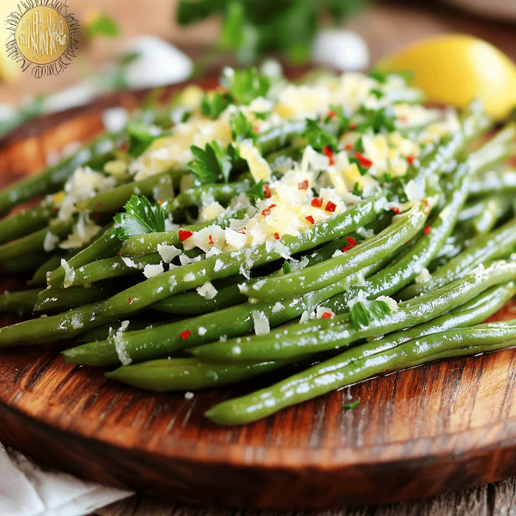 Here’s what you need for Garlic Parmesan Green Beans. Make sure you have fresh items for the best taste. - 1 pound fresh green beans, trimmed - 3 tablespoons olive oil - 4 cloves garlic, minced - 1/2 cup grated Parmesan cheese - 1 teaspoon lemon zest - Salt and pepper to taste - 1/4 teaspoon red pepper flakes (optional) - Fresh parsley, chopped (for garnish) Gather all these ingredients before you start cooking. Fresh green beans give the best flavor and crunch. The minced garlic brings aroma and taste. Parmesan cheese adds creaminess and richness. Lemon zest lifts the dish with a bright note. Salt and pepper enhance all the flavors. You can add red pepper flakes for a bit of heat. Finally, fresh parsley not only looks nice but adds freshness. This simple list is all you need for a tasty side dish. You can find the Full Recipe for detailed steps on how to prepare this dish. Enjoy each bite of these flavorful green beans! 1. Start by bringing a pot of salted water to a boil. This step is key for bright green beans. 2. Add the green beans to the boiling water. Blanch them for 3-4 minutes. They should be tender-crisp and vibrant. 3. Prepare an ice bath in a large bowl. This will stop the cooking and keep the beans bright. 4. Once blanched, drain the beans and transfer them to the ice bath. Let them sit for a few minutes before draining again. 1. Heat a large skillet over medium heat. Add the olive oil when the pan is hot. 2. Toss in the minced garlic. Sauté for 1-2 minutes until it smells amazing. Do not let it brown, as burnt garlic tastes bitter. 3. Add the blanched green beans to the skillet. Toss them in the garlic oil so they are well coated. Sauté for 3-4 more minutes until hot. 1. Remove the skillet from heat. Stir in the grated Parmesan cheese and lemon zest. 2. Season with salt and pepper to taste. If you want some heat, add red pepper flakes. 3. Toss everything until the cheese coats the green beans evenly. 4. Transfer the green beans to a serving platter. Garnish with fresh parsley before serving. These steps will lead you to a delicious dish that's easy to make. For more details, check out the Full Recipe. - Choosing the freshest green beans: Look for bright green beans with a firm feel. They should snap easily when bent. Fresh beans taste better and have a nice crunch. - Best practices for sautéing garlic without burning: Use medium heat to cook your garlic. This way, it will turn fragrant without browning too much. Stir it often to keep it from sticking and burning. If it starts to brown, it will taste bitter. - Optional ingredients for added flavor: You can add lemon juice for a citrus kick. A sprinkle of balsamic vinegar adds a sweet tang. For more texture, try adding toasted nuts like almonds or pine nuts. - Recommended side dishes to pair with the recipe: Garlic Parmesan green beans go well with grilled chicken or fish. They also pair nicely with quinoa or rice. For a complete meal, serve them alongside a fresh salad. For the complete recipe, check out the [Full Recipe]. {{image_2}} You can change the flavor of Garlic Parmesan Green Beans by using different cheeses. Try using feta or goat cheese for a tangy twist. For a creamy option, blend in some cream cheese or ricotta. Each cheese adds its own taste and texture, making the dish unique. You can also add more vegetables to your green beans. Carrots, bell peppers, or cherry tomatoes work great. Just chop them into small pieces and sauté them with the garlic. This not only adds color but also boosts the nutrition of the dish. If you follow a vegan diet, you can make Garlic Parmesan Green Beans without dairy. Use nutritional yeast instead of Parmesan. It gives a cheesy flavor without the milk. You can also use olive oil or coconut oil for a tasty base. For a low-carb variation, skip the Parmesan cheese altogether. Instead, focus on the garlic and olive oil for flavor. You can still enjoy the crunch of the green beans while keeping the carbs down. These variations let you customize the dish to fit your taste and dietary needs. For the full recipe, check out the details above. To store leftovers, place the green beans in an airtight container. This keeps them fresh and tasty. You can keep them in the fridge for up to three days. Make sure to let them cool before sealing. When reheating, use a skillet over low heat. This method helps keep the green beans crisp. Stir them often to avoid burning. You can also microwave them for 30 seconds, then check. If they need more time, heat in short bursts. For freezing, I suggest you place them in a freezer-safe bag. Remove as much air as possible before sealing. They will last for up to three months. When ready to eat, thaw in the fridge overnight before reheating. For the full recipe, check the earlier section. Can I use frozen green beans for this recipe? Yes, you can use frozen green beans. They can save time but may change the texture. You should thaw them first and pat them dry. This helps the green beans cook better and not become mushy. How do I make this dish gluten-free? This dish is naturally gluten-free. Just ensure that your Parmesan cheese does not contain gluten. Most brands are safe, but check the label to be sure. What is the best way to blanch green beans? To blanch green beans, boil water in a pot and add salt. Once it boils, add the green beans for 3-4 minutes. They should look bright green. Quickly move them to ice water to stop cooking. This keeps them crisp and bright. How can I make the green beans crispy? To make crispy green beans, ensure you do not overcook them during blanching. After sautéing, let them cook for a minute longer in the pan. This helps to achieve that nice crunch. What can I serve with Garlic Parmesan Green Beans? These green beans pair well with grilled chicken, steak, or fish. You can also serve them with pasta or rice for a complete meal. They add a nice pop of flavor to any plate. How to adjust recipe servings for larger groups? You can easily double or triple the recipe. Just make sure you have a large enough skillet or cook in batches. The cooking time may vary slightly, so keep an eye on the green beans. For the full recipe, refer to the earlier section. In this blog post, we explored how to make Garlic Parmesan Green Beans. We covered the ingredients, step-by-step instructions, and helpful tips. You learned about variations and how to store leftovers. These green beans are tasty and easy to make. Feel free to adjust flavors based on your taste. Enjoy making this dish for your family and friends. A simple recipe can elevate any meal!