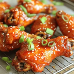 - Chicken Wings You need 2 lbs of chicken wings. They should be fresh and not frozen. - Marinade Components - 2 tablespoons soy sauce - 2 tablespoons gochujang (Korean red chili paste) - 1 tablespoon honey - 1 tablespoon sesame oil - 3 cloves garlic, minced - 1-inch piece ginger, grated - 1 teaspoon rice vinegar - 1 teaspoon black pepper These ingredients create a rich and spicy flavor. Gochujang adds heat and depth. Honey balances the spice with sweetness. Garlic and ginger bring freshness and warmth. - Garnishes - 2 green onions, chopped - Sesame seeds These add color and crunch to your wings. They make the dish look appealing and taste fresh. For the full recipe, check out Spicy Korean Chicken Wings. To make the marinade, grab a large bowl. Add 2 tablespoons of soy sauce, 2 tablespoons of gochujang, and 1 tablespoon of honey. Then, pour in 1 tablespoon of sesame oil. Next, add 3 minced cloves of garlic and 1-inch piece of grated ginger. Finish with 1 teaspoon of rice vinegar and 1 teaspoon of black pepper. Mix everything well to combine. You want a smooth blend that packs a punch of flavor. Take 2 pounds of chicken wings and place them into the marinade. Make sure each wing gets coated well. Cover the bowl with plastic wrap. It’s best to marinate them for at least 1 hour. If you have time, let them marinate overnight. This step adds deep flavor and makes the wings extra tasty. First, preheat your oven to 425°F (220°C). Line a baking sheet with aluminum foil for easy cleanup. Place a wire rack on top of the sheet. This lets the heat circulate around the wings for even cooking. Next, arrange the marinated wings in a single layer on the rack. Bake them for 30 to 35 minutes. Turn them halfway through for even crispiness. For the final touch, switch to broil for the last 5 minutes. Keep a close eye on them to avoid burning. Once done, let them rest before serving. Garnish with chopped green onions and sesame seeds for a beautiful finish. For detailed instructions, check the Full Recipe. For crispy wings, the wire rack is key. It lets hot air flow all around. Bake at 425°F for great results. Flip the wings halfway through cooking. Broiling at the end makes them extra crunchy. Watch them closely to prevent burning. Want to boost flavor? Add a splash of lime juice to the marinade. A touch of brown sugar gives a nice caramelization. You can also toss in some chili flakes for an extra kick. Experiment with garlic powder or onion powder for more depth. Serve wings hot and fresh from the oven. They pair well with a cool dip, like ranch or blue cheese. Add fresh veggies like carrot and celery sticks for crunch. For a fun twist, try them in tacos with slaw. For the full recipe, check out the complete guide. {{image_2}} You can change the flavor of these wings easily. Try adding different sauces or spices. For a sweet twist, use maple syrup instead of honey. For a tangy kick, add lime juice. You can also mix in some chili flakes for more heat. If you like garlic, add more minced garlic to the marinade. Each change gives you a new treat. Using an air fryer is a great option. It cooks the wings faster and keeps them crispy. First, marinate the wings as usual. After marinating, preheat your air fryer to 400°F (200°C). Place the wings in a single layer in the basket. Cook for about 25 minutes, flipping halfway. They will be crispy and tasty! Grilling adds a smoky flavor that is hard to beat. Start by marinating the wings just like in the recipe. Preheat your grill to medium-high heat. Place the wings on the grill and cook for about 20 minutes. Turn the wings every few minutes. This ensures they cook evenly and get those nice grill marks. You can brush them with extra marinade while grilling for more flavor. Enjoy these wings hot off the grill! For the complete recipe, check out the Full Recipe. After enjoying your spicy Korean chicken wings, store any leftovers in an airtight container. Make sure they cool down first. This keeps them fresh for 3 to 4 days in the fridge. If you want to keep them longer, consider freezing. To reheat your wings, use an oven or an air fryer. Preheat your oven to 350°F (175°C). Place the wings on a baking sheet. Heat for about 10 to 15 minutes, flipping halfway through. This keeps them crispy. If using an air fryer, set it to 375°F (190°C) for 5 to 7 minutes. For long-term storage, freeze the chicken wings after cooking. Place them in a freezer-safe bag or container. They can last up to 3 months. When ready to eat, defrost in the fridge overnight. Reheat as mentioned above for the best taste. Follow the Full Recipe for a delicious meal anytime! Gochujang is a thick Korean paste made from red chili pepper. It has a sweet, spicy, and slightly fermented flavor. This ingredient adds depth to many dishes. It’s key in this spicy Korean chicken wings recipe. You can find gochujang in Asian markets or online. Yes, you can use different chicken parts if you like. Drumsticks and thighs work well, too. Just remember, cooking times may change. Wings cook fast, but other parts may take longer to bake. Ensure all chicken is cooked to an internal temp of 165°F (75°C) for safety. To reduce the heat, you can add more honey to the marinade. This balances the spice with sweetness. You can also lower the amount of gochujang used. Mixing in some plain yogurt or sour cream can help cool it down, too. Adjust to your taste for a milder flavor. For the full recipe, check out the Spicy Korean Chicken Wings section above. You learned how to make tasty chicken wings from scratch. We covered the key ingredients, from the chicken to the garnishes. I shared easy steps for marinating, baking, and broiling. You got tips for crispiness and flavor tweaks. Plus, we explored different ways to cook wings and store leftovers. Try these ideas, and enjoy your delicious creations. Cooking can be fun and rewarding. Enjoy your wings and share them with friends!