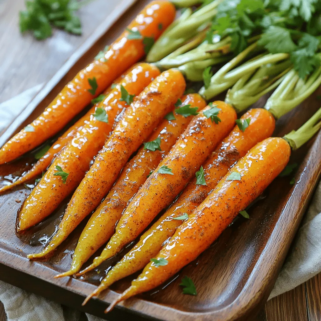 - 1 pound baby carrots, peeled and trimmed - 2 tablespoons olive oil - 3 tablespoons pure maple syrup - 1 teaspoon ground cinnamon - 1/2 teaspoon ground nutmeg - 1/4 teaspoon cayenne pepper (optional) - Salt and black pepper to taste - Fresh parsley for garnish To make spiced maple roasted carrots, you need fresh ingredients. Start with baby carrots. They are sweet and tender. The olive oil gives the carrots a nice shine and helps the spices stick. Pure maple syrup adds a rich sweetness that balances the spices. Ground cinnamon and nutmeg bring warmth and depth to the dish. If you like some heat, add cayenne pepper. Just a little gives a nice kick. Salt and black pepper enhance all the flavors. Finally, fresh parsley adds a pop of color and freshness to your dish when serving. You can find the complete recipe for spiced maple roasted carrots [Full Recipe]. This dish is simple, yet it offers a delightful mix of savory and sweet. Enjoy cooking! - Preheat the oven to 425°F (220°C). This high heat helps the carrots roast well. It gives them a nice caramelization. - Prepare the maple spice mixture. In a large bowl, mix two tablespoons of olive oil and three tablespoons of pure maple syrup. Add one teaspoon of ground cinnamon, half a teaspoon of ground nutmeg, and a pinch of cayenne pepper if you want some heat. Season with salt and black pepper to taste. Whisk these together until smooth. - Coat the carrots and spread on a baking sheet. Add one pound of peeled and trimmed baby carrots to the bowl with the maple spice mixture. Toss them well so each carrot gets coated. Then, lay the carrots in a single layer on a baking sheet lined with parchment paper. This keeps them from sticking. - Roasting time and stirring tips. Roast the carrots for about 25 to 30 minutes. Halfway through, give them a good stir. This helps them cook evenly and get that lovely golden color. - Cooling and serving suggestions. When the carrots are done, take them out of the oven and let them cool slightly. This makes them easier to handle. You can serve them warm or at room temperature. - Garnishing the dish. Transfer the roasted carrots to a serving dish. Sprinkle some finely chopped fresh parsley on top. It adds a bright color and fresh taste. For the full recipe, check out the complete guide above. To make your spiced maple roasted carrots shine, balance the sweetness of maple syrup with spices. The cinnamon and nutmeg add warmth, while cayenne gives a spicy kick. Adjust these spices to suit your taste. If you want to enhance the flavor, try adding garlic powder or a splash of balsamic vinegar. These add depth and a unique twist to the dish. One common mistake is overcrowding the baking sheet. If you pile the carrots too close, they won’t roast evenly. Make sure they are in a single layer. Another mistake is not adjusting the roasting time for larger carrots. If your carrots are thicker, they need more time to cook. Check for tenderness by piercing them with a fork. Presentation makes a big difference in how your dish is received. Serve the carrots on a bright platter for a pop of color. You can arrange them in a circle or in a line for a fun look. Sprinkle freshly chopped parsley on top for a fresh touch. This not only adds color but also a hint of flavor. Enjoy your beautifully presented spiced maple roasted carrots! {{image_2}} You can swap vegetables for a new twist. Try using sweet potatoes or parsnips. Both have a nice sweetness that blends well with the spices. If you're feeling adventurous, use beets for a vibrant color and flavor. For sweeteners, maple syrup shines, but honey or agave syrup works too. You can also use coconut oil instead of olive oil. This change adds a slight coconut flavor, which can be delightful. Want to change the taste? Add citrus juice or zest. Lemon or orange brightens the dish and adds freshness. For extra spice, mix in chili powder or smoked paprika. This gives a warm heat that pairs well with the sweetness. To make it sweeter, add a touch more maple syrup. Adjusting spices can help you find your perfect balance. Just remember, a little goes a long way! Spiced maple roasted carrots pair well with many dishes. They complement roasted chicken or turkey nicely. You can also serve them alongside grilled fish for a light meal. If you want a veggie-centered dish, try them with quinoa or farro. The flavors mix well, and they add a nice crunch. For a cozy meal, serve them with mashed potatoes or creamy polenta. For the full recipe, check out the details above. After enjoying your spiced maple roasted carrots, store any leftovers in the fridge. Place them in an airtight container. This keeps them fresh and tasty. They will last about three to four days. Make sure they cool down first before sealing the container. This helps prevent moisture buildup. To reheat your carrots, you have a few great options. The oven works best for keeping their texture. Preheat it to 350°F (175°C). Spread the carrots on a baking sheet and heat for about 10 minutes. You can also use a microwave. Just place them in a microwave-safe dish and cover it loosely. Heat in short bursts, stirring in between, until warm. You can freeze spiced maple roasted carrots if you want to save them for later. However, freezing may change their texture. To freeze, let them cool completely. Then, place them in a freezer-safe bag or container. Squeeze out as much air as possible. They can last for up to three months in the freezer. When ready to eat, thaw them overnight in the fridge before reheating. Enjoy this delightful dish again, even after some time! For the complete recipe, check out the [Full Recipe]. Yes, you can use regular carrots. Just cut them into sticks. Aim for similar sizes so they cook evenly. Baby carrots are sweeter, but regular ones work just fine. To serve more people, simply double or triple the ingredients. Keep the same cooking time, but check for doneness. Larger amounts may need a little extra time in the oven. These carrots go great with roasted chicken or grilled steak. They also complement rice dishes and salads. Their sweet and spicy flavor balances well with savory foods. Yes, you can make it vegan by using maple syrup as your sweetener. Just stick to the other ingredients listed in the recipe. They add great flavor without any animal products. For the full recipe, check above. This guide showed you how to make spiced maple roasted carrots. You learned about key ingredients, step-by-step instructions, and useful tips. Remember to balance sweetness with spices for the best flavor. Avoid common mistakes, like overcrowding the baking sheet. Try adding other veggies or spices for new tastes. Store leftovers in the fridge for a few days or freeze them for later. Now, you can impress friends and family with this tasty dish. Enjoy your cooking adventure!