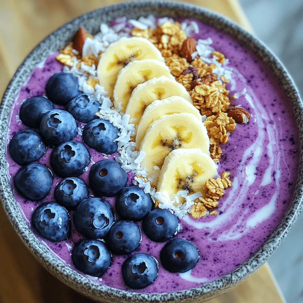 To make a Blueberry Coconut Smoothie Bowl, gather these main ingredients: - 1 cup frozen blueberries - 1 ripe banana - 1/2 cup coconut milk (or nut milk) - 1 tablespoon chia seeds - 1 tablespoon shredded coconut - 1 tablespoon maple syrup (optional) These ingredients blend together to create a creamy, flavorful base. The frozen blueberries add a burst of flavor and coolness. A ripe banana gives the smoothie a natural sweetness and a smooth texture. Coconut milk makes it rich and creamy, while chia seeds add healthy fiber. The shredded coconut gives extra coconut flavor and texture. You can add maple syrup if you like it sweeter. For added fun, try these suggested toppings: - Fresh blueberries - Sliced banana - Granola - Shredded coconut - Nuts These tasty toppings not only look great but also add crunch and extra nutrients. Fresh blueberries and sliced banana enhance the fruity taste. Granola adds a satisfying crunch. Nuts bring healthy fats and protein to your bowl. You can mix and match your toppings for variety. For the full recipe and details, visit the [Full Recipe]. To make the smoothie base, you need to blend your ingredients well. Start with the frozen blueberries, banana, and coconut milk. Add the chia seeds and shredded coconut for added texture. If you like it sweeter, drizzle in maple syrup. Blend on high until the mix is smooth and creamy. Scrape the sides of the blender if needed. The perfect texture is thick but pourable. If it’s too thick, add a little more coconut milk. Taste your smoothie. If it’s not sweet enough, add a bit more maple syrup and blend again. This way, you get a flavor that you love. Now, it’s time to pour your smoothie into a bowl. Use a spoon to create a swirl on the top. This makes it look really nice. Next, add your toppings. Arrange fresh blueberries, sliced banana, and granola on top. Sprinkle a bit more shredded coconut and some nuts for crunch. You can even drizzle more coconut milk around the edges for a fancy touch. Enjoy your Blueberry Coconut Smoothie Bowl right away. It looks great and tastes even better. For the full recipe, check the section above. To make the best blueberry coconut smoothie bowl, start with your blueberries. Look for ripe, juicy blueberries. They should be deep blue and firm. Fresh blueberries taste great, but frozen ones work well too. They make your bowl cold and creamy. Coconut milk adds a rich flavor, but you can use nut milk if you prefer. Coconut milk is creamy and thick, while nut milk is lighter and often has a nutty taste. Choosing the right blender is key. A high-powered blender works best for smooth results. It makes blending frozen fruits easy. If you don't have a high-powered one, blend in small batches. You want a creamy texture without lumps. If your smoothie is too thick, add a splash more coconut milk. Blend until it’s smooth and the right creaminess is reached. This smoothie bowl is a perfect snack or light meal. You can enjoy it for breakfast or a midday treat. Pair it with whole-grain toast or a handful of nuts for extra energy. Serve it right after making for the best taste. You can also drizzle some coconut milk on top for a pretty look. Enjoy your blueberry coconut smoothie bowl with a smile! {{image_2}} You can make your smoothie bowl even better by adding other fruits. Try strawberries or mango for a sweet twist. These fruits mix well with blueberries. You can also add greens like spinach or kale. This gives your bowl extra nutrients without changing the taste much. If you need nut-free options, use oat milk instead of coconut milk. It still gives a creamy texture. For a vegan version, skip the honey or maple syrup. Instead, use agave syrup to keep it sweet without animal products. Get creative with your toppings! Adding seeds like chia or flax can boost nutrition. Superfoods like hemp seeds or bee pollen also work great. You can also switch up your granola or cereals. Look for varieties with less sugar or add nuts for a crunchy layer. These changes can make your Blueberry Coconut Smoothie Bowl unique and fun. For the full recipe, check out the details above! To keep your leftover smoothie bowl fresh, store it in the fridge. Use an airtight container. It helps reduce air exposure and keeps your smoothie tasty. Your smoothie bowl stays good for up to two days. If you want to save it longer, freezing is a great option. Pour the smoothie into a freezer-safe container. Leave some space at the top, as it will expand when frozen. You can freeze it for up to one month. When it's time to enjoy your smoothie bowl again, you can thaw it in the fridge overnight. If you're in a rush, use the microwave. Heat it in short bursts of 10 seconds, stirring in between. This method helps keep the texture smooth. After thawing, give it a good stir. It may separate a bit, but that's normal. Serve it in a bowl and add fresh toppings. It makes your smoothie bowl look fun and tasty! - Can I make this smoothie bowl ahead of time? Yes, you can prepare the base ahead. Blend the ingredients and store them in the fridge. Just stir before serving. - How can I make it thicker? To thicken your smoothie bowl, add more frozen fruit. You can also use less liquid, or add oats. - What other toppings work well with this recipe? You can use honey, nuts, seeds, or even dark chocolate chips. Fresh mint also adds a nice touch. - Nutritional value of blueberries and coconut Blueberries are full of vitamins and antioxidants. They help boost your heart health. Coconut offers healthy fats, which can give you energy. - Benefits of chia seeds in your diet Chia seeds are rich in fiber and protein. They help keep you full and support digestion. Plus, they add a nice crunch to your bowl. - How can I make my smoothie bowl more filling? Adding protein, like yogurt or nut butter, can make your bowl more filling. You can also try adding oats for extra fiber. - What should I do if I don’t have all the ingredients? If you're missing an ingredient, don't worry! You can swap items. For example, use almond milk instead of coconut milk. Just be creative! For the full recipe, check out the Blueberry Coconut Smoothie Bowl! A blueberry coconut smoothie bowl is a delicious and healthy choice. This blog shared how to make it, covering main ingredients, tips for blending, and creative toppings. You can switch up flavors and adjust for diets too. Remember, this bowl is not just tasty but also packed with nutrients. Enjoy it as a breakfast or snack. Try making it your way to keep it fun and interesting! Now, grab your blender and get started!