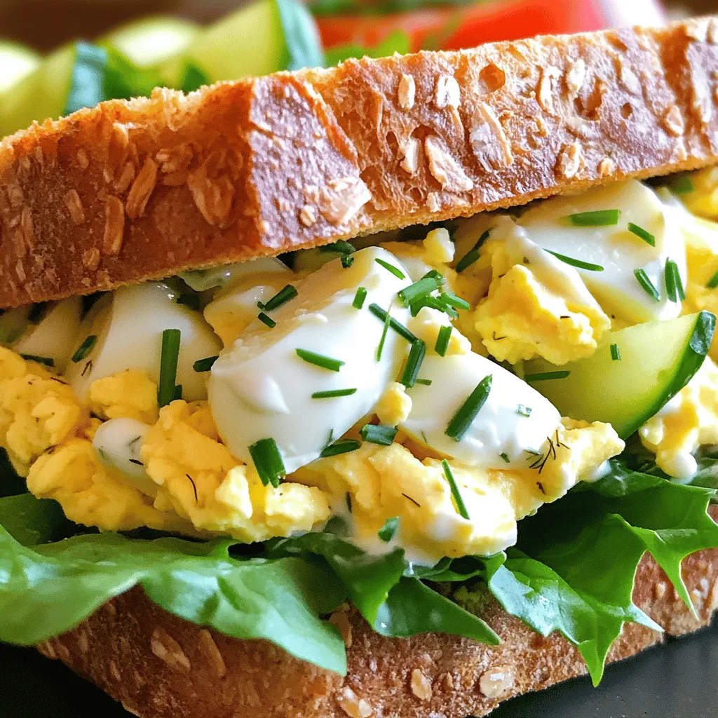 - 4 large eggs - 2 tablespoons mayonnaise - 1 tablespoon plain Greek yogurt - 1 teaspoon Dijon mustard - 1 tablespoon fresh chives, chopped - 1 tablespoon dill pickles, finely chopped - Salt and pepper to taste - 4 slices of whole grain bread - Lettuce leaves for garnish - Optional: Slices of tomato or cucumber To make a simple egg salad sandwich, you need to gather some basic ingredients. Eggs are the star here, so use large, fresh eggs for the best taste. The mayonnaise and Greek yogurt create a creamy texture that makes the salad rich and delicious. Dijon mustard adds a little zing, while chives and dill pickles give it a fresh crunch. Whole grain bread is perfect for serving the salad. It adds flavor and helps hold everything together. If you like, throw in some lettuce leaves to add a nice layer of crunch. You can even add slices of tomato or cucumber for extra freshness. This simple egg salad is quick to prepare and perfect for lunch or a snack. When you combine all these ingredients, you'll create a tasty and satisfying meal. For the complete recipe, check out the Full Recipe section. - Step 1: Prepare the saucepan Start by filling a medium saucepan with water. You want enough water to cover the eggs completely. - Step 2: Boil and cover Gently place the eggs in the water. Heat on medium until the water starts to boil. Once it boils, cover the pot and turn off the heat. Let the eggs sit for 10-12 minutes. - Step 3: Cool the eggs After time is up, move the eggs to a bowl filled with ice water. This cools them quickly and makes peeling easier. - Step 4: Chopping the eggs Once the eggs are cool, peel them. Then chop them into small pieces. This helps mix them well with other ingredients. - Step 5: Mixing the ingredients In a mixing bowl, add the chopped eggs, 2 tablespoons of mayonnaise, 1 tablespoon of Greek yogurt, 1 teaspoon of Dijon mustard, 1 tablespoon of chopped chives, and 1 tablespoon of finely chopped dill pickles. - Step 6: Seasoning to taste Gently stir the mixture until everything is combined. Taste it and add salt and pepper as needed. - Step 7: Toasting the bread (optional) If you like, toast the slices of whole grain bread. Toasting adds a nice crunch to the sandwich. - Step 8: Layering the ingredients Take two slices of bread. Spread a generous amount of the egg salad on each slice. Add lettuce leaves and any other toppings you like, such as tomato or cucumber. - Step 9: Serving suggestions Place the other slices of bread on top. Cut the sandwiches in half or quarters. Serve right away, maybe with some fresh fruit or chips on the side. For the complete recipe, check out the Full Recipe. To make your egg salad creamy, use a mix of mayonnaise and Greek yogurt. The yogurt adds tang and moisture. You can adjust the amounts to fit your taste. If you like more zest, add a bit more mustard. For spices, consider salt, pepper, and a pinch of paprika. Fresh herbs, like chives or dill, brighten the flavor. These herbs also add a nice touch. Feel free to change the quantities based on your liking. When choosing bread, whole grain works great. It adds flavor and texture. You can also try sourdough or rye for a twist. For toppings, add lettuce for crunch. Slices of tomato or cucumber bring freshness. Even avocado adds creaminess and taste. To present your sandwiches, cut them into halves or quarters. Serve with a side of fruit or chips. A colorful plate makes the meal fun and inviting. {{image_2}} You can change up your egg salad in fun ways. - Adding avocado for creaminess: Mash a ripe avocado into your egg salad. This adds a rich texture and healthy fats. - Incorporating different mustards or dressings: Swap Dijon mustard for spicy brown or honey mustard. Each brings a new taste to the dish. - Using herbs like dill or parsley: Fresh herbs brighten your egg salad. Try adding dill or parsley for a fresh kick. Egg salad fits many diet plans. - Egg salad for low-carb diets: This dish is great for low-carb eaters. Eggs are low in carbs and high in protein, making them filling. - Vegan alternatives (using chickpeas or tofu): For a vegan twist, mash chickpeas or tofu. Mix these with vegan mayo and spices for a tasty substitute. - Gluten-free options with bread: You can enjoy egg salad on gluten-free bread. Just check the label to ensure it suits your needs. These variations let you enjoy egg salad in many ways. The full recipe can guide you through these ideas. To keep egg salad fresh, use a tight container. Glass or plastic containers work well. Always cover the salad with a lid to prevent it from drying out. You can also place a layer of plastic wrap directly on the surface of the salad before sealing. This helps keep it moist. Egg salad lasts about three to five days in the fridge. Keep it cold and check for any off smells or changes in texture before eating. If you see any signs of spoilage, it’s best to toss it out. Can you freeze egg salad? No, I don’t recommend it. Freezing changes the texture. The eggs can become watery, and the salad may become mushy. If you still want to freeze it, here’s how: First, place the salad in an airtight container. Leave some space at the top for expansion. When you’re ready to eat it, thaw it in the fridge overnight. To maintain the best quality, try to eat it within a week after thawing. Be ready for a change in texture, though. It may not taste as fresh as before. How long can I keep egg salad in the fridge? You can keep egg salad in the fridge for about three to five days. Keep it in a sealed container to maintain freshness. Always check for any off smells or changes in texture before eating. Can I use different types of bread for the sandwiches? Yes, you can use many types of bread. Whole grain, sourdough, or even pita work well. Choose what you enjoy most for a tasty sandwich. What can I serve with egg salad sandwiches? Egg salad sandwiches pair nicely with fresh fruit, chips, or a light salad. You could also add pickles or olives on the side for extra flavor. How do I make egg salad creamy without mayo? You can replace the mayo with Greek yogurt or avocado for creaminess. Both options add flavor and nutrition while keeping it light. Making a delicious egg salad sandwich is simple. We covered key ingredients, steps, and tips. You learned how to boil eggs, mix the perfect blend, and assemble a tasty sandwich. Remember to choose bread wisely and feel free to get creative with flavors. In the end, egg salad is versatile and can fit many diets. Whether you enjoy it classic or with a twist, you can customize it to your taste. Dive in and enjoy every bite!