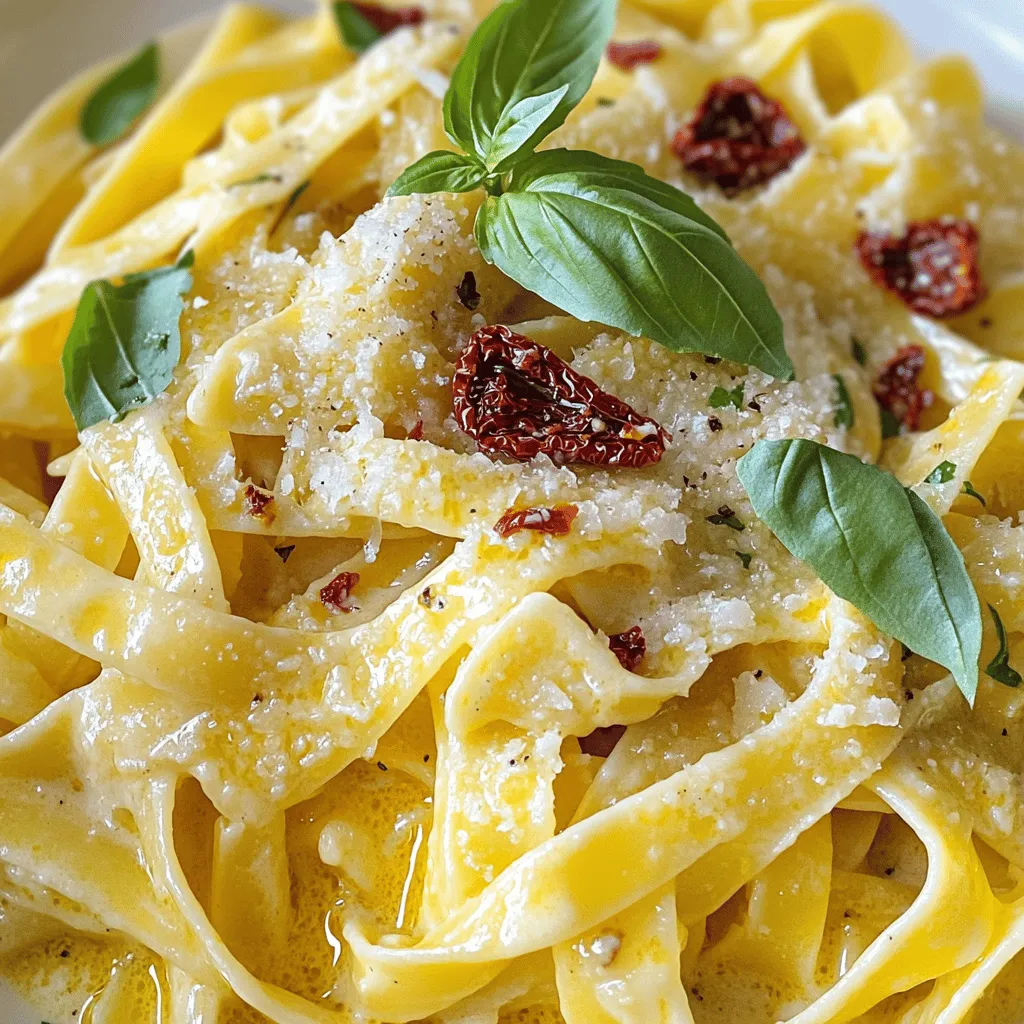 To make Creamy Sun-Dried Tomato Pasta, gather these key ingredients: - 12 ounces pasta (fettuccine or penne works best) - 1 cup sun-dried tomatoes packed in oil, drained and chopped - 1 cup heavy cream - 1/2 cup grated Parmesan cheese - 2 cloves garlic, minced - 1 small onion, finely chopped - 2 tablespoons olive oil - 1 teaspoon dried basil - 1 teaspoon dried oregano - Salt and pepper to taste - Fresh basil leaves for garnish These ingredients blend to create a rich and tasty dish. The sun-dried tomatoes add a lovely tang, while the cream makes it smooth. For this dish, I recommend using fettuccine or penne. Both shapes hold the sauce well. Fettuccine is flat and wide, which helps catch the creamy sauce. Penne, with its tubular shape, traps bits of sun-dried tomatoes and herbs. Any pasta you like can work, but these two are my favorites. If you have specific dietary needs, here are some swaps to consider: - Gluten-Free Pasta: Use gluten-free pasta to make this dish suitable for those with gluten sensitivities. - Dairy-Free Cream: Substitute heavy cream with coconut cream or a nut-based cream for a dairy-free option. - Nutritional Yeast: If you want to skip cheese, sprinkle nutritional yeast for a cheesy flavor without dairy. These alternatives keep the dish tasty while meeting your needs. For the full recipe, check out the details above. Start by boiling water in a large pot. Add salt to the water for flavor. Once it boils, add 12 ounces of your choice of pasta. I recommend fettuccine or penne. Cook the pasta until it is al dente, which usually takes 8 to 10 minutes. After cooking, reserve 1 cup of the pasta water. Then, drain the pasta and set it aside. In a large skillet, heat 2 tablespoons of olive oil over medium heat. Once the oil is hot, add 1 finely chopped small onion. Sauté the onion for about 3 to 4 minutes until it softens. Next, add 2 minced garlic cloves and cook for another minute. The garlic should smell nice and fragrant. Now, stir in 1 cup of chopped sun-dried tomatoes. Cook these together for about 2 minutes. This step brings out rich flavors that make the dish special. Pour in 1 cup of heavy cream and let it come to a gentle simmer. Next, add 1/2 cup of grated Parmesan cheese. Stir well until the cheese melts. Add 1 teaspoon of dried basil and 1 teaspoon of dried oregano for extra flavor. Mix everything until it is smooth. If the sauce seems too thick, slowly add some reserved pasta water until you reach the right consistency. Now, add the drained pasta to the skillet and toss it well in the creamy sauce. Season with salt and pepper to taste. Serve hot, garnished with fresh basil leaves and more Parmesan if you like. For the full recipe, check the details provided above. To get that smooth and creamy sauce, start with heavy cream. It gives a rich flavor. When you add the cream, let it simmer gently. This helps it thicken. If your sauce is too thick, use reserved pasta water. Add a little at a time until it’s just right. You can make this dish even better by adding more flavors. Consider tossing in some fresh spinach or arugula. These greens add color and taste. You can also mix in cooked chicken or shrimp for protein. If you like spice, red pepper flakes work well too. For a tangy twist, add a splash of lemon juice. One mistake is cooking the pasta too long. It should be al dente, not mushy. Also, don’t rush the sauce. Let it simmer to develop flavor. Be careful not to add too much salt before tasting. The sun-dried tomatoes and cheese are already salty. Lastly, remember to toss the pasta in the sauce. This helps every bite stay coated and flavorful. For the full recipe, check out Creamy Sun-Dried Tomato Pasta. {{image_2}} You can easily make this dish vegetarian. Just skip any meat. Add more veggies like spinach or mushrooms. They cook down nicely and add extra flavor. You can also toss in some cherry tomatoes for a fresh burst. If you want more texture, add artichoke hearts or zucchini. Each option makes this pasta even more colorful and tasty. For a heartier meal, add protein. Grilled chicken pairs well with the creamy sauce. Simply slice the chicken and mix it in before serving. Shrimp also works great. Cook the shrimp in the skillet before adding the sun-dried tomatoes. This adds a nice seafood flavor. You can even use cooked sausage for a spicy kick. All these proteins make the pasta more filling. If you need a gluten-free option, use gluten-free pasta. There are many good brands available. They cook similarly to regular pasta. You can also try zucchini noodles, known as zoodles. They are light and refreshing. Just sauté them briefly to keep some crunch. This way, you can enjoy the creamy sun-dried tomato sauce without the gluten. For the full recipe, check out the Creamy Sun-Dried Tomato Pasta details above! To keep your creamy sun-dried tomato pasta fresh, store it in an airtight container. Let the pasta cool to room temperature before sealing it. This helps prevent moisture build-up inside the container. Place it in the fridge if you plan to eat it within three days. When you're ready to enjoy your pasta again, reheat it gently. You can use a skillet over low heat. Add a splash of water or cream to help loosen the sauce. Stir often, so it heats evenly. You can also microwave it in a bowl covered with a damp paper towel. This keeps the moisture in and warms it up nicely. Heat in 30-second intervals and stir in between. If you want to save leftovers for later, freezing is a great option. Place the cooled pasta in a freezer-safe container or bag. Squeeze out as much air as possible before sealing. This helps prevent freezer burn. It can last in the freezer for up to three months. To thaw, move it to the fridge overnight or use the microwave for a quicker option. When reheating, add a bit more cream to revive the sauce's creaminess. For the full recipe, check out the details above. Creamy Sun-Dried Tomato Pasta lasts about three to five days in the fridge. Store it in an airtight container. This keeps it fresh and safe to eat. Make sure to let it cool down before putting it in the fridge. When you are ready to eat, just reheat it in the microwave or on the stove. Add a little water or cream to help loosen the sauce if it thickens. Yes, you can use fresh tomatoes, but the flavor will change. Sun-dried tomatoes have a strong, rich taste. Fresh tomatoes are juicy and lighter in flavor. If you choose fresh tomatoes, try using a mix of cherry or grape tomatoes. Roast them beforehand to intensify their flavor. This step will help mimic that deep taste of sun-dried tomatoes. This pasta goes well with many dishes. Here are some ideas: - Grilled chicken or shrimp for added protein - A side salad with greens and a light dressing - Garlic bread for a crunchy, buttery side - Steamed vegetables like broccoli or asparagus for a healthy touch These sides balance the rich creaminess of the pasta and make your meal complete. You can find the Full Recipe for all the details you need to make this dish. In this post, we covered essential ingredients for Creamy Sun-Dried Tomato Pasta, cooking steps, and tips to avoid mistakes. I shared variations for dietary needs and proper storage methods. Remember, the key to great pasta is a creamy sauce and fresh flavors. Experiment with your favorite ingredients. Enjoy the process, and you will make a dish that shines every time!
