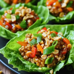 To make Spicy Thai Chicken Lettuce Cups, you need these key ingredients: - 1 lb ground chicken - 1 tablespoon sesame oil - 2 cloves garlic, minced - 1 inch piece ginger, grated - 1 red bell pepper, diced - 1 carrot, grated - ¼ cup green onions, chopped (plus extra for garnish) - ¼ cup cilantro, chopped - 3 tablespoons soy sauce - 2 tablespoons fish sauce (or low-sodium soy sauce for a vegetarian option) - 1 tablespoon sriracha (adjust to taste) - 1 tablespoon lime juice - 1 head of butter or iceberg lettuce, leaves separated - Crushed peanuts for garnish These ingredients make a bright and fresh dish. Each one brings unique flavors and textures. Ground chicken is the star, offering a rich base. Garlic and ginger add warmth and spice. The bell pepper and carrot provide crunch and color. Green onions and cilantro brighten the mix. You can easily swap some ingredients. If you want a vegetarian meal, try using tofu or tempeh instead of chicken. For gluten-free needs, choose tamari instead of soy sauce. You can also use lemon juice if you don't have lime. No red bell pepper? Try yellow or orange ones. For the best flavors, I suggest using these brands: - Ground Chicken: Perdue or Tyson - Sesame Oil: Kadoya or Spectrum - Soy Sauce: Kikkoman or San-J - Sriracha: Huy Fong Foods - Fish Sauce: Three Crabs or Red Boat These brands offer quality and taste. They enhance your dish, making it even more delicious. For the full recipe, check out the detailed instructions. To start, gather all your ingredients. You need ground chicken, sesame oil, garlic, ginger, red bell pepper, carrot, green onions, cilantro, soy sauce, fish sauce, sriracha, lime juice, and lettuce. This makes the cooking process smooth and fun. Next, mince the garlic and grate the ginger. Dice the red bell pepper and grate the carrot. Chop the green onions and cilantro. Set everything aside. Heat one tablespoon of sesame oil in a large skillet on medium heat. Add the minced garlic and grated ginger. Sauté them for about one minute, until they smell great. Now, increase the heat to medium-high and add the ground chicken. Cook it for about 5 to 7 minutes. Use a spatula to break it up as it cooks. When the chicken is browned, stir in the diced red bell pepper, grated carrot, and green onions. Cook for another 3 to 4 minutes. The veggies should be tender. In a small bowl, mix soy sauce, fish sauce, sriracha, and lime juice. Pour this sauce over the chicken mixture. Stir well to combine everything. Finally, remove the skillet from heat and fold in the chopped cilantro. Now, it’s time to put it all together. Take a piece of lettuce and spoon in the spicy chicken mixture. Top it with crushed peanuts and extra green onions for a nice touch. This step is fun and allows you to be creative. Feel free to make each cup as full as you like. Serve your spicy Thai chicken lettuce cups fresh and enjoy! For the full recipe, check the earlier section. To make your Spicy Thai Chicken Lettuce Cups just right, think about your taste. You can control the heat by changing the amount of sriracha. Start with one tablespoon, then taste. If you want more spice, add a teaspoon at a time. For a milder dish, use less sriracha or substitute with sweet chili sauce. You can prep this dish in advance, which helps save time. Cook the chicken mixture and let it cool. Store it in the fridge for up to two days. When you are ready to serve, spoon it into the lettuce cups. Fresh lettuce stays crisp, and the flavors will still shine. These lettuce cups are great as snacks or a light meal. Pair them with jasmine rice for a more filling dish. You can also serve them with a side of peanut sauce for dipping. For a fun twist, add extra toppings, like sliced jalapeños or avocado. Check out the Full Recipe for extra tips! {{image_2}} You can easily make this dish vegetarian. Swap the ground chicken for plant-based meat. You can use tofu, tempeh, or even lentils. Just make sure to press the tofu to remove excess water. This helps it absorb flavors better. Use low-sodium soy sauce instead of fish sauce. It gives the dish a great taste without any meat. If you prefer less heat, reduce the sriracha. Start with one teaspoon and taste as you mix. You can also add a touch of honey for sweetness, balancing the spice. For more heat, try adding chopped fresh chili peppers. Thai bird's eye chilies work well. Just remember, you can always add more, but you can’t take it away. Feel free to get creative with add-ins. You can toss in water chestnuts for crunch or diced avocado for creaminess. Chopped nuts like cashews or almonds give a nice texture. Fresh herbs like basil or mint can brighten the dish. Each of these adds a unique flavor, making your lettuce cups even more exciting. Check out the Full Recipe for all the details on how to make these delicious variations! After enjoying your spicy Thai chicken lettuce cups, store leftovers in a sealed container. Keep the chicken mixture separate from the lettuce. This way, the lettuce stays crisp. Place the chicken in the fridge. It will last for about three days. To reheat the chicken mixture, use a skillet over medium heat. Stir the chicken until it's hot. Avoid reheating the lettuce, as it can become limp. You can enjoy the warm chicken in fresh lettuce cups. You can freeze the chicken mixture for later use. Place it in a freezer-safe bag or container. Make sure to remove excess air before sealing. The chicken will stay fresh for about three months. When ready to eat, thaw in the fridge overnight. Reheat before serving in lettuce cups. For the full recipe, click here. Yes, you can use other lettuce types. Romaine, butter, and iceberg are great choices. Each type adds its own taste and crunch. Romaine adds a nice crunch while butter lettuce is soft and delicate. Iceberg is crisp and refreshing. Choose what you like best. You can serve these cups with many sides. Rice or quinoa works well. You can also add a fresh salad with cucumber and tomato. If you want more heat, serve with extra sriracha. Fresh fruit like mango or pineapple pairs nicely too. To make this dish less spicy, simply reduce the sriracha. Start with one teaspoon instead of one tablespoon. You can also add more veggies to balance the heat. Adding a dollop of sour cream or yogurt can cool down the spice too. Enjoy it your way! For the full recipe, check the section above. This blog post covered the key ingredients and how to prepare Spicy Thai Chicken Lettuce Cups. I shared ingredient options, cooking steps, and tips for serving. You can easily adjust spice levels and make delicious vegetarian versions. Remember, these cups can be stored and reheated for quick meals. Try different lettuce types and sides to enhance your dish. Enjoy making this tasty, healthy meal. It’s simple and fun for everyone!