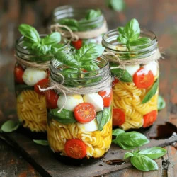 To make your Caprese Pasta Salad Jars, you need a few key ingredients. These create a fresh and tasty dish. Here’s what you will need: - 2 cups cooked fusilli or rotini pasta - 1 cup cherry tomatoes, halved - 1 cup fresh mozzarella balls, halved (bocconcini) - 1 cup fresh basil leaves - 1/4 cup extra virgin olive oil - 2 tablespoons balsamic glaze - 1 teaspoon garlic powder - Salt and pepper to taste These ingredients bring bright flavors and colors to your meal. The pasta serves as a hearty base. The cherry tomatoes add juiciness, while mozzarella gives a creamy touch. Fresh basil adds a lovely aroma. Seasonings enhance the taste of your Caprese Pasta Salad Jars. I suggest using: - 1 teaspoon garlic powder - Salt to taste - Pepper to taste These simple seasonings help balance the flavors. The garlic adds depth, while salt and pepper bring everything together. You can easily swap or add ingredients to match your taste. Here are some ideas: - Use whole wheat or gluten-free pasta for a healthier option. - Replace cherry tomatoes with sun-dried tomatoes for a richer flavor. - Swap fresh mozzarella with feta cheese for a tangy twist. - Add grilled chicken or chickpeas for extra protein. These substitutions allow you to customize your jars. Feel free to mix and match to create your perfect salad. For the full recipe, refer to the details listed above. Start by cooking your pasta. Use fusilli or rotini for the best texture. Boil it according to the package instructions until al dente. This means it should have a firm bite. While the pasta cooks, wash the cherry tomatoes and basil leaves. Halve the tomatoes and the mozzarella balls. This makes them easy to eat and helps the flavors mix well. Grab your clean jars and begin layering. First, add a scoop of the pasta mixture to the bottom. Next, add a layer of halved cherry tomatoes and mozzarella balls. Sprinkle a few basil leaves in between the layers. Keep repeating this process. Each jar should have colorful layers. This makes the jars look pretty and appetizing. When you're done, leave a little space at the top. Seal the jars with lids. To make your jars look great, think about color. Start with the pasta, then add bright tomatoes. Follow with white mozzarella and green basil. This creates a beautiful mix. Make sure to pack the layers gently, but not too tight. You want the salad to stay fresh. Storing the jars for at least 30 minutes in the fridge helps the flavors combine. For more fun, tie a sprig of basil around the jar with twine. It adds a nice touch. For the full recipe, check out the recipe section. To boost the flavor of your Caprese Pasta Salad Jars, use fresh ingredients. Fresh basil adds a bright touch. You can also try adding sliced olives for a salty kick. Drizzle more balsamic glaze before serving for extra sweetness. A sprinkle of red pepper flakes can add a nice heat. Mix in some diced avocado for creaminess and richness. Pairing this with a sprinkle of lemon juice can brighten the taste too. Try these tips to keep each bite exciting and fresh. Keep your pasta salad jars fresh by storing them properly. Use airtight jars to lock in flavor and moisture. Always refrigerate them if you plan to eat later. They stay fresh for about three days. To avoid soggy pasta, store the dressing separately. Add it just before serving. This way, the pasta stays al dente and the veggies crisp. You could also layer ingredients correctly to keep them fresh longer. When serving your Caprese Pasta Salad Jars, presentation matters. Serve them cold for the best taste. For a rustic touch, tie a sprig of basil around the jar with twine. You can also serve the salad on a plate for a more polished look. Pair it with grilled chicken or shrimp for a complete meal. This salad works great as a picnic item or a light lunch. Enjoy the fresh flavors with each bite! {{image_2}} You can make Caprese Pasta Salad Jars even heartier by adding protein. Consider diced grilled chicken for a warm touch. Shrimp also works great if you want a seafood flair. For a vegetarian option, try adding chickpeas or white beans. These proteins add good flavor and keep you full longer. If you need a gluten-free version, swap regular pasta for gluten-free fusilli or rotini. Many brands offer tasty options made from rice or quinoa. You can also use spiralized veggies like zucchini. This keeps the dish light and fresh while adding a fun twist to your meal. This pasta salad is perfect for using seasonal ingredients. In summer, add fresh corn or avocado for creaminess. In fall, consider roasted butternut squash or arugula for a peppery bite. You can even switch out the basil for fresh parsley or mint in spring. These swaps keep your salad exciting and flavorful year-round. Store your Caprese pasta salad jars in the fridge. Keep them sealed tightly. This helps keep the salad fresh and tasty. If you use glass jars, avoid sudden temperature changes. Let them cool down before putting them in the fridge. This step keeps the jars from breaking. These jars can last up to five days in the fridge. After that, the flavors may fade. The pasta might also get soggy. If you notice any off smell, toss it out. Always trust your senses when checking food freshness. You can freeze Caprese pasta salad jars, but it's best to eat them fresh. If you choose to freeze, leave out the tomatoes and basil. These ingredients do not freeze well. When ready to eat, thaw in the fridge overnight. Once thawed, add fresh tomatoes and basil. This keeps everything bright and tasty. For the full recipe, visit the recipe link. Yes, you can make these jars a day before. This helps the flavors blend well. Just store them in the fridge until you need them. They taste fresh and yummy after chilling. The pasta will soak in the dressing, making it even better. You can add many fun ingredients to your Caprese Pasta Salad Jars. Try adding spinach for extra greens. You can also mix in olives for a salty kick. Grilled chicken or chickpeas add protein and make it heartier. Feel free to mix in roasted peppers or artichokes for more flavor. To keep your pasta from getting soggy, cook it al dente. This means it should be slightly firm when you bite into it. Rinse the pasta in cold water after cooking. This cools it down and stops the cooking process. Layer the dressing on top, not directly on the pasta, to keep it dry. For the full recipe, check out the Caprese Pasta Salad Jars section. This blog post shared how to create tasty Caprese pasta salad jars. We covered key ingredients, seasonings, and smart substitutions. The step-by-step guide helped you prepare and assemble the jars. I also offered tips to boost flavor and keep your salad fresh. In conclusion, these pasta salad jars are easy, fresh, and flexible. Feel free to mix and match ingredients. Enjoy creating and sharing your own delicious versions!