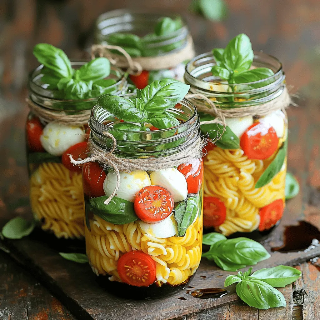 To make your Caprese Pasta Salad Jars, you need a few key ingredients. These create a fresh and tasty dish. Here’s what you will need: - 2 cups cooked fusilli or rotini pasta - 1 cup cherry tomatoes, halved - 1 cup fresh mozzarella balls, halved (bocconcini) - 1 cup fresh basil leaves - 1/4 cup extra virgin olive oil - 2 tablespoons balsamic glaze - 1 teaspoon garlic powder - Salt and pepper to taste These ingredients bring bright flavors and colors to your meal. The pasta serves as a hearty base. The cherry tomatoes add juiciness, while mozzarella gives a creamy touch. Fresh basil adds a lovely aroma. Seasonings enhance the taste of your Caprese Pasta Salad Jars. I suggest using: - 1 teaspoon garlic powder - Salt to taste - Pepper to taste These simple seasonings help balance the flavors. The garlic adds depth, while salt and pepper bring everything together. You can easily swap or add ingredients to match your taste. Here are some ideas: - Use whole wheat or gluten-free pasta for a healthier option. - Replace cherry tomatoes with sun-dried tomatoes for a richer flavor. - Swap fresh mozzarella with feta cheese for a tangy twist. - Add grilled chicken or chickpeas for extra protein. These substitutions allow you to customize your jars. Feel free to mix and match to create your perfect salad. For the full recipe, refer to the details listed above. Start by cooking your pasta. Use fusilli or rotini for the best texture. Boil it according to the package instructions until al dente. This means it should have a firm bite. While the pasta cooks, wash the cherry tomatoes and basil leaves. Halve the tomatoes and the mozzarella balls. This makes them easy to eat and helps the flavors mix well. Grab your clean jars and begin layering. First, add a scoop of the pasta mixture to the bottom. Next, add a layer of halved cherry tomatoes and mozzarella balls. Sprinkle a few basil leaves in between the layers. Keep repeating this process. Each jar should have colorful layers. This makes the jars look pretty and appetizing. When you're done, leave a little space at the top. Seal the jars with lids. To make your jars look great, think about color. Start with the pasta, then add bright tomatoes. Follow with white mozzarella and green basil. This creates a beautiful mix. Make sure to pack the layers gently, but not too tight. You want the salad to stay fresh. Storing the jars for at least 30 minutes in the fridge helps the flavors combine. For more fun, tie a sprig of basil around the jar with twine. It adds a nice touch. For the full recipe, check out the recipe section. To boost the flavor of your Caprese Pasta Salad Jars, use fresh ingredients. Fresh basil adds a bright touch. You can also try adding sliced olives for a salty kick. Drizzle more balsamic glaze before serving for extra sweetness. A sprinkle of red pepper flakes can add a nice heat. Mix in some diced avocado for creaminess and richness. Pairing this with a sprinkle of lemon juice can brighten the taste too. Try these tips to keep each bite exciting and fresh. Keep your pasta salad jars fresh by storing them properly. Use airtight jars to lock in flavor and moisture. Always refrigerate them if you plan to eat later. They stay fresh for about three days. To avoid soggy pasta, store the dressing separately. Add it just before serving. This way, the pasta stays al dente and the veggies crisp. You could also layer ingredients correctly to keep them fresh longer. When serving your Caprese Pasta Salad Jars, presentation matters. Serve them cold for the best taste. For a rustic touch, tie a sprig of basil around the jar with twine. You can also serve the salad on a plate for a more polished look. Pair it with grilled chicken or shrimp for a complete meal. This salad works great as a picnic item or a light lunch. Enjoy the fresh flavors with each bite! {{image_2}} You can make Caprese Pasta Salad Jars even heartier by adding protein. Consider diced grilled chicken for a warm touch. Shrimp also works great if you want a seafood flair. For a vegetarian option, try adding chickpeas or white beans. These proteins add good flavor and keep you full longer. If you need a gluten-free version, swap regular pasta for gluten-free fusilli or rotini. Many brands offer tasty options made from rice or quinoa. You can also use spiralized veggies like zucchini. This keeps the dish light and fresh while adding a fun twist to your meal. This pasta salad is perfect for using seasonal ingredients. In summer, add fresh corn or avocado for creaminess. In fall, consider roasted butternut squash or arugula for a peppery bite. You can even switch out the basil for fresh parsley or mint in spring. These swaps keep your salad exciting and flavorful year-round. Store your Caprese pasta salad jars in the fridge. Keep them sealed tightly. This helps keep the salad fresh and tasty. If you use glass jars, avoid sudden temperature changes. Let them cool down before putting them in the fridge. This step keeps the jars from breaking. These jars can last up to five days in the fridge. After that, the flavors may fade. The pasta might also get soggy. If you notice any off smell, toss it out. Always trust your senses when checking food freshness. You can freeze Caprese pasta salad jars, but it's best to eat them fresh. If you choose to freeze, leave out the tomatoes and basil. These ingredients do not freeze well. When ready to eat, thaw in the fridge overnight. Once thawed, add fresh tomatoes and basil. This keeps everything bright and tasty. For the full recipe, visit the recipe link. Yes, you can make these jars a day before. This helps the flavors blend well. Just store them in the fridge until you need them. They taste fresh and yummy after chilling. The pasta will soak in the dressing, making it even better. You can add many fun ingredients to your Caprese Pasta Salad Jars. Try adding spinach for extra greens. You can also mix in olives for a salty kick. Grilled chicken or chickpeas add protein and make it heartier. Feel free to mix in roasted peppers or artichokes for more flavor. To keep your pasta from getting soggy, cook it al dente. This means it should be slightly firm when you bite into it. Rinse the pasta in cold water after cooking. This cools it down and stops the cooking process. Layer the dressing on top, not directly on the pasta, to keep it dry. For the full recipe, check out the Caprese Pasta Salad Jars section. This blog post shared how to create tasty Caprese pasta salad jars. We covered key ingredients, seasonings, and smart substitutions. The step-by-step guide helped you prepare and assemble the jars. I also offered tips to boost flavor and keep your salad fresh. In conclusion, these pasta salad jars are easy, fresh, and flexible. Feel free to mix and match ingredients. Enjoy creating and sharing your own delicious versions!