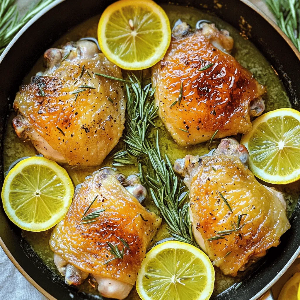 To make Lemon Rosemary Chicken Thighs, gather these items: - 4 chicken thighs, bone-in and skin-on - 2 lemons (1 juiced, 1 sliced) - 3 tablespoons fresh rosemary, chopped (or 1 tablespoon dried rosemary) - 4 cloves garlic, minced - 3 tablespoons olive oil - Salt and pepper to taste You can add a few items for extra taste: - 1 teaspoon honey (for a touch of sweetness) - Fresh rosemary sprigs for garnish You can swap some ingredients if needed: - Use chicken breasts instead of thighs for a lighter meal. - Replace fresh rosemary with thyme or oregano for a different flavor. - If you lack lemons, lime juice works as a good substitute. These ingredients create a dish full of flavor and zest. You can find the Full Recipe for more details. Start by getting your mixing bowl ready. Add 3 tablespoons of olive oil to it. Next, squeeze the juice from 1 lemon into the bowl. Chop 3 tablespoons of fresh rosemary and add it in. Then, mince 4 cloves of garlic and toss them in too. Season with salt and pepper to your taste. If you want a hint of sweetness, mix in 1 teaspoon of honey. This marinade brings a bright and fresh flavor to the chicken. Now it's time to add the chicken thighs. I prefer using bone-in and skin-on thighs for great taste and texture. Coat each thigh well with the marinade. Make sure you get some marinade under the skin. This adds even more flavor. Let the chicken sit in the marinade for at least 30 minutes. For a richer taste, you can marinate it for up to 2 hours. This step is key for juicy, flavorful chicken. Preheat your oven to 400°F (200°C) while the chicken marinates. Once ready, take an oven-safe skillet and arrange the marinated chicken thighs skin-side up. Slice the second lemon and place the slices around the chicken. Transfer the skillet to the oven and bake for 35-40 minutes. The chicken should reach an internal temperature of 165°F (75°C) when done. The skin will be crispy and golden brown. After baking, let the chicken rest for 5 minutes before serving. This allows the juices to settle and keeps it nice and moist. For the complete recipe details, check the Full Recipe section. To get that perfect crispy skin, start by patting the chicken thighs dry. This helps remove excess moisture. Next, season the skin with salt before marinating. The salt draws out moisture during cooking, which creates a crispy texture. When you bake the chicken, place it skin-side up in the oven. This allows the heat to crisp the skin beautifully. You will need a few essential tools for this recipe. Use an oven-safe skillet, like cast iron or stainless steel. A meat thermometer is key to check the chicken's doneness. Having a mixing bowl for your marinade is also helpful. If you want to make cleanup easy, grab a spatula to flip the chicken and a cutting board for your lemons and herbs. Marinating your chicken is vital for flavor. Aim for at least 30 minutes for good taste. If you have more time, let it marinate for up to 2 hours. This allows the lemon and rosemary to penetrate the meat. If you plan to marinate longer, keep it in the fridge. Just remember to take it out early, so it comes to room temp before cooking. For the full recipe, you can find it in the earlier sections of the article. {{image_2}} Grilling chicken thighs adds a nice smoky flavor. Start by marinating as usual. After marinating, heat your grill to medium-high. Place the chicken skin-side down on the grill. Cook for about 6-7 minutes on each side. You can flip it once to get nice grill marks. Keep an eye on the internal temperature. It should reach 165°F (75°C). The result is juicy chicken with crispy skin and a hint of smoke. For a sweet twist, try adding a honey glaze. Mix honey into the marinade with the lemon juice and olive oil. This gives a lovely caramelized finish when baked. Bake as per the usual method. The glaze will create a shiny, tasty surface. The sweet and tangy mix will delight your taste buds. Serve it with a side of rice or vegetables for a balanced meal. You can change the herbs for a different flavor. Try thyme or oregano for a unique taste. Fresh basil also works well for a fresh twist. You can also add a little red pepper flake for heat. Consider adding sun-dried tomatoes or olives for a Mediterranean vibe. These changes add depth and can make the dish more exciting. To keep your Lemon Rosemary Chicken Thighs fresh, let them cool first. Place the chicken in an airtight container. Store it in the fridge for up to three days. If you have leftover lemon slices, store them separately. This keeps them fresh and bright. When you're ready to eat the leftovers, preheat your oven to 350°F (175°C). Place the chicken on a baking sheet. Cover it with foil to keep the moisture in. Heat for about 15-20 minutes. Check that it’s hot all the way through. You can also reheat in the microwave for a quick option. Just make sure it’s heated evenly. If you want to save some for later, freezing is a great option. Wrap each chicken thigh tightly in plastic wrap. Then, place them in a freezer-safe bag. Label the bag with the date. You can freeze them for up to three months. When you're ready to eat, thaw the chicken in the fridge overnight before reheating. This keeps the chicken juicy and flavorful. Yes, you can use boneless chicken thighs. They cook faster than bone-in thighs. Just adjust the cooking time. Boneless thighs usually take 25 to 30 minutes in the oven. Make sure the internal temperature reaches 165°F (75°C) for safety. To check if the chicken is done, use a meat thermometer. Insert it into the thickest part of the thigh. It should read 165°F (75°C). If you don't have a thermometer, cut into the thigh. The juices should run clear, not pink. Great side dishes include: - Roasted vegetables like carrots and broccoli - A fresh green salad with lemon vinaigrette - Garlic mashed potatoes - Quinoa or rice for a hearty option These sides balance the tangy and juicy flavors of the chicken perfectly. For the complete cooking method and ingredient details, check the Full Recipe. Enjoy the bright flavors and juicy bites of this dish! In this post, we covered all you need for Lemon Rosemary Chicken Thighs. First, we listed essential and optional ingredients, giving you options to enhance flavor. Next, we outlined easy steps for marinating and baking. We shared tips for crispy skin and suggested cooking gear to make the process smooth. You also learned about variations, storage, and answered common questions. Now, you can cook a tasty dish with confidence. Enjoy exploring different flavors and techniques!