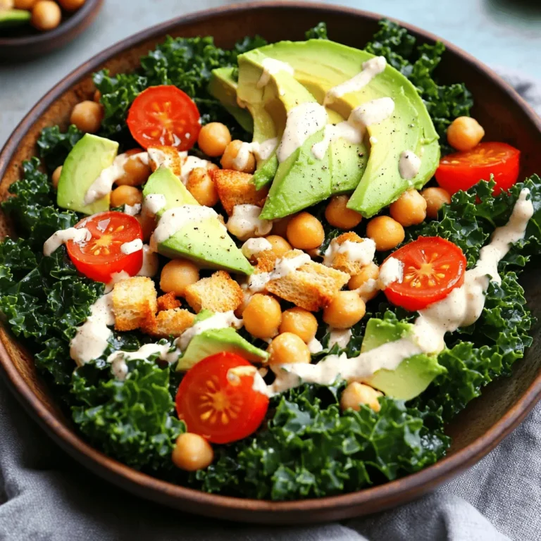 To make a tasty Vegan Caesar Salad, gather these ingredients: - 1 large bunch of kale, stems removed and leaves torn - 1 cup chickpeas, rinsed and drained - 1 tablespoon olive oil - Salt and pepper to taste - 1/4 cup raw cashews, soaked in water for 2-4 hours - 1/4 cup nutritional yeast - 2 cloves garlic, minced - 1 tablespoon lemon juice - 1 teaspoon Dijon mustard - 1 tablespoon capers, drained - 1 avocado, sliced - 1/4 cup cherry tomatoes, halved - Croutons (store-bought or homemade) for garnish For the best taste, I suggest using certain brands. Here are my favorites: - Kale: Look for organic kale; it tastes fresher. - Chickpeas: Eden Foods offers high-quality canned chickpeas. - Nutritional Yeast: Bragg’s is a great choice for a cheesy flavor. - Cashews: Get raw cashews from Whole Foods or similar stores. - Dijon Mustard: Maille is my go-to for a smooth texture. This salad is not just delicious; it’s also packed with nutrition. Here are some benefits: - Kale: Rich in vitamins A, C, and K, it helps boost immunity. - Chickpeas: High in protein and fiber, they keep you full longer. - Cashews: They provide healthy fats and minerals like magnesium. - Nutritional Yeast: Full of B vitamins, it supports energy levels. - Avocado: Loaded with healthy fats, it helps absorb nutrients. These ingredients work together to create a meal that is fresh, flavorful, and nourishing. Check out the Full Recipe to prepare this delightful dish! 1. Preheat your oven to 400°F (200°C). 2. Take the kale leaves and remove the stems. Tear the leaves into bite-sized pieces. 3. In a big bowl, toss the kale with olive oil, salt, and pepper. Make sure each piece is coated well. 4. Spread the kale on a baking sheet in one layer. Bake for 10-15 minutes. Stir halfway through to ensure even crisping. 5. While the kale bakes, prepare the dressing. In a blender, add soaked cashews, nutritional yeast, garlic, lemon juice, Dijon mustard, and capers. 6. Blend until smooth. If needed, add a bit of water for a creamy texture. 7. Once the kale is crispy, take it out and let it cool for a few minutes. 8. In a large bowl, combine the crispy kale and chickpeas. Pour the cashew dressing over the salad. 9. Toss everything together until the kale and chickpeas are well coated. 10. Serve the salad topped with avocado slices, cherry tomatoes, and croutons. - Kale Prep: Make sure to dry the kale well after washing it. This helps it crisp up better in the oven. - Tossing Ingredients: Use your hands to mix the kale with the oil and seasoning. This gives you better control. - Blending the Dressing: If you want a thicker dressing, add less water. For a thinner dressing, add more water. - Cooling Kale: Let the kale cool for a few minutes to keep the texture crunchy when mixed with the dressing. - Nut-Free Option: If you’re allergic to nuts, use silken tofu instead of cashews for the dressing. Blend it just like the cashews. - Creamy Avocado Dressing: You can mash an avocado and mix it with the other dressing ingredients for a richer taste. - Herb-Infused Dressing: Add fresh herbs like basil or parsley to the blender for extra flavor in your dressing. Enjoy creating this fresh and flavorful Vegan Caesar Salad that is sure to impress! For the full recipe, check the recipe section above. To make the best vegan Caesar salad, start with fresh kale. Choose vibrant green leaves. Remove the tough stems and tear the leaves into bite-sized pieces. Massage the kale with olive oil, salt, and pepper. This step makes the leaves tender and flavorful. Baking the kale adds a nice crunch. Keep an eye on it in the oven to prevent burning. For the creamy dressing, soak the cashews first. This softens them for easy blending. Combine the soaked cashews with garlic, nutritional yeast, lemon juice, Dijon mustard, and capers. Blend until smooth and creamy. Adjust the consistency with water as needed. Toss the dressing with the crispy kale and chickpeas. This way, every bite bursts with flavor. If you have leftover salad, store it in an airtight container. Keep it in the fridge for up to three days. To keep the kale crispy, store the dressing separately. This prevents the leaves from wilting. When ready to eat, combine the salad and dressing again. Add fresh toppings like avocado or tomatoes to refresh the dish. This vegan Caesar salad fits many occasions. Serve it as a light lunch or a side at dinner. It’s great for picnics or potlucks too. Pair it with grilled veggies or a hearty grain for a full meal. For a special touch, add some roasted chickpeas for crunch. You can also sprinkle extra nutritional yeast for a cheesy flavor. Enjoy this salad fresh and flavorful at any gathering! {{image_2}} You can easily change the base of this salad. Use spinach or romaine instead of kale. Both greens offer nice textures. If you want more crunch, try using cabbage. For a nut-free option, swap cashews for sunflower seeds. They blend well and add flavor too. To boost flavor and health, add your favorite veggies. Carrots, bell peppers, or cucumbers work great in this salad. You can also toss in some seeds like pumpkin or hemp seeds. These add protein and healthy fats. For more taste, sprinkle some fresh herbs like parsley or dill. The dressing is easy to tweak. If you like it creamy, add more soaked cashews. For a stronger kick, use more garlic or lemon juice. You can also add a dash of hot sauce for some heat. Just taste as you go and adjust until it feels right. For the full recipe, check out the Crispy Kale Vegan Caesar Salad. Vegan Caesar salad tastes best fresh. However, if you have leftovers, it can last about 3 days in the fridge. Keep it in an airtight container to maintain freshness. The salad may lose some crunch after a day. To store your salad, first, separate the dressing from the greens. This keeps the kale crispy. Place the kale in one container and the dressing in another. Add toppings like avocado and croutons just before serving for the best taste. Freezing vegan Caesar salad is not ideal. The kale and dressing may become soggy when thawed. However, you can freeze the dressing for up to a month. Just blend up a batch and store it in an ice cube tray. When you're ready to use it, thaw the cubes in the fridge overnight and mix with fresh greens. For the full recipe, check out the Crispy Kale Vegan Caesar Salad. Yes, Vegan Caesar Salad can be just as healthy. It uses fresh greens and healthy fats. Unlike traditional Caesar salads, it avoids dairy and eggs. This salad includes kale, which is high in vitamins and minerals. The dressing made from cashews offers healthy fats without cholesterol. The chickpeas add protein and fiber, making it filling. So, you get nutrition and flavor without the extra calories from dairy. Yes, you can make the dressing ahead of time. It stores well in the fridge for up to a week. Just blend the soaked cashews, nutritional yeast, and other ingredients. Keep it in an airtight container. When ready to use, just stir it well. This makes meal prep easy, and saves time on busy days. Common allergens in Vegan Caesar Salad include nuts and gluten. The cashews in the dressing can trigger nut allergies. If you need a nut-free option, try using sunflower seeds instead. Additionally, croutons may contain gluten unless you choose gluten-free ones. Always check labels if you have allergies. This blog post explored how to make a tasty vegan Caesar salad. We discussed key ingredients, recommended brands, and their nutritional perks. I shared step-by-step directions and helpful hints to perfect your salad. You can try fun variations and clever storage methods too. In closing, you have the tools to craft a delicious meal that’s healthy and satisfying. Enjoy your cooking journey and make it your own!
