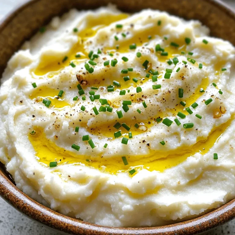 To make this creamy dish, you will need: - 1 large head of cauliflower, cut into florets - 5 cloves of garlic, unpeeled - 2 tablespoons olive oil - 1/2 cup unsweetened almond milk (or any milk of choice) - 2 tablespoons butter (or vegan alternative) - Salt and pepper to taste These ingredients come together to create a rich and creamy mash. Cauliflower gives you a light and fluffy base while garlic adds a savory depth. The olive oil and butter bring richness to the mix, making each bite a delight. Feel free to get creative! You can enhance your mash with: - Fresh chives, finely chopped (for garnish) - Grated cheese (like Parmesan) - A sprinkle of paprika for heat - A drizzle of extra virgin olive oil Adding these can elevate your dish. Chives add color and freshness, while cheese and paprika provide extra flavor. Each serving of Roasted Garlic Cauliflower Mash is packed with nutrients. Here's what you'll find: - Calories: Approximately 120 - Protein: 3g - Carbohydrates: 8g - Fat: 8g - Fiber: 3g This mash is a great source of vitamins and minerals. It is lower in carbs than traditional mashed potatoes, making it a healthy choice. Enjoy this dish as a satisfying side that won't weigh you down. For the full recipe, check out the details above! Start with one large head of cauliflower. Cut it into small florets. This helps the cauliflower cook evenly. Next, take five cloves of garlic. Keep them unpeeled. This adds a rich flavor to the dish. Preheat your oven to 400°F (200°C). Take a baking sheet and toss the cauliflower florets and unpeeled garlic cloves in two tablespoons of olive oil. Add some salt and pepper. Spread them out in one layer on the sheet. Roast everything in the oven for about 25 to 30 minutes. You want the cauliflower to be tender and slightly brown. The garlic should feel soft when you touch it. After roasting, carefully squeeze the garlic out of its skin. Use the back of a knife or your fingers. In a food processor, add the roasted cauliflower, garlic, half a cup of almond milk, and two tablespoons of butter. Blend until everything is creamy and smooth. You might need to stop and scrape down the sides. Taste your mash and add more salt or pepper if you like. Serve warm, and top it with chopped chives for a fresh touch. For the full recipe, check out the details above. Roasting brings out the best in cauliflower. Start with a large head of fresh cauliflower. Cut it into florets for even cooking. Use a baking sheet and spread the florets out. Make sure they are in a single layer to roast evenly. Toss them with olive oil, salt, and pepper. I suggest roasting at 400°F (200°C) for 25 to 30 minutes. Watch them turn golden brown while softening. For a smooth mash, use a food processor. After roasting, take the garlic and cauliflower off the sheet. Squeeze the roasted garlic out of its skin. Add it to the food processor with the cauliflower. Pour in almond milk and butter for richness. Blend until creamy. You might need to stop and scrape the sides to mix well. If it’s too thick, add more almond milk until you reach the desired consistency. You can change the flavor easily. Add more garlic for a stronger taste. For a hint of sweetness, a touch of maple syrup works well. You can also mix in herbs like thyme or rosemary. Fresh chives on top add a nice crunch and color. Taste as you go to make sure the flavors are just right. These tweaks help make the dish your own. For the full recipe, check out the Roasted Garlic Cauliflower Mash. {{image_2}} You can make this mash vegan by swapping out the butter for a plant-based version. Use vegan butter or coconut oil for a rich taste. Almond milk works great, but you can try any plant milk you like. This keeps the dish creamy without any dairy. Mix in other veggies for extra flavor and nutrition. Try adding steamed carrots or roasted red peppers. These add color and taste. You can also stir in spinach or kale for more greens. This gives your mash a unique twist and makes it more filling. Herbs and spices can elevate your mash. Add fresh thyme or rosemary for a fragrant boost. A pinch of smoked paprika brings a warm, smoky flavor. If you like heat, sprinkle in some red pepper flakes. These simple changes make your mash exciting and delicious. For the full recipe, click here: [Full Recipe]. Storing leftovers is easy. First, let the mash cool to room temp. Then, scoop it into an airtight container. Make sure to seal it tight. This mash lasts up to three days in the fridge. Label your container with the date. This way, you know when to eat it. To reheat, scoop the mash into a bowl. You can use the microwave or stovetop. If using a microwave, heat on medium for two to three minutes. Stir halfway through to heat evenly. If using the stovetop, add a splash of almond milk. Heat on low, stirring until warm. This step helps keep it creamy. Freezing is a great option too! Portion the mash into small containers. Leave a little space at the top, as it will expand when frozen. Wrap each container tightly with plastic wrap. You can freeze it for up to three months. When you're ready to eat, thaw it in the fridge overnight. Reheat as mentioned above, and enjoy your creamy delight again! For the full recipe, check the details above. Cauliflower is low in calories but high in nutrients. It has vitamin C, which helps your immune system. It also has fiber, which is good for digestion. Eating cauliflower may help reduce the risk of certain diseases. It has antioxidants that protect your cells. This veggie is also a great choice for those on low-carb diets. Yes, you can make Roasted Garlic Cauliflower Mash ahead of time. Just follow the full recipe and let it cool. Once cooled, store it in an airtight container in the fridge. It will last for about three days. When you're ready to eat, reheat it in the microwave or on the stove. Add a splash of milk or broth to restore creaminess if needed. To keep it creamy without dairy, use almond milk or another plant-based milk. You can also add more olive oil or a vegan butter alternative. Blending the roasted cauliflower and garlic well helps achieve a smooth texture. If you want extra creaminess, try adding soaked cashews or nutritional yeast. These options boost flavor while keeping it dairy-free. Roasted garlic cauliflower mash is simple and tasty. We covered the key ingredients, like cauliflower and garlic, along with optional flavors. You learned the steps to prepare, roast, and blend everything smoothly. I shared helpful tips for great texture and flavor. Variations make it easy to add your favorite veggies or spices. Proper storage keeps leftovers fresh. Remember, this dish is healthy and versatile. You can enjoy it any day of the week!