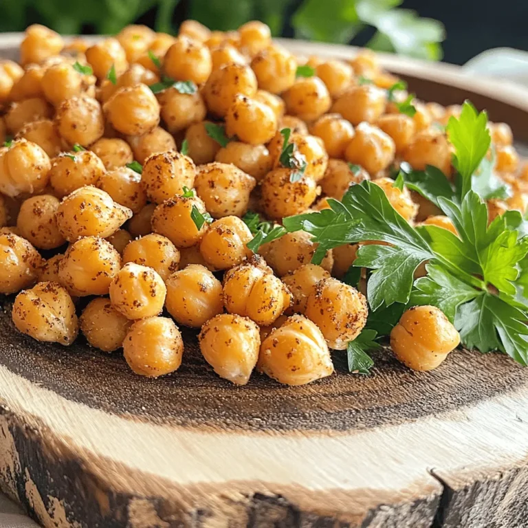- 1 can (15 oz) chickpeas, drained and rinsed - 2 tablespoons olive oil - 1 teaspoon smoked paprika - 1/2 teaspoon garlic powder - 1/2 teaspoon cumin - 1/2 teaspoon sea salt - 1/4 teaspoon black pepper - 1/4 teaspoon cayenne pepper (optional) - Fresh herbs for garnish (like parsley or cilantro) - Additional seasoning ideas To make crunchy roasted chickpeas, you start with basic ingredients. I always use one can of chickpeas. Make sure to drain and rinse them well. This helps remove excess salt. Next, you need olive oil. It adds flavor and helps crisp the chickpeas. Smoked paprika is key for that rich, smoky taste. You can also play with seasoning. Garlic powder, cumin, sea salt, black pepper, and cayenne pepper work great. The cayenne adds heat if you like a spicy kick. When it comes to garnishes, fresh herbs like parsley or cilantro add color and flavor. You can even experiment with other spices. Think of your favorite flavors and add them in. For the full recipe, follow the steps to create this tasty snack. - Preheat your oven to 400°F (200°C). - Line a baking sheet with parchment paper. - Drain and rinse one can of chickpeas. - Dry the chickpeas thoroughly with a towel. - This step is key to making them crunchy. - In a large bowl, add the dried chickpeas. - Pour in 2 tablespoons of olive oil. - Toss the chickpeas until they are well coated. - Next, add 1 teaspoon of smoked paprika. - Include 1/2 teaspoon garlic powder and 1/2 teaspoon cumin. - Add 1/2 teaspoon sea salt, 1/4 teaspoon black pepper, and optional cayenne. - Mix until the spices are evenly distributed. - Spread the seasoned chickpeas in a single layer on the baking sheet. - Place them in the preheated oven. - Roast for 30-35 minutes, shaking the pan halfway through. - Look for a golden brown color and crunchiness. - Once they are done, remove them and let them cool. - They will become even crunchier as they cool down. - You can garnish with fresh herbs if you like. Check out the Full Recipe for more details on making crunchy roasted chickpeas. To get that perfect crunch, start by drying your chickpeas well. After rinsing, use a clean towel to absorb excess moisture. This step is key for crispiness. Aim for a roasting temperature of 400°F (200°C). Roast them for 30 to 35 minutes, shaking the pan halfway through. This ensures even cooking and browning. Chickpeas love bold flavors. Try pairing them with smoked paprika, garlic powder, and cumin for a savory kick. If you want heat, add cayenne pepper. Adjust spice levels by adding more or less according to your taste. You can also switch it up with herbs or spices you enjoy, like curry powder or Italian seasoning. Crunchy roasted chickpeas are versatile. Enjoy them as a snack straight from the bowl. Sprinkle them over salads for added crunch. You can also mix them into soups for texture. Try using them in your favorite recipes, like grain bowls or wraps, for a tasty twist. For full details on how to make this delicious snack, check out the Full Recipe. {{image_2}} Chickpeas pack a punch in nutrition. They offer about 15 grams of protein per cup. This makes them a great choice for those looking to boost their protein intake. They also contain about 12 grams of dietary fiber. Fiber helps keep your digestive system happy. Chickpeas are rich in vitamins and minerals too. They provide iron, magnesium, and folate. Iron is key for energy, while magnesium supports muscle and nerve function. Folate is important for cell growth and metabolism. These nutrients make chickpeas a smart snack choice. Snacking on chickpeas has many benefits. They can help you feel full. This can reduce the urge to snack on less healthy foods. Their high fiber content aids digestion and keeps your gut healthy. Eating chickpeas regularly can lower cholesterol levels. This helps keep your heart in good shape. Chickpeas fit well in a balanced diet. They can replace higher-calorie snacks. Try them instead of chips or candy. You can add them to salads or soups for extra nutrition. They help you stay energized throughout the day. While chickpeas are mostly safe, be mindful of seasonings. Some spices may cause allergies. For example, garlic can trigger reactions in some people. Check labels if you buy pre-made seasonings. Chickpeas are vegan and gluten-free. This makes them suitable for many diets. You can enjoy them without worry if you have dietary restrictions. They are a versatile ingredient that anyone can use. Enjoy them in various ways with peace of mind. You can make crunchy roasted chickpeas sweet or savory. For a sweet twist, try adding cinnamon and a sprinkle of brown sugar. This gives a nice caramelized flavor. For savory options, explore spices like curry powder or Italian herbs. You can even mix in some chili powder for heat. Global seasoning ideas can bring new tastes to your chickpeas. Use za’atar for a Middle Eastern flair or garam masala for an Indian touch. Each spice blend adds a unique flavor, making your snack exciting. For a faster and crispier snack, use an air fryer. Set it to 400°F (200°C) and cook for about 15-20 minutes. Shake the basket halfway through for even crunch. The air fryer gives you a delicious result in less time. If you prefer the stovetop, try pan-roasting. Heat a pan over medium heat, then add the seasoned chickpeas. Cook them for about 10-15 minutes, stirring often. This method creates a nice crunch, but be careful not to burn them. If you want a quick snack, there are great brands out there. Look for brands like Biena or The Good Bean. They offer tasty, crunchy roasted chickpeas in various flavors. You can find them in grocery stores or online. You can buy crunchy roasted chickpeas at many health food stores or supermarkets. Check the snack aisle to discover different options. You might find some unique flavors that you love. For the full recipe, check out the Crunchy Roasted Chickpeas section above! To keep your roasted chickpeas crunchy, store them in an airtight container. You can use a glass jar or a plastic container with a good seal. Place the container in a cool, dry spot. Avoid storing them in the fridge, as moisture can make them soft. If you have a lot left, consider freezing them. Just remember to re-crisp them in the oven before eating. Yes, you can use dried chickpeas, but they require more work. First, soak the dried chickpeas overnight. Then, cook them until tender. This can take 1-2 hours. Once cooked, drain and dry them well before roasting. Using dried chickpeas gives you control over texture and flavor, but it does take more time. Crunchy roasted chickpeas are great on their own, but they also pair well with many dishes. Here are a few ideas: - Salads: Toss them on top for added crunch. - Soups: Use them as a garnish for your favorite soup. - Dips: Serve with hummus or guacamole for a fun snack. - Trail Mix: Mix them with nuts and dried fruit for a healthy treat. - Wraps: Add them to wraps for extra texture. You can also use them in recipes like grain bowls or as toppings for baked potatoes. For the full recipe, check out the Crunchy Roasted Chickpeas section above. This article covered the essential ingredients and methods to make roasted chickpeas. We explored tips for getting the perfect crunch and suggested various flavors and serving ideas. Remember, chickpeas offer great health benefits, including protein and fiber. You can easily adjust flavors to suit your taste. Try different methods, like the air fryer, for more options. Use this guide to enjoy tasty, crunchy snacks that boost your diet. Get creative with flavors and have fun in the kitchen!