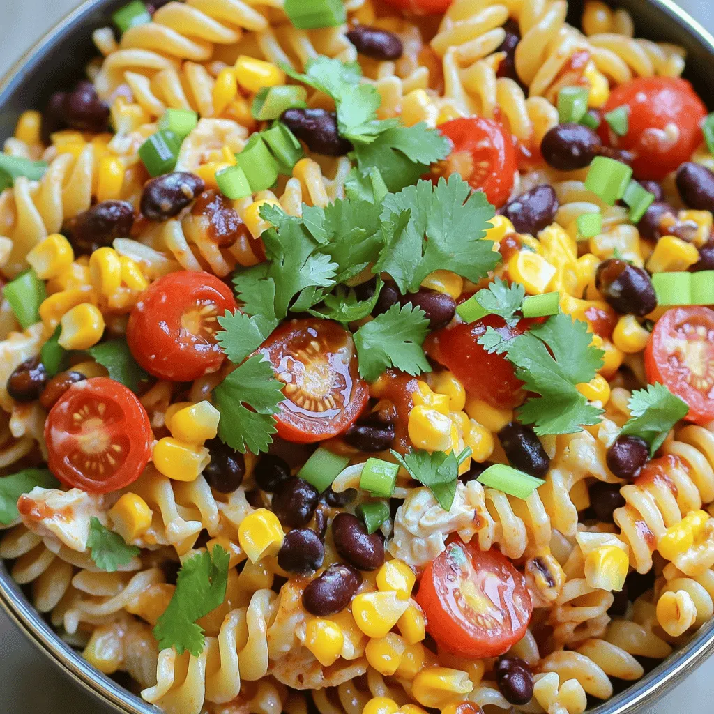 - 8 oz rotini pasta - 1 cup cherry tomatoes, halved - 1 cup corn kernels (fresh or frozen) - 1 cup black beans, rinsed and drained - 1 cup cooked chicken, shredded (can use rotisserie) - 1/2 cup ranch dressing - 1/4 cup BBQ sauce - 1/2 cup green onion, chopped - 1/2 cup shredded cheddar cheese - Salt and pepper to taste - Fresh cilantro, for garnish When choosing your ingredients, fresh is often best. I like to use high-quality ranch dressing, such as Hidden Valley. For BBQ sauce, Sweet Baby Ray's offers a great blend of sweetness and tang. If you want to switch things up, try these ideas: - Use penne or fusilli pasta instead of rotini for a different shape. - For a vegetarian option, replace chicken with diced bell peppers or avocado. - You can swap black beans for kidney beans or chickpeas for a new flavor. When selecting vegetables, look for bright colors and firm textures. Fresh corn is sweet and crunchy, while canned beans are quick and easy. Choose ripe tomatoes that feel slightly soft for maximum flavor. 1. Cook the pasta: Boil water in a large pot. Add 8 oz of rotini pasta. Cook until it's al dente. This means it should be firm but not hard. Drain the pasta and rinse it with cold water. This stops the cooking process. It also keeps the pasta from sticking together. 2. Prepare the ingredients: While the pasta cooks, chop 1 cup of cherry tomatoes in half. If you use frozen corn, let it thaw before adding. Rinse and drain 1 cup of black beans. Shred 1 cup of cooked chicken. You can use rotisserie chicken for ease. 3. Mix the dressings: In a small bowl, combine 1/2 cup of ranch dressing and 1/4 cup of BBQ sauce. Stir until it is smooth. This mix gives your salad a creamy and tangy flavor. 1. Combine the ingredients: In a large mixing bowl, add the cooled pasta, cherry tomatoes, corn, black beans, and shredded chicken. Pour the ranch and BBQ dressing over the top. Toss gently to coat everything. Make sure all ingredients are well mixed. 2. Add the garnishes: Next, add 1/2 cup of chopped green onions and 1/2 cup of shredded cheddar cheese. Season with salt and pepper to taste. Fold these ingredients in gently. 3. Chill and serve: Cover the bowl and place it in the fridge for at least 30 minutes. This step helps the flavors blend well. Before you serve, garnish with fresh cilantro. This adds a nice color and taste. For the full recipe, check out the details above. Enjoy your BBQ Ranch Pasta Salad as a fresh and flavorful delight! You can prepare BBQ Ranch Pasta Salad a day ahead. This helps the flavors mix well. Start by cooking the rotini pasta and letting it cool. Mix all the ingredients, but save the dressing for later. Keep the salad in the fridge. When you're ready to serve, add the dressing and mix gently. This keeps everything fresh and tasty. For best flavor, let it sit for at least 30 minutes before serving. This allows the pasta to soak up the ranch and BBQ sauce. You can also add extra veggies or proteins to boost flavor. Taste your salad before serving. This lets you adjust flavors to your liking. You may want more ranch or BBQ sauce. Just add a little at a time. Watch out for common mistakes. Don’t add too much salt or pepper at first. You can always add more later, but it’s hard to fix if you overdo it. Always mix and taste as you go. This way, you’ll create a dish that everyone will love. For the full recipe, check out the BBQ Ranch Pasta Salad section! {{image_2}} You can easily make BBQ Ranch Pasta Salad fit your taste. If you want a vegetarian or vegan option, swap the chicken for extra beans or grilled veggies. You could use chickpeas for protein. This keeps the salad hearty and filling. For a creamier base, try using vegan ranch or a cashew dressing instead of traditional ranch. You can also switch up the sauces. If you prefer a tangy kick, use buffalo sauce instead of BBQ. For a more zesty flavor, mix in a cilantro-lime dressing. These swaps let you customize the salad to your liking and keep it fresh. Seasonal ingredients can elevate this dish. In summer, add diced cucumbers or bell peppers for a crisp texture. Fresh corn is a great choice as well, adding sweetness. In fall, consider roasted butternut squash or apples for a warm flavor. You could even add nuts like walnuts or pecans for a new crunch. When winter arrives, try adding shredded Brussels sprouts or kale. These greens give a hearty feel and add nutritional value. Each season brings new flavors, making this salad a year-round delight. For the complete recipe, check out the [Full Recipe]. To keep your BBQ Ranch Pasta Salad fresh, store it in an airtight container. This helps prevent it from drying out and keeps flavors strong. Properly stored in the fridge, it lasts for about 3 to 5 days. If you notice any changes in smell or color, it’s best to throw it out. When you're ready to enjoy leftovers, you can eat it cold or warm it up. If you prefer it warm, heat it on the stove over low heat. Stir gently to avoid losing flavor. Adding a splash of ranch dressing can help revive the taste. Can it be frozen? Yes, you can freeze BBQ Ranch Pasta Salad. However, the texture may change after thawing. I recommend not freezing it if you plan to use fresh ingredients like tomatoes or green onions. The best method is to freeze the pasta separately from the veggies and dressing. This way, you can maintain the best texture and flavor. For the full recipe, check the earlier sections. What is BBQ Ranch Pasta Salad? BBQ Ranch Pasta Salad is a fun mix of flavors. It combines rotini pasta, fresh veggies, and tender chicken with a tasty dressing. The ranch and BBQ sauce add a creamy, tangy touch. This dish is perfect for picnics or BBQs. Can I use different types of pasta? Yes, you can use different pasta types! Penne, fusilli, or even elbow macaroni work great. Just make sure to cook it until al dente. This keeps the pasta from getting mushy in the salad. Reasons your salad may not turn out as expected If your salad is bland, you may need more seasoning. Always taste as you go! If it’s too wet, you might have added too much dressing. Start with less and add more if needed. How to fix mushy pasta or overly dry salad For mushy pasta, try cooking it for a shorter time next time. If your salad is too dry, add a splash of ranch or BBQ sauce. Mix well to moisten without overpowering the dish. Health benefits of ingredients used This salad is packed with nutrients. Black beans offer protein and fiber. Cherry tomatoes are full of vitamins and antioxidants. Fresh veggies add crunch and color. Caloric breakdown per serving Each serving has about 350 calories. This includes healthy fats from cheese and dressing. It’s a filling dish that can fit into many meal plans. This blog post covered all you need to know about BBQ Ranch Pasta Salad. We discussed key ingredients, preparation steps, and tips for the best flavor. You now have ideas for variations and ways to store your salad. Remember, you can adjust seasonings to fit your taste and try different ingredients for fun twists. Keep these tips in mind for a tasty dish every time. Enjoy making and sharing this salad with friends and family!