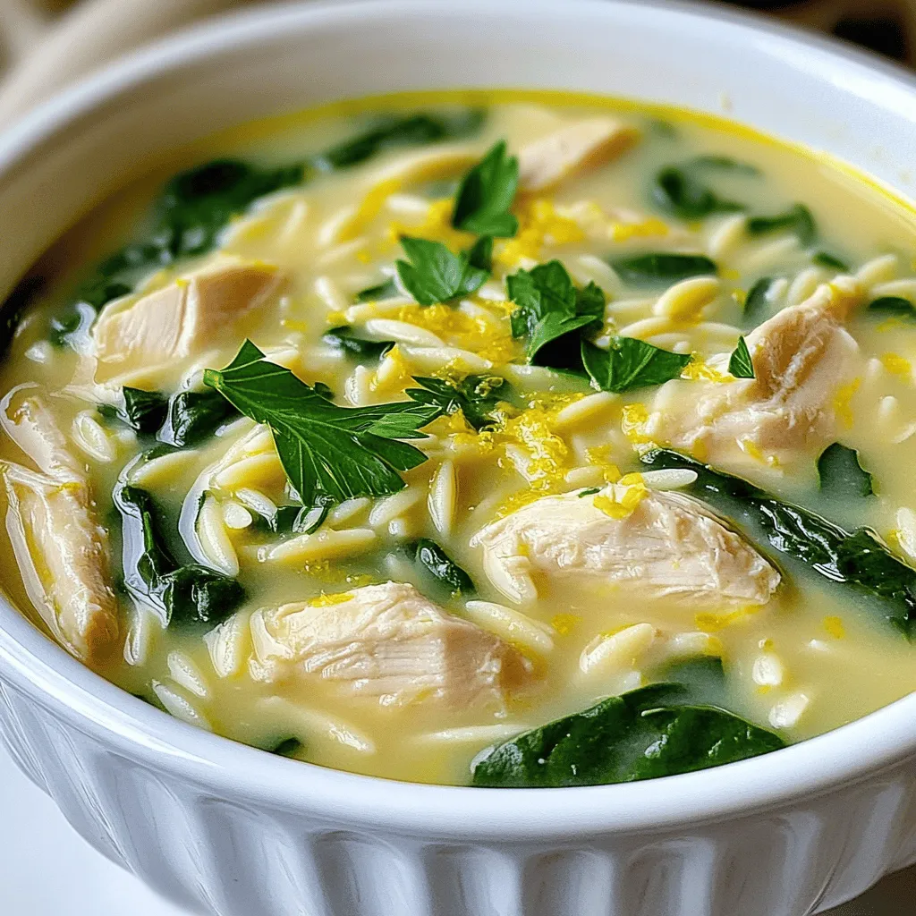 To make Creamy Lemon Chicken Orzo Soup, gather these key ingredients: - 1 lb boneless, skinless chicken thighs, diced - 1 cup orzo pasta - 1 medium onion, chopped - 2 cloves garlic, minced - 4 cups chicken broth - 1 cup heavy cream - 1 lemon (zest and juice) - 2 cups fresh spinach, roughly chopped - 1 teaspoon dried thyme - 1 teaspoon dried oregano - Salt and pepper to taste - 2 tablespoons olive oil - Fresh parsley, for garnish These ingredients come together to create a warm, creamy soup that is packed with flavor. You can add more depth to the soup with these optional ingredients: - 1 cup carrots, diced - 1 cup peas - A pinch of red pepper flakes for heat These extras add sweetness and a touch of spice, making your soup even more delightful. If you have dietary needs, consider these substitutions: - Use chicken breast instead of thighs for a leaner option. - Swap orzo for quinoa or brown rice for a gluten-free meal. - Coconut milk can replace heavy cream for a dairy-free version. These options ensure that everyone can enjoy this delicious soup, no matter their diet. For the full recipe, check out the details in the cooking instructions. Start by heating olive oil in a large pot over medium heat. Add the chopped onion and sauté for 3-4 minutes. Cook until the onion turns soft and clear. Next, stir in the minced garlic. Sauté for about one minute. You want the garlic to smell good but not burn. Now, add the diced chicken thighs to the pot. Sprinkle salt, pepper, dried thyme, and oregano over the chicken. Cook for about 5-7 minutes, stirring often. The chicken should brown well and be fully cooked. This step is key for flavor! Pour in the chicken broth and bring it to a boil. Once boiling, add the orzo pasta. Cook according to the package instructions, usually around 9-10 minutes. Stir the pot occasionally to keep the orzo from sticking. When the orzo is al dente, reduce the heat to low. Stir in the heavy cream, lemon zest, and lemon juice. Mix well until the soup is creamy and smooth. The cream adds richness while the lemon gives a bright flavor. Fold in the chopped spinach and let it wilt for about 2 minutes. This adds color and nutrients. Taste the soup and adjust the seasoning if needed. You can add more salt, pepper, or lemon juice to suit your taste. Serve the soup hot in bowls. Garnish with fresh parsley for a nice touch. This dish pairs well with crusty bread or a light salad. Enjoy your creamy lemon chicken orzo soup! For more details, check the Full Recipe. - Achieving the Ideal Creaminess Start with heavy cream for a rich base. Add it slowly to the soup. Stir gently to mix it well. This gives a smooth texture. If it gets too thick, add more broth. The goal is a creamy embrace for each bite. - Balancing Flavors with Lemon Juice Use fresh lemon juice for the best taste. Squeeze it in at the end. This gives your soup a bright, zesty kick. Taste as you go. Adjust the lemon to suit your preference. A little can go a long way. Avoid adding all ingredients too soon. Chicken needs to cook before you add the broth. This helps build depth in flavor. Also, don’t skip the zest! It adds a nice layer of brightness. Lastly, remember to taste before serving. Adjust seasoning as needed. To make the soup even better, try adding herbs. Fresh dill or basil can work wonders. You can also toss in some peas or carrots. They add color and sweetness. For a kick, sprinkle in some red pepper flakes. These small changes can elevate your soup to new heights! {{image_2}} - Chicken Alternatives You can use turkey or rotisserie chicken. These options are tasty and save time. For a vegetarian version, use chickpeas or tofu. Both provide protein and texture. - Gluten-Free Options If you need gluten-free orzo, look for rice-based orzo. Quinoa or gluten-free pasta can also work well. These choices keep the dish creamy and satisfying. - Adding More Herbs Fresh herbs can brighten your soup. Try adding basil, dill, or cilantro. These herbs add depth and freshness. You can also mix in dried herbs like rosemary for a unique twist. - Spicing it Up For a kick, add red pepper flakes or a dash of cayenne. This spice brings heat without overpowering the lemon flavor. You can also add a splash of hot sauce for extra zing. Seasonal ingredients can enhance your soup. In spring, use fresh asparagus or peas for color and crunch. In fall, try adding diced butternut squash for sweetness. Each season brings new flavors to explore. Enjoy the changes and make the soup your own! You can keep Creamy Lemon Chicken Orzo Soup in the fridge for about three days. Make sure to store it in an airtight container. This helps keep the soup fresh and safe to eat. Before eating, check for any off smells or changes in color. If you want to save some for later, freezing is a great option. This soup freezes well for up to three months. To freeze, let the soup cool completely. Then, pour it into freezer-safe bags or containers. Leave some space at the top, as liquids expand when frozen. When you're ready to eat, just thaw it in the fridge overnight. Reheating the soup is easy. Pour it into a pot and heat over medium-low heat. Stir it often until it's hot. If the soup seems too thick after freezing, add a splash of chicken broth or water. This keeps the soup creamy and delicious. Enjoy it as if it were fresh from the pot! For the full recipe, check here: [Full Recipe]. Store your Creamy Lemon Chicken Orzo Soup in an airtight container. Place it in the fridge. It stays fresh for about 3 to 4 days. Make sure it cools before sealing. This helps keep the soup tasty and safe to eat. Yes, you can make this soup in advance. It tastes even better after a day. Just follow the Full Recipe and let it cool. Then, store it in the fridge. When you want to eat it, heat it up gently on the stove. Stir well to mix the flavors. Yes, there is a vegetarian version of this soup. You can swap out the chicken for chickpeas or tofu. Use vegetable broth instead of chicken broth. Add more veggies like carrots and zucchini. This keeps the soup hearty and satisfying without meat. This blog post covered making creamy lemon chicken orzo soup. You learned about essential ingredients and helpful tips. I shared steps for cooking and variations to make it your own. Remember to balance flavors and store leftovers correctly. Enjoy this soup as a warm meal or a tasty snack. It’s easy to prepare and perfect for any time. You can make it fit your taste and dietary needs. I hope you feel ready to create this dish!