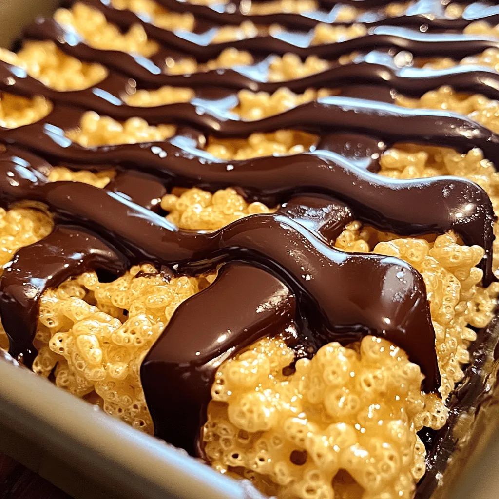 - 3 tablespoons unsalted butter - 1 package (10 oz) mini marshmallows - 6 cups Rice Krispies cereal - 1/2 teaspoon vanilla extract - 1/2 cup semi-sweet chocolate chips - 1 tablespoon coconut oil (for the chocolate drizzle) - Sea salt (optional, for garnish) To make Chocolate Drizzled Rice Krispie Treats, you need simple ingredients. First, gather your main ingredients. You will need unsalted butter, mini marshmallows, Rice Krispies cereal, and vanilla extract. These items form the base of your tasty treats. Next, for the topping, you will need semi-sweet chocolate chips and coconut oil. The coconut oil helps the chocolate melt smoothly. Adding a pinch of sea salt on top gives a nice flavor twist. Using good quality chocolate makes your treats even better. The chocolate drizzle adds a rich taste. It also makes the treats look fancy. You can find the full recipe above. Now, let's get started! Start by melting the butter in a large saucepan over low heat. Once it melts, add the mini marshmallows. Stir them in until they become smooth and creamy. This step is key, as it forms a sticky base for the treats. Next, take the pan off the heat and mix in the vanilla extract. This adds a sweet touch to your rice treats. Now, it's time to add the magic ingredient: Rice Krispies! Gradually pour the cereal into the warm marshmallow mix. Stir gently but quickly to ensure every piece gets coated. The mixture should be sticky but evenly coated. This will help your treats hold together when cut later. Prepare a 9x13 inch baking dish by greasing it with butter or cooking spray. Pour the cereal mixture into the dish. Use a spatula or your hands to press it down firmly and evenly. This step is important to create a solid base. Allow the treats to cool for 15-20 minutes. This helps them set up nicely. While your treats cool, melt the semi-sweet chocolate chips in a microwave-safe bowl. Do this in 30-second intervals, stirring in between until smooth. This keeps the chocolate from burning. Next, stir in the coconut oil to get a nice drizzle consistency. Once your treats are set, use a spoon to drizzle the melted chocolate in a zig-zag pattern over the top. This adds a sweet finishing touch. If you want, sprinkle a little sea salt on top for extra flavor. To get that perfect gooey yet firm Rice Krispie treat, start with fresh marshmallows. Old marshmallows can lose their fluffiness. When you melt the butter, add the marshmallows right after. Stir them well. You want them to melt completely before mixing in the cereal. Once combined, press the mixture into the baking dish firmly. This helps the treats hold their shape. Let them cool at room temperature. If you want to speed up the cooling process, pop them in the fridge for about 10 minutes. Just don&rsquo;t leave them in too long! For a beautiful drizzle design, use a spoon to create zig-zag patterns. Hold the spoon high above the treats when you drizzle. This creates a lovely effect. If you want thicker lines, drizzle the chocolate slowly. When choosing chocolate, semi-sweet is my top pick. It balances well with the sweetness of the marshmallows. You can also use milk chocolate for a creamier taste or dark chocolate for a richer flavor. Melt your chocolate in short bursts in the microwave. Stir between each burst to avoid burning. To boost flavor, consider adding some fun extras. A pinch of cinnamon or a splash of almond extract works wonders. Try folding in mini chocolate chips or crushed nuts into the Rice Krispie mix for added texture. These treats pair well with ice cream. A scoop of vanilla or chocolate ice cream makes a great match. You can also serve them with fresh fruit like strawberries or bananas. This adds freshness and balances the sweetness. For the full recipe, check out the complete instructions above. {{image_2}} You can switch up the chocolate for your drizzle. Milk chocolate gives a sweet, creamy taste. Dark chocolate adds a rich depth that many love. If you want something different, try white chocolate. It melts beautifully and looks great on top. You can also mix chocolates for a fun flavor twist. Want to jazz up your treats? Add some nuts like chopped almonds or pecans for crunch. Dried fruits like cranberries or raisins can add a chewy texture and sweetness. If you want to try something new, use other cereals. Cheerios or Cornflakes can work well. They add a unique twist to the classic Rice Krispies. Make your treats seasonal! For holidays, add colorful sprinkles. Red and green for Christmas or pastel colors for Easter. You can also match colors for birthday parties. Use food-safe dye to color your drizzle. This makes your treats fun and festive for any event. Get creative and let your imagination run wild! For the full recipe, check out the Chocolate Drizzled Rice Krispie Treats section. To keep your chocolate drizzled Rice Krispie treats fresh, store them in an airtight container. This helps prevent them from drying out or becoming hard. If you don&rsquo;t have an airtight container, wrap the treats tightly in plastic wrap. - Use a container that fits the size of your treats. A smaller container reduces air exposure. - Keep the container in a cool, dry place away from sunlight. High heat can change the texture. At room temperature, these treats stay fresh for about 3 days. If you want to keep them longer, freezing is a great option. - To freeze, cut the treats into squares and place them in a single layer on a baking sheet. - Once frozen, transfer them to a freezer-safe bag or container. When you want to enjoy them, thaw the treats at room temperature for about 30 minutes. They will taste just as good! Can I use gluten-free Rice Krispies? Yes, you can use gluten-free Rice Krispies. Many brands offer gluten-free options. Check the label to ensure they meet your needs. How do I make these treats crispy rather than sticky? To keep your treats crispy, avoid overmixing the Rice Krispies. Also, let them cool completely before cutting. This helps them maintain their crunch. What can I substitute for butter or marshmallows? You can use coconut oil instead of butter. For marshmallows, try using a vegan alternative made from agar or other plant-based ingredients. Can I double the recipe easily? Yes, you can double the recipe. Just use a larger baking dish and keep an eye on the cooling time. Why did my drizzle not set? If your drizzle does not set, it may need more coconut oil. Try adding a bit more and allowing it to cool longer. What to do if the treats are too hard? If your treats are too hard, add a bit of water or milk to the mixture next time. This keeps them soft and chewy. You learned how to make classic Rice Krispie treats with a chocolate drizzle. We covered key ingredients, step-by-step instructions, tips for texture, variations, and storage. Keep your treats fresh and tasty with these simple methods. Enjoy experimenting with flavors and toppings. These treats are fun to make and share. Whether for a party or a quiet night, they bring joy. Try your best, and you&rsquo;ll create something delicious. Enjoy your sweet treat journey!