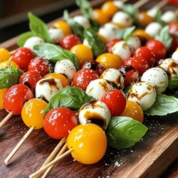 - Cherry tomatoes - Fresh mozzarella balls - Fresh basil leaves - Balsamic glaze - Olive oil - Salt and pepper - Wooden or metal skewers - Serving platter The main ingredients for Caprese skewers are simple yet flavorful. You will need ripe cherry tomatoes, fresh mozzarella balls, and vibrant basil leaves. The tomatoes should be sweet and juicy. Choose mozzarella balls, also known as bocconcini, that are soft and creamy. The basil adds a fresh aroma that ties everything together. For extra flavor, you will use balsamic glaze, olive oil, and a pinch of salt and pepper. The glaze gives a sweet and tangy kick that perfectly complements the other ingredients. Olive oil adds richness, while salt and pepper boost the overall taste. You’ll also need wooden or metal skewers to assemble the skewers. If you use wooden skewers, soak them in water for about 10 minutes before using. This step helps prevent burning. Finally, have a serving platter ready to display your beautiful skewers. For the full recipe, check out the details provided above. Enjoy making this fresh and delightful appetizer! - Soak wooden skewers: If you're using wooden skewers, soak them in water for 10 minutes. This helps prevent burning while cooking. - Rinse tomatoes and basil: Rinse the cherry tomatoes and fresh basil leaves under cool water. Pat them dry with a clean towel. - Threading ingredients onto skewers: Start by taking a skewer. Thread on a cherry tomato first. Then, add a fresh basil leaf. Follow this with a mozzarella ball. - Filling the skewer: Repeat this process until the skewer is full, leaving some space at the end. Aim for 2-3 sets of tomato, basil, and mozzarella on each skewer. - Drizzling olive oil and glaze: Place your assembled skewers on a serving platter. Drizzle olive oil over the skewers. Next, drizzle balsamic glaze for extra flavor. - Seasoning the skewers: Finish by sprinkling salt and pepper over the skewers to enhance the taste. Enjoy your colorful and tasty Caprese skewers! For a full recipe, check out the detailed instructions above. To boost the taste of your Caprese skewers, try different seasonings. You can use fresh herbs like oregano or thyme to add a twist. A sprinkle of red pepper flakes gives a nice kick. For a richer flavor, try using a flavored oil, like garlic-infused olive oil. This oil pairs well with the fresh ingredients. Make your skewers stand out with creative serving ideas. Arrange the skewers in a tall glass for a fun look. You can also lay them across a colorful platter. To add some flair, garnish with extra basil leaves or a drizzle of balsamic glaze on the plate. This gives a nice touch and makes the dish pop. When you assemble your skewers, pay attention to the order of ingredients. Alternate the colors for a vibrant effect. Start with a tomato, then a basil leaf, and follow with mozzarella. To keep your ingredients from slipping, push them close together. This not only holds them in place but also makes for a neat presentation. For the full recipe, check out Caprese Skewers Delight. {{image_2}} You can switch up the cheese in your Caprese skewers. Try feta for a tangy twist. Goat cheese adds creaminess and flavor. If you want a firmer bite, use aged provolone. For a fun crunch, add vegetables like bell peppers or cucumbers. You can also include proteins like grilled chicken or shrimp. These additions make the skewers hearty and filling. Incorporating herbs and spices can elevate your skewers. Fresh oregano or thyme pairs well with the tomatoes and cheese. You can also sprinkle some chili flakes for heat. Experimenting with dressings can change the game. Instead of balsamic glaze, try a pesto drizzle or a zesty vinaigrette. Each option brings a unique taste to your dish. Adjusting ingredients based on what's in season keeps your skewers fresh. In summer, use ripe heirloom tomatoes and vibrant basil. In fall, consider roasted pumpkin cubes or arugula for a warm touch. For holidays, you can create themed skewers. Use red and green cherry tomatoes and add cranberries for a festive look. These variations keep your appetizers exciting and seasonal. After you enjoy your Caprese skewers, store leftovers in the fridge. Use airtight containers to keep them fresh. This helps prevent drying out and keeps flavors intact. If you have wooden skewers, remove the ingredients before storing. Wooden skewers can splinter when stored with food. To keep your ingredients fresh before assembly, store tomatoes, mozzarella, and basil separately. Keep tomatoes at room temperature for the best taste. Place mozzarella in cold water or a sealed container. Wrap basil in a damp paper towel and place it in a plastic bag to maintain moisture. Caprese skewers stay good in the fridge for about 2 days. After that, they may lose their taste and texture. Caprese skewers are best enjoyed cold. However, if you prefer them warm, use a microwave. Heat them for just a few seconds to avoid melting the cheese too much. Serve them fresh after reheating for the best flavor. If you have leftover balsamic glaze, drizzle it on top when serving. It adds a nice flair and flavor boost. To make Caprese skewers vegan, you can substitute cheese with several options. Try using vegan mozzarella or cashew cheese for a creamy texture. You can also use marinated tofu or avocado slices for added flavor. Both options keep the dish light and refreshing. Yes, you can prepare Caprese skewers ahead of time. To do this, chop tomatoes, basil, and cheese the day before. Store each ingredient separately in the fridge. Assemble the skewers just before serving for the best taste. This keeps everything fresh and vibrant. Caprese skewers pair well with many foods. Consider serving them with crusty bread, like a baguette or focaccia. A crisp salad or a side of olives also complements the flavors. For drinks, a light white wine or sparkling water enhances the meal. You can vary the balsamic glaze in two main ways. You can make homemade glaze by reducing balsamic vinegar on the stove until thick. Alternatively, store-bought options are convenient and tasty. Choose a brand with few additives for the best flavor. Caprese skewers are simple and fun to make. You can use cherry tomatoes, mozzarella, and basil for a fresh taste. Drizzle olive oil and balsamic glaze for extra flavor. Remember, you can mix ingredients to suit your taste. Store leftovers well to enjoy later. Don’t hesitate to experiment and make the skewers your own with different flavors. Try them at your next gathering. They’re sure to impress!