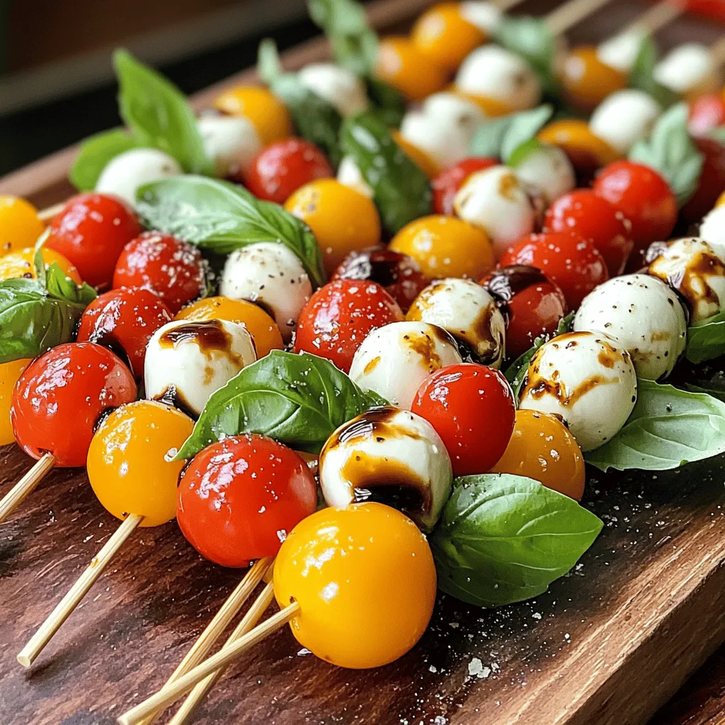 - Cherry tomatoes - Fresh mozzarella balls - Fresh basil leaves - Balsamic glaze - Olive oil - Salt and pepper - Wooden or metal skewers - Serving platter The main ingredients for Caprese skewers are simple yet flavorful. You will need ripe cherry tomatoes, fresh mozzarella balls, and vibrant basil leaves. The tomatoes should be sweet and juicy. Choose mozzarella balls, also known as bocconcini, that are soft and creamy. The basil adds a fresh aroma that ties everything together. For extra flavor, you will use balsamic glaze, olive oil, and a pinch of salt and pepper. The glaze gives a sweet and tangy kick that perfectly complements the other ingredients. Olive oil adds richness, while salt and pepper boost the overall taste. You’ll also need wooden or metal skewers to assemble the skewers. If you use wooden skewers, soak them in water for about 10 minutes before using. This step helps prevent burning. Finally, have a serving platter ready to display your beautiful skewers. For the full recipe, check out the details provided above. Enjoy making this fresh and delightful appetizer! - Soak wooden skewers: If you're using wooden skewers, soak them in water for 10 minutes. This helps prevent burning while cooking. - Rinse tomatoes and basil: Rinse the cherry tomatoes and fresh basil leaves under cool water. Pat them dry with a clean towel. - Threading ingredients onto skewers: Start by taking a skewer. Thread on a cherry tomato first. Then, add a fresh basil leaf. Follow this with a mozzarella ball. - Filling the skewer: Repeat this process until the skewer is full, leaving some space at the end. Aim for 2-3 sets of tomato, basil, and mozzarella on each skewer. - Drizzling olive oil and glaze: Place your assembled skewers on a serving platter. Drizzle olive oil over the skewers. Next, drizzle balsamic glaze for extra flavor. - Seasoning the skewers: Finish by sprinkling salt and pepper over the skewers to enhance the taste. Enjoy your colorful and tasty Caprese skewers! For a full recipe, check out the detailed instructions above. To boost the taste of your Caprese skewers, try different seasonings. You can use fresh herbs like oregano or thyme to add a twist. A sprinkle of red pepper flakes gives a nice kick. For a richer flavor, try using a flavored oil, like garlic-infused olive oil. This oil pairs well with the fresh ingredients. Make your skewers stand out with creative serving ideas. Arrange the skewers in a tall glass for a fun look. You can also lay them across a colorful platter. To add some flair, garnish with extra basil leaves or a drizzle of balsamic glaze on the plate. This gives a nice touch and makes the dish pop. When you assemble your skewers, pay attention to the order of ingredients. Alternate the colors for a vibrant effect. Start with a tomato, then a basil leaf, and follow with mozzarella. To keep your ingredients from slipping, push them close together. This not only holds them in place but also makes for a neat presentation. For the full recipe, check out Caprese Skewers Delight. {{image_2}} You can switch up the cheese in your Caprese skewers. Try feta for a tangy twist. Goat cheese adds creaminess and flavor. If you want a firmer bite, use aged provolone. For a fun crunch, add vegetables like bell peppers or cucumbers. You can also include proteins like grilled chicken or shrimp. These additions make the skewers hearty and filling. Incorporating herbs and spices can elevate your skewers. Fresh oregano or thyme pairs well with the tomatoes and cheese. You can also sprinkle some chili flakes for heat. Experimenting with dressings can change the game. Instead of balsamic glaze, try a pesto drizzle or a zesty vinaigrette. Each option brings a unique taste to your dish. Adjusting ingredients based on what's in season keeps your skewers fresh. In summer, use ripe heirloom tomatoes and vibrant basil. In fall, consider roasted pumpkin cubes or arugula for a warm touch. For holidays, you can create themed skewers. Use red and green cherry tomatoes and add cranberries for a festive look. These variations keep your appetizers exciting and seasonal. After you enjoy your Caprese skewers, store leftovers in the fridge. Use airtight containers to keep them fresh. This helps prevent drying out and keeps flavors intact. If you have wooden skewers, remove the ingredients before storing. Wooden skewers can splinter when stored with food. To keep your ingredients fresh before assembly, store tomatoes, mozzarella, and basil separately. Keep tomatoes at room temperature for the best taste. Place mozzarella in cold water or a sealed container. Wrap basil in a damp paper towel and place it in a plastic bag to maintain moisture. Caprese skewers stay good in the fridge for about 2 days. After that, they may lose their taste and texture. Caprese skewers are best enjoyed cold. However, if you prefer them warm, use a microwave. Heat them for just a few seconds to avoid melting the cheese too much. Serve them fresh after reheating for the best flavor. If you have leftover balsamic glaze, drizzle it on top when serving. It adds a nice flair and flavor boost. To make Caprese skewers vegan, you can substitute cheese with several options. Try using vegan mozzarella or cashew cheese for a creamy texture. You can also use marinated tofu or avocado slices for added flavor. Both options keep the dish light and refreshing. Yes, you can prepare Caprese skewers ahead of time. To do this, chop tomatoes, basil, and cheese the day before. Store each ingredient separately in the fridge. Assemble the skewers just before serving for the best taste. This keeps everything fresh and vibrant. Caprese skewers pair well with many foods. Consider serving them with crusty bread, like a baguette or focaccia. A crisp salad or a side of olives also complements the flavors. For drinks, a light white wine or sparkling water enhances the meal. You can vary the balsamic glaze in two main ways. You can make homemade glaze by reducing balsamic vinegar on the stove until thick. Alternatively, store-bought options are convenient and tasty. Choose a brand with few additives for the best flavor. Caprese skewers are simple and fun to make. You can use cherry tomatoes, mozzarella, and basil for a fresh taste. Drizzle olive oil and balsamic glaze for extra flavor. Remember, you can mix ingredients to suit your taste. Store leftovers well to enjoy later. Don’t hesitate to experiment and make the skewers your own with different flavors. Try them at your next gathering. They’re sure to impress!