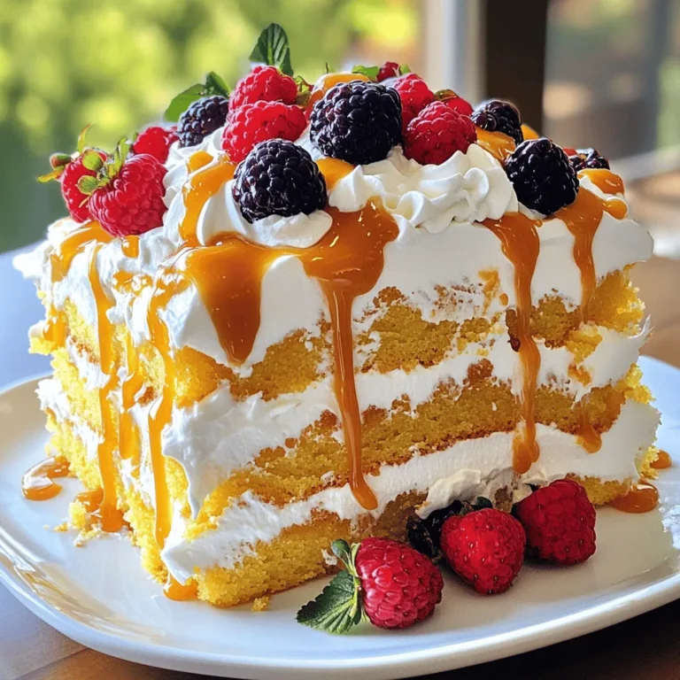 - 1 cup all-purpose flour - 1½ teaspoons baking powder - ¼ teaspoon salt - 5 large eggs, separated - 1 cup sugar, divided - ½ cup whole milk - 1 teaspoon vanilla extract - 1 can (12 oz) evaporated milk - 1 can (14 oz) sweetened condensed milk - 1 cup heavy cream - ½ cup dulce de leche, plus extra for drizzling - Fresh berries for garnish (optional) Gathering the right ingredients is key for this cake. Use fresh eggs and good-quality milk for the best flavor. I prefer using whole milk, but you can also experiment with low-fat milk. The dulce de leche adds a rich, sweet note. You can find it in most grocery stores or make your own. When measuring flour, spoon it into your measuring cup instead of scooping directly. This prevents the flour from packing down and keeps your cake light. Be sure to separate your eggs carefully. The egg whites need to be free of yolk for the best texture. This list will help you create a sweet masterpiece. Make sure you have everything ready before you start. Check the Full Recipe for more details on how to combine these ingredients perfectly. - Preheat the oven to 350°F (175°C). - Grease and flour a 9x13-inch baking dish. First, I make sure my oven is hot enough. Preheating helps the cake rise well. Next, I grease and flour the baking dish. This step stops the cake from sticking. It also helps with easy serving later. - Whisk dry ingredients and set aside. - Beat egg yolks and sugar until creamy. In a bowl, I whisk together the flour, baking powder, and salt. This mix is the base of the cake. I set it aside for now. Then, I take a larger bowl and beat the egg yolks with sugar. I mix them until they look creamy and light. Adding whole milk and vanilla extract makes it even better. - Whisk egg whites and fold into batter. - Bake the cake and let cool. Now, I whisk the egg whites in a clean bowl. I keep whisking until soft peaks form. Then, I add the rest of the sugar slowly. I keep whisking until I see stiff peaks. This part is key for a fluffy cake. I gently fold the egg whites into the yolk mixture. I do this in three parts to keep it airy. Once combined, I pour the batter into the baking dish. I smooth the top and bake it for 25 to 30 minutes. I let it cool completely in the pan. This cooling time is important before the next steps. To avoid a dry cake, follow these tips: - Use fresh eggs, as they help retain moisture. - Do not overmix the batter. Mix just until combined. - Check for doneness a minute or two early. Cooling the cake before soaking is crucial. If it’s warm, it won’t absorb the milk mixture well. Let it cool in the pan for at least 30 minutes. For soaking the cake evenly, use these methods: - Poke holes all over the surface with a skewer or fork. - Pour the milk mixture slowly, letting it soak in bit by bit. Let the cake sit for at least 30 minutes after soaking. The longer it sits, the more flavorful it becomes. Aim for one hour for the best absorption. To achieve the perfect consistency for whipped cream: - Use cold heavy cream and a chilled bowl. - Whip until soft peaks form, then add flavor. For flavor variations, try adding a splash of vanilla or almond extract. You can even fold in cocoa powder for a chocolate twist. This will elevate your cake to a new level! {{image_2}} You can change the flavor of your cake easily. Adding spices can make a big impact. Try using cinnamon or nutmeg for warmth. These spices enhance the sweet taste of dulce de leche. You can also use flavored extracts. Almond or coconut extracts can give a nice twist. Just a few drops can elevate the cake's taste. Toppings can add fun and color to your cake. Fresh fruit is a great choice. Berries like strawberries, blueberries, or raspberries work well. They add a tartness that balances the sweetness. You can also use chocolate shavings or nuts. They give a crunchy texture that contrasts nicely. Try a mix of toppings for a unique look. If you want to try something new, change the cake base. You can use gluten-free options, like almond flour. It makes the cake lighter and adds a nutty flavor. Another option is to use sponge cake. Sponge cake provides a fluffy texture that soaks up the milk well. Each base offers a different taste and experience. For the full recipe, check out the Full Recipe section. To keep your Dulce de Leche Tres Leches Cake fresh, proper storage is key. After enjoying a slice, cover the cake tightly with plastic wrap or aluminum foil. This helps keep the moisture in. Store it in the fridge for the best results. If you want to save some for later, freezing is a great option. Cut the cake into individual slices for easy serving. Wrap each slice in plastic wrap, then place them in an airtight container. This method helps keep the cake moist and delicious. In the fridge, your cake will last about 4 to 5 days. Make sure to check it regularly. Signs that the cake has gone bad include a sour smell or visible mold. If you see any of these signs, it’s best to toss the cake. To enjoy your leftovers, you can reheat them gently. Place a slice on a microwave-safe plate. Heat it for about 10 to 15 seconds. This warms the cake without making it dry. You can also drizzle a bit of milk over the slice before warming it. This adds back some moisture. Enjoy the rich flavors of your Dulce de Leche Tres Leches Cake again! For the full recipe, check out the earlier section. Dulce de leche tres leches cake is a rich, moist dessert. It combines three types of milk: evaporated milk, sweetened condensed milk, and heavy cream. The name "tres leches" means "three milks" in Spanish. This cake originated in Latin America and has a sweet, creamy flavor. The addition of dulce de leche makes it even more special. This thick caramel adds depth and richness to the cake. You can find many variations, but the core remains the same: a soft sponge cake soaked in milk. Yes, you can make this cake ahead of time. I recommend preparing it a day before serving. This allows the cake to absorb the milk mixture fully. When you soak it overnight, the flavors deepen. Store the cake in the fridge, covered tightly. Just add the whipped cream and dulce de leche topping right before serving. Yes, you can make a dairy-free version of this cake. For the milk, use almond or coconut milk. Instead of heavy cream, try coconut cream or a dairy-free whipped topping. Use dairy-free dulce de leche or make your own with coconut milk and sugar. Keep in mind that the texture and flavor might change slightly, but it will still be delicious. To prevent the cake from falling apart, handle it gently. After baking, let the cake cool completely in the pan. Use a skewer to poke holes without breaking the cake. When pouring the milk mixture, do it slowly and evenly. Allow the cake to soak well but don’t rush. When serving, use a sharp knife to cut it into squares. A gentle touch will keep it intact. For serving, place the cake on individual plates to make it easier to enjoy. In this blog post, we covered how to make a delicious Dulce de Leche Tres Leches Cake. You learned about the key ingredients, clear steps for baking, and helpful tips to ensure your cake turns out moist and tasty. I also shared variations to customize your dessert and storage tips for leftovers. This cake is a delight to make and share. Try it, and enjoy every bite. Happy baking!