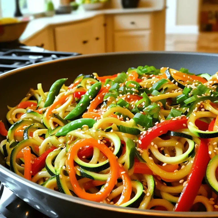 - Zucchini Noodles: How to Spiralize - You need 4 medium zucchinis for this dish. Use a spiralizer to make long, noodle-like strands. If you don’t have a spiralizer, you can use a vegetable peeler to create thin ribbons. This method works, but the noodles will be a bit thicker. - Fresh Vegetables: Recommended Choices - For this recipe, I suggest: - 1 red bell pepper, thinly sliced - 1 cup sugar snap peas, trimmed - 1 carrot, julienned - Feel free to mix in other veggies like broccoli or mushrooms for extra flavor. Just remember to cut them into small pieces for even cooking. - Seasonings and Sauces: Essential Ingredients - You will need: - 3 cloves garlic, minced - 1 tablespoon fresh ginger, minced - 3 tablespoons soy sauce (or tamari for gluten-free) - 2 tablespoons sesame oil - 1 tablespoon rice vinegar - 1 teaspoon red pepper flakes (optional) - 2 green onions, chopped - Sesame seeds for garnish - These ingredients blend together to create a tasty and aromatic sauce. The sesame oil adds a rich flavor, while the red pepper flakes give a nice kick if you want some heat. This recipe is quick and easy, making it perfect for a busy weeknight dinner. Check out the Full Recipe for more details! To make zucchini noodles, I use a spiralizer. It’s easy and fun! First, wash the zucchinis well. Cut off both ends. Then, place the zucchini in the spiralizer. Turn the handle to create long, thin noodles. If you don’t have a spiralizer, you can use a vegetable peeler for ribbons. If you can't find zucchinis, try using carrots or sweet potatoes. They also make great noodles. You can use a mandoline or a peeler to create them. Remember, the key is to keep the noodles thin for even cooking. Heat a large skillet over medium-high heat. Add sesame oil and let it warm up. This oil gives a nice flavor to the dish. When the oil is hot, it’s time to add your garlic and ginger. Add minced garlic and ginger to the skillet. Stir them for about 30 seconds. You want them to smell great but not burn. Next, add your colorful veggies: red bell pepper, carrot, and sugar snap peas. Stir-fry them for 3-4 minutes. Keep them crunchy! Then, add the spiralized zucchini with soy sauce and vinegar. Stir-fry for another 3-5 minutes. Mix well, but don’t overcook. The noodles should be tender, not mushy. Once cooked, remove the pan from heat. Serve the stir-fry right away for the best taste. You can put it on a big plate or in bowls. To make your dish pop, add chopped green onions and sesame seeds on top. They add a nice crunch and flavor. You can also add a sprinkle of red pepper flakes if you like a little heat. For the full recipe, check the details above! Keeping Zucchini Noodles from Getting Soggy To keep your zucchini noodles firm, do not cook them too long. Stir-fry them just until they are tender. You can also sprinkle a bit of salt on the noodles before cooking. This helps draw out excess moisture. After salting, let them sit for 10 minutes, then pat them dry with a paper towel. This step makes a big difference! How to Achieve Maximum Flavor Flavor is key in this dish. Start with high-quality sesame oil for a rich taste. Use fresh garlic and ginger for the best aroma. Stir-fry your veggies over medium-high heat to get that nice char and smoky flavor. A splash of rice vinegar adds brightness and helps balance the flavors. You can also add red pepper flakes for a spicy kick. Mix and taste as you go! Low Sodium Soy Sauce Options If you want a healthier sauce, look for low sodium soy sauce. It has less salt but still gives you that great umami flavor. Tamari is another great choice for those needing a gluten-free option. Both will keep your dish tasty without the extra sodium. Gluten-Free Substitutes For a gluten-free version, use tamari or coconut aminos instead of regular soy sauce. They both work well in stir-fries. You can also switch out the sesame oil for avocado oil if you prefer a different flavor. These easy swaps help everyone enjoy this dish! For the full recipe, check out the Zesty Zucchini Noodle Stir Fry . {{image_2}} You can add protein to your stir fry for extra flavor and nutrition. Chicken is a great choice. Just cut it into small pieces and cook it in the pan before adding the veggies. Shrimp cooks fast and adds a nice taste. Toss it in after the garlic and ginger. If you prefer plant-based options, use tofu. Firm tofu works best. Cut it into cubes, and pan-fry it until golden. This makes it crispy and tasty. Vegetarian and vegan diets can shine with these add-ins. Chickpeas or lentils can provide protein too. They mix well with the sauce and veggies. To enhance the flavor of your dish, consider adding nuts or seeds. Chopped peanuts or cashews add crunch and richness. Sprinkle them on just before serving. Sesame seeds also work well. They add a nice nutty flavor and look great. If you like spice, adjust the heat level. You can add more red pepper flakes for extra kick. Or try fresh chili peppers for a bold taste. These simple changes let you enjoy a new dish every time! For the full recipe, check out the details above. Store your zucchini noodle stir fry in airtight containers. Glass or BPA-free plastic containers work best. This keeps the meal fresh and tasty. Make sure to cool the dish to room temperature first before sealing it. This helps prevent moisture buildup, which can make the noodles soggy. Refrigeration Tips: - Place the containers in the fridge within two hours of cooking. - Aim to eat leftovers within 3 days for the best taste and quality. To reheat your stir fry, use a non-stick skillet over medium heat. This method warms the dish evenly and keeps it from overcooking. Add a splash of water or soy sauce if it seems dry. Stir often to keep everything hot without burning. You can also use the microwave if needed. Heat in short bursts of 30 seconds. Stir between each burst to evenly distribute the heat. This helps maintain the texture of your zucchini noodles. Enjoy your meal again with the same great flavors! For the complete recipe, check out the Full Recipe. Can I make this dish ahead of time? Yes, you can prepare this dish ahead. You can spiralize the zucchinis and chop the veggies. Store them in the fridge until you're ready to cook. This keeps them fresh and saves time. What can I substitute for zucchini noodles? If you don’t have zucchini, try using spaghetti squash or carrot noodles. You can also use whole wheat pasta for a different texture. Just remember to adjust cooking times based on your choice. How do I make it spicier? To add heat, mix in more red pepper flakes or some sliced jalapeños. You can also use a spicy sauce like Sriracha for an extra kick. Add these spices according to your taste. Caloric Content per Serving This dish has about 150 calories per serving. This makes it a light meal full of flavor. It’s perfect for lunch or dinner without weighing you down. Health Benefits of Zucchini Noodles Zucchini noodles are low in calories and high in nutrients. They are rich in vitamins A and C. They also provide fiber, which helps digestion. Eating zucchini noodles can support weight loss and overall health. Zucchini noodles offer a fun, healthy twist in meals. This guide shared ingredients, cooking methods, and tips to enhance your dish. You learned how to spiralize and cook zucchini for that perfect crunch. Explore tasty variations and healthy add-ins for protein. Remember to store leftovers properly for later enjoyment. Keep experimenting and find your favorite mix of flavors. Cooking with zucchini noodles is not just tasty; it’s a way to eat well. Enjoy your culinary journey with this delicious dish!
