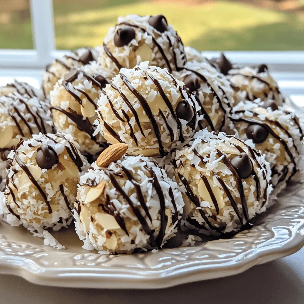 To make these tasty bites, gather the following ingredients: - 1 cup rolled oats - 1/2 cup almond butter - 1/4 cup honey or maple syrup - 1/2 cup unsweetened shredded coconut - 1/4 cup dark chocolate chips - 1/4 cup whole almonds - 1 teaspoon vanilla extract - Pinch of salt These ingredients work together to create a chewy, sweet, and nutty treat. Each bite packs a punch of flavor and energy. The rolled oats give a great texture. Almond butter adds creaminess. Honey or maple syrup brings sweetness. Shredded coconut gives a tropical twist. Dark chocolate chips provide rich flavor. Whole almonds add crunch. Vanilla extract enhances the taste. A pinch of salt balances the sweetness. You can switch up some ingredients if needed: - Almond butter alternatives: Use peanut butter or sunflower seed butter. - Sweetener options: Agave syrup or coconut sugar work well too. - Coconut variations: Try toasted coconut or flavored coconut for a twist. By using these substitutions, you can tailor the bites to your taste. This way, you can still enjoy a delicious snack even if you have different preferences or allergies. Explore these options to make your perfect No Bake Almond Joy Energy Bites! For the full recipe, check out the section above. - Prep Time: 10 minutes - Total Time: 40 minutes (including chilling) - Servings: 12-15 energy bites 1. Mixing oats and coconut Start with a large mixing bowl. Add 1 cup of rolled oats and 1/2 cup of unsweetened shredded coconut. Stir them together well. Use a spoon or spatula to make sure they mix evenly. This step gives your energy bites a great texture. 2. Combining wet ingredients In another bowl, whisk together 1/2 cup of almond butter, 1/4 cup of honey or maple syrup, 1 teaspoon of vanilla extract, and a pinch of salt. Make sure it is smooth. This blend adds sweetness and flavor to the bites. 3. Forming energy bites and chilling Pour the almond butter mix over the oats and coconut. Stir until everything is well combined. Next, fold in 1/4 cup of dark chocolate chips and 1/4 cup of whole almonds. Get your hands a little messy! Scoop out about 1 inch of the mixture and roll it into a ball. Place the energy bites on a parchment-lined baking sheet. Once you’ve rolled them all, refrigerate for at least 30 minutes. This helps them firm up nicely. For the full recipe, you can check the detailed steps. Enjoy making these tasty energy bites! To make the best No Bake Almond Joy Energy Bites, focus on consistency. The mixture should stick together but not be too wet. If it feels dry, add a touch more almond butter or a bit of honey. If it’s too wet, add more oats. Adjusting sweetness is easy. Taste the mix before rolling. If you want it sweeter, add more honey or maple syrup. Remember, the dark chocolate adds some sweetness too. You can use a cookie scoop if you want. This makes uniform bites and keeps your hands clean. Just scoop the mixture and drop it onto your parchment paper. For gatherings, presentation is key. Serve the energy bites in small paper cups. They look cute and are easy to grab. You can also arrange them on a decorative platter. Drizzle melted dark chocolate over the top for a fancy touch. Pair these bites with drinks like almond milk or coconut water. They also go well with fresh fruit or yogurt for a tasty snack. Enjoy these energy bites anytime for a quick boost! {{image_2}} You can easily switch up the flavors of your No Bake Almond Joy Energy Bites. Here are three tasty ideas: - Chocolate Almond Joy Bites: Add more cocoa powder to the mix. This boosts the chocolate flavor and makes the bites rich and decadent. Just replace a bit of the oats with cocoa powder. - Peanut Butter Chocolate Chip Bites: Swap almond butter for creamy peanut butter. This gives the bites a nutty twist. Add in some mini chocolate chips for extra sweetness and fun. - Vegan Coconut-Chocolate Bites: Use maple syrup instead of honey. This keeps it vegan-friendly. You can also choose dairy-free chocolate chips to make it fully plant-based. When it comes to dietary needs, I have some great options for you: - Gluten-free adaptations: All ingredients in this recipe are naturally gluten-free. Just check the labels on oats to ensure they are certified gluten-free. - Nut-free alternatives for allergies: If you need a nut-free option, try sunflower seed butter instead of almond butter. You can also leave out the almonds or replace them with pumpkin seeds for crunch. To keep your No Bake Almond Joy Energy Bites fresh, use an airtight container. Glass or plastic containers with tight lids work best. Make sure to store them in the refrigerator. They stay good for up to one week. For longer storage, you can freeze them. Place the bites in a single layer on a baking sheet first. After they freeze, transfer them to a freezer-safe bag. This way, they won’t stick together. A serving size is about two energy bites. This gives you a nice boost without overdoing it. Pay attention to how they look and smell. If they have an off smell or if the texture changes, toss them out. Fresh bites should feel firm but not hard. If they start to look dry, it’s time to go. Enjoy your energy bites while they’re at their best! Can I make these energy bites ahead of time? Yes, you can make these energy bites ahead. They store well in the fridge. This makes them perfect for meal prep. How long do they last in the fridge? These energy bites last up to one week in the fridge. Just keep them in an airtight container. Can I substitute almond butter? You can use other nut butters, like peanut butter. Sunflower seed butter is a good option too. Can I use other types of nuts? Yes, feel free to swap in different nuts. Walnuts, cashews, or pecans can add great flavor. Are there options for dairy-free chocolate? Absolutely! Look for dairy-free or vegan chocolate chips. Many brands offer tasty options. How to customize for different flavor profiles? You can add spices like cinnamon or nutmeg. Try mixing in dried fruits or seeds for a twist. In this article, we explored how to make No Bake Almond Joy Energy Bites. We covered the key ingredients, including oats, almond butter, and chocolate chips. You learned the step-by-step instructions and tips for perfect bites. Don’t forget the various flavors and dietary options, too. These energy bites are easy to customize and fun to make. Enjoy them as a snack or share with friends!