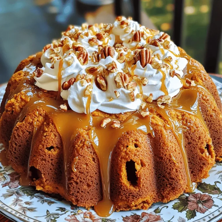 To make a caramel pumpkin poke cake, you need some simple ingredients. Here’s what you will gather: - 1 box of spice cake mix (including ingredients listed on the box) - 1 cup canned pumpkin puree - 1 teaspoon pumpkin pie spice - 1 cup water - 1/2 cup vegetable oil - 3 large eggs - 1 cup caramel sauce (store-bought or homemade) - 1 cup sweetened whipped cream - 1/2 cup chopped pecans or walnuts (optional) - Extra caramel sauce for drizzling on top These ingredients create a moist and flavorful cake. The spice cake mix pairs well with pumpkin puree. Pumpkin pie spice adds a warm touch. You can use store-bought caramel sauce, or make your own for extra flavor. This cake is not just tasty; it is also fun to make. Kids will enjoy helping mix the batter. The poke method makes this dessert unique. It allows the caramel sauce to soak in. Each bite will be rich and sweet. Check out the full recipe for specific steps and tips on making this delight! - Preheat your oven to 350°F (175°C). - Grease and flour a 9x13 inch baking pan. Starting with the oven is key. This helps the cake rise well. Greasing and flouring the pan stops the cake from sticking. It makes serving easier. - Combine ingredients in a mixing bowl. - Beat on low and then medium speed. In a large bowl, add your spice cake mix, pumpkin puree, pumpkin pie spice, water, vegetable oil, and eggs. Mix these well. Start on low speed for about 30 seconds. Then switch to medium speed for 2 minutes. You want a smooth batter. This step is fun! The smell of pumpkin spice fills the air. - Pour batter and bake for 30-35 minutes. - Poke holes in the cake after cooling. Pour your batter into the prepared pan. Spread it evenly. Bake for 30 to 35 minutes. Check if it’s done with a toothpick. If it comes out clean, your cake is ready! Let it cool for about 10 minutes. Then, poke holes all over the top. Use a wooden spoon handle or a fork. Aim for 20 to 30 holes. This allows the caramel to soak in later. For the full recipe, check below for all the details. To keep your cake moist, I recommend using a bit more pumpkin puree than the recipe calls for. Adding an extra 1/4 cup ensures the cake stays soft and fluffy. Also, do not over-mix your batter. Mix just until combined for the best texture. For caramel integration, drizzle the warm caramel sauce right after poking holes. This allows the sauce to soak in well. Let the cake cool completely after adding the caramel. This helps the flavors blend perfectly. Serving this cake can be fun and creative. I like to use a nice plate to show off the layers. Cut the cake into squares and place each piece on a decorative plate. Drizzle extra caramel sauce over each piece before serving. This adds a lovely touch and makes it look fancy. You can also sprinkle some chopped pecans or walnuts on top for crunch. A little mint leaf can brighten the plate too. These small details make your dessert pop! You can prepare this cake a day in advance. Just make sure to store it in the fridge after it cools. This allows the flavors to meld well. Wrap it tightly in plastic wrap or keep it in an airtight container. If you want to serve it later, let it chill for at least an hour before serving. This gives the best taste and texture. Enjoy your delicious creation! {{image_2}} You can switch the spice cake mix for a yellow or chocolate cake mix. This change gives a new twist to the flavor. For a lighter cake, use a box of angel food cake mix. If you want a gluten-free option, try a gluten-free cake mix. If you can't find canned pumpkin puree, use cooked and mashed sweet potatoes. You can also use butternut squash puree for a different taste. Just keep the amount the same as the pumpkin. Want to boost the flavor? Add extra spices like cinnamon, nutmeg, or allspice. A teaspoon of vanilla extract can add warmth, too. Mix in some cocoa powder for a richer taste. For toppings, consider adding crushed graham crackers or toffee bits instead of nuts. You can also use mini chocolate chips for a sweet surprise. Whipped cream can be flavored with maple syrup for a fun twist. Make it festive for holidays! For Halloween, use orange and black sprinkles. For Thanksgiving, add pecans or candied cranberries. You can also create a winter version by adding peppermint extract. Mix in crushed candy canes for a holiday treat. For summer BBQs, switch to a lighter cake and add fresh berries on top. To keep your caramel pumpkin poke cake fresh, store it in the fridge. Wrap the cake tightly with plastic wrap or foil to prevent it from drying out. You can also place it in an airtight container. This will help keep the flavors intact. The cool temperature of the fridge is ideal for this dessert. In the refrigerator, the cake lasts about 3 to 5 days. After that, it may lose its taste and texture. Look for signs of spoilage like an off smell or mold. If the cake feels dry or hard, it’s best to toss it out. Always check it before serving. Yes, you can freeze caramel pumpkin poke cake. To do this, wrap it tightly in plastic wrap and then foil. This will help avoid freezer burn. The cake can last up to 2 months in the freezer. When you’re ready to serve, thaw it in the fridge overnight. This helps keep the texture smooth. Once thawed, enjoy your cake as is, or add a drizzle of fresh caramel sauce to enhance its flavor. What can I substitute for eggs in the recipe? You can use applesauce or mashed bananas. Each egg equals 1/4 cup of applesauce or banana. This will keep the cake moist. Can I use fresh pumpkin instead of canned? Yes, fresh pumpkin works well. Cook and puree it first. Use the same amount as canned pumpkin. Why is my cake dense or dry? A dense cake may come from overmixing the batter. Be gentle when mixing. Dryness can happen if you bake too long. Always check with a toothpick for doneness. What to do if I don't have caramel sauce? You can make your own by melting sugar and butter together. Or use chocolate sauce as a tasty alternative. Best accompaniments with the cake Serve with a scoop of vanilla ice cream. A dollop of whipped cream also pairs well. Consider adding some chopped nuts for crunch. Pairing ideas with beverages or other desserts Enjoy the cake with hot apple cider or coffee. It also goes well with a spiced chai latte. You can serve it alongside pumpkin pie for extra fall flavor. This caramel pumpkin poke cake combines warm spices and sweet caramel. It's a perfect fall treat that everyone will love. Here’s a quick glance at the ingredients and steps: - Ingredients: - 1 box of spice cake mix (including ingredients listed on the box) - 1 cup canned pumpkin puree - 1 teaspoon pumpkin pie spice - 1 cup water - 1/2 cup vegetable oil - 3 large eggs - 1 cup caramel sauce (store-bought or homemade) - 1 cup sweetened whipped cream - 1/2 cup chopped pecans or walnuts (optional) - Extra caramel sauce for drizzling on top - Steps: 1. Preheat your oven to 350°F (175°C) and grease a 9x13 inch baking pan. 2. Mix the spice cake mix, pumpkin puree, pumpkin pie spice, water, vegetable oil, and eggs in a bowl. Beat until smooth. 3. Pour the batter into the pan and bake for 30-35 minutes. 4. After cooling, poke holes in the cake and drizzle caramel over it. 5. Once cooled, spread whipped cream on top and add nuts if you want. 6. Chill for an hour before serving. For the complete recipe, including detailed instructions, click here: [Full Recipe]. This blog covered how to make a delicious caramel pumpkin poke cake. We reviewed the key ingredients, easy steps, and handy tips to enhance your baking. Remember, using the right spices and storage methods can make a big difference. Don't forget the fun variations to try for any season. With this recipe, you’ll create a treat that friends and family will love. Enjoy sharing it at gatherings and making sweet memories!