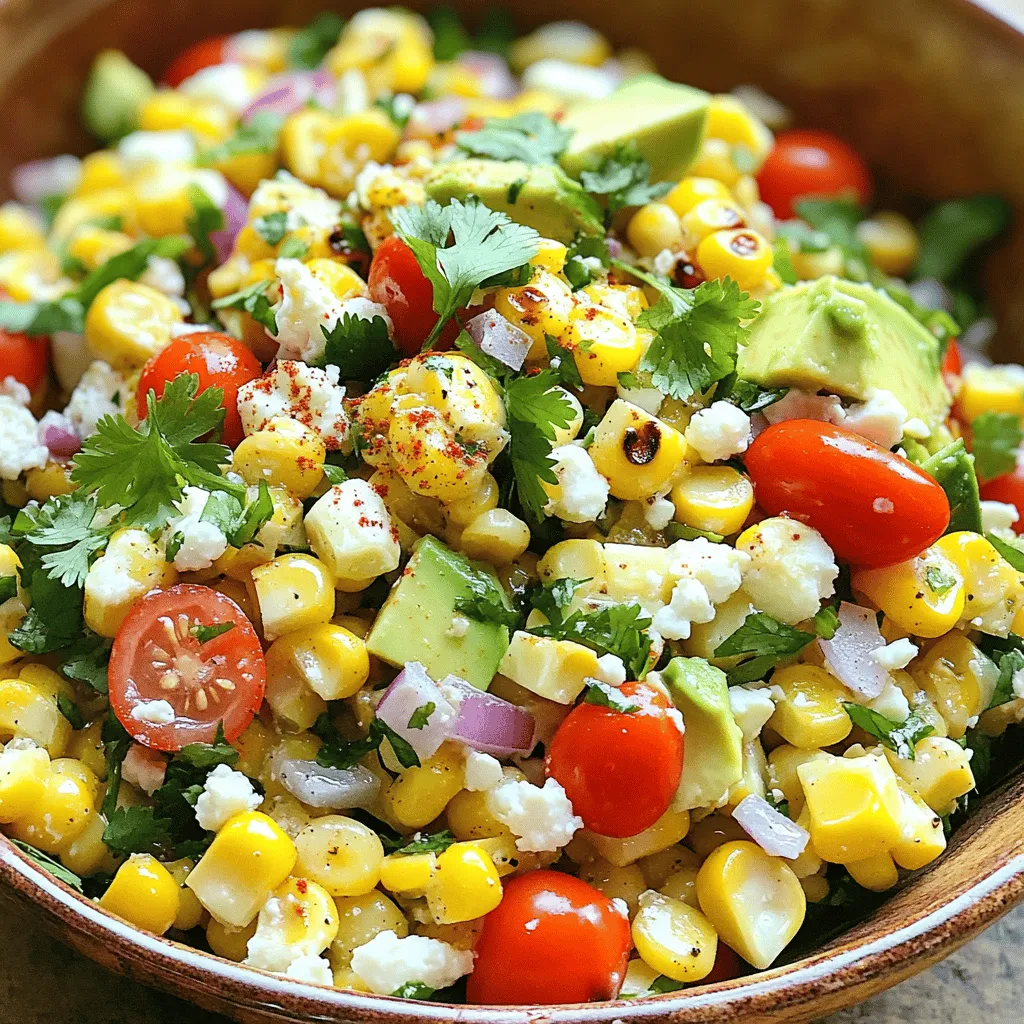 To make Mexican Street Corn Salad, gather fresh and vibrant ingredients. This salad bursts with flavor and is perfect for any gathering. The prep time is just 15 minutes, and it serves 4-6 people. Here’s what you need: - 4 ears of corn, husked and grilled - 1 cup cherry tomatoes, halved - 1/4 cup red onion, finely chopped - 1/2 cup feta cheese, crumbled - 1/4 cup cilantro, chopped - 1 lime, juiced - 2 tablespoons olive oil - 1 teaspoon chili powder - Salt and pepper to taste - 1 avocado, diced (optional) These ingredients create a colorful and tasty dish. The corn gives sweetness, while the lime adds a zing. Feta cheese brings creaminess, and chili powder adds warmth. You’ll need a few simple tools: - Grill for charring the corn - Large mixing bowl for combining - Small bowl for whisking the dressing - Knife for chopping vegetables - Cutting board for easy prep Having these items ready makes cooking smooth and quick. Enjoy the process as you prepare this delightful salad! Start by gathering all your ingredients. You will need fresh corn, tomatoes, onion, and cheese. Make sure your ingredients are washed and ready to go. Next, husk the corn. Remove all the green leaves and silk. This helps the corn grill better. Now, preheat your grill to medium-high heat. Place the husked corn directly on the grill. Turn it every few minutes. This helps it cook evenly. Grill the corn for about 8-10 minutes. Look for nice char marks. This adds great flavor. After grilling, take the corn off the grill. Let it cool for a bit. Once cool, use a sharp knife to cut the kernels off the cob. In a large bowl, mix the corn kernels with halved cherry tomatoes. Add finely chopped red onion and crumbled feta cheese. In a small bowl, whisk together lime juice, olive oil, chili powder, salt, and pepper. Pour this dressing over the salad mix. Gently toss everything together. Make sure the dressing coats all the ingredients. If you want, fold in diced avocado for creaminess. Taste your salad and adjust the seasoning as needed. This step is key for great flavor. For the full recipe, you can refer back to the earlier section. Enjoy this bright and tasty delight! Grilling corn adds a nice smoky flavor. Start with fresh ears of corn. Husk them first, removing all silk. Preheat your grill to medium-high heat. Place the corn directly on the grill grates. Turn them every few minutes. Grill for about 8-10 minutes. Look for those nice char marks! Once done, let the corn cool a bit before cutting the kernels off. This keeps the corn juicy and sweet. To make your salad pop, consider adding extra spices. A sprinkle of smoked paprika can add depth. If you like heat, try adding cayenne or jalapeños. Fresh lime juice brightens the flavors, so don't skip it. Mixing in diced avocado gives a creamy texture. You can also add black beans for protein and a nice color contrast. Serve your Mexican street corn salad in a big bowl or individual cups. Garnish with fresh cilantro and a sprinkle of chili powder for a pop of color. If you want a crunchy side, add tortilla chips. This salad is best fresh but can chill in the fridge for a bit. Pair it with grilled meats or fish for a full meal. For the full recipe to make this bright and tasty delight, check the Full Recipe section above! {{image_2}} To give your Mexican Street Corn Salad a kick, add jalapeños. Chop them finely and mix them in. You can also try using a hotter chili powder. This will boost the spice without changing the flavor too much. If you love heat, drizzle some hot sauce over the top before serving. It adds a nice touch! To make this salad vegan, swap the feta cheese for a plant-based alternative. You can also skip the cheese altogether. Use a bit more avocado to keep the creaminess. For added flavor, try adding nutritional yeast. This gives a cheesy taste without using dairy. Your friends won’t even know it’s vegan! Feel free to get creative with extra ingredients. Black beans bring protein and fiber. They also add a nice texture. You can toss in some diced bell peppers for crunch. If you like a bit of sweetness, add some corn from a can or frozen corn. Just make sure to drain it well. These additions can take your salad to the next level! You can find the full recipe above. Store leftover Mexican Street Corn Salad in an airtight container. This keeps the salad fresh. Place it in the fridge right after serving. It will stay good for about three days. Avoid letting it sit out for too long. I do not recommend freezing this salad. Freezing affects the texture of corn and tomatoes. If you freeze it, the salad may become mushy when thawed. Enjoy it fresh instead for the best taste. You can serve this salad cold or at room temperature. If you prefer it warm, gently heat it on the stove. Use low heat and stir often to keep it from burning. Never microwave it, as this can make the salad soggy. Mexican Street Corn Salad is a tasty dish inspired by elote, a popular Mexican street food. It features grilled corn mixed with fresh veggies and bold flavors. You will enjoy the sweet corn, tangy lime, and creamy feta. This salad is colorful and packed with nutrients. It’s a perfect side dish for summer cookouts or a light meal. Yes, you can use frozen corn in this salad. Just make sure to thaw it first. You can quickly microwave it or let it sit at room temperature. Frozen corn is often sweet and tender, making it a great choice. However, grilling fresh corn adds a nice smoky flavor that elevates the dish. Mexican Street Corn Salad can last about 3 to 5 days in the fridge. Store it in an airtight container to keep it fresh. The flavors will blend and deepen over time. Just remember, if you add avocado, it may brown faster. You can always add fresh avocado right before serving for the best taste. In this post, we explored how to make delicious Mexican Street Corn Salad. We covered key ingredients and equipment needed for this tasty dish. I provided step-by-step instructions, along with tips, variations, and storage info to ensure your salad shines. You can enjoy this recipe any time. It is simple, fun, and packed with flavor. With the right ingredients and techniques, you will impress everyone at your next meal. Get ready to share your new favorite dish!