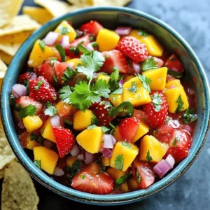 To make a great strawberry mango salsa, you need fresh, bright ingredients. Here&rsquo;s what you&rsquo;ll need: - 1 cup fresh strawberries, hulled and diced - 1 ripe mango, peeled and diced - 1/2 red onion, finely chopped - 1 jalape&ntilde;o, seeded and minced (optional) - 1/4 cup fresh cilantro, chopped - Juice of 2 limes - 1 tablespoon honey (or agave syrup for a vegan option) - Salt and pepper to taste Each ingredient plays a key role. The strawberries add sweetness while the mango brings a tropical vibe. The red onion gives crunch and bite. If you like heat, add jalape&ntilde;o for a kick. Fresh cilantro adds a herby note that brightens everything up. The lime juice balances the flavors with its tang. Honey brings a hint of sweetness, and salt enhances all the tastes. I recommend using fresh fruits for the best flavor. Fresh strawberries and mangoes taste sweet and juicy. They also look vibrant in the salsa. You can find these at your local grocery store or farmers' market. If fresh fruits are not available, you can use frozen fruits. They work well, too. Just make sure to thaw and drain them before using. This helps keep the salsa from getting watery. Want to make your salsa even better? Here are some fun add-ins: - A dash of cumin for warmth - Chopped bell peppers for crunch - Avocado for creaminess - A splash of orange juice for extra sweetness These optional ingredients can enhance the taste and texture of your salsa. Feel free to mix and match to suit your taste. Experimenting is part of the fun! You can find the full recipe for this delicious strawberry mango salsa [Full Recipe]. To start, gather all your ingredients. You need: - 1 cup fresh strawberries, hulled and diced - 1 ripe mango, peeled and diced - 1/2 red onion, finely chopped - 1 jalape&ntilde;o, seeded and minced (optional) - 1/4 cup fresh cilantro, chopped - Juice of 2 limes - 1 tablespoon honey (or agave syrup for a vegan option) - Salt and pepper to taste Make sure your fruits are ripe for the best taste. Dice the strawberries and mango into small pieces. A sharp knife helps here. Finely chop the red onion. If you want some heat, mincing the jalape&ntilde;o adds a nice touch. In a medium bowl, combine the diced strawberries and mango. Next, add in the chopped red onion and minced jalape&ntilde;o if you chose to use it. Sprinkle the fresh cilantro over the top. In a small bowl, whisk together the lime juice, honey, salt, and pepper. This dressing brings everything together. Pour this dressing over the fruit mixture. Gently toss everything until it&rsquo;s well coated. Adjust the salt or lime juice to fit your taste. Let the salsa sit for at least 10 minutes. This waiting time is key. It allows the flavors to blend and deepen. You can keep it in the fridge if you want to prepare it ahead of time. For the full recipe, check out the detailed instructions. Enjoy your fresh and vibrant Strawberry Mango Salsa! When you dice fruits, start with a sharp knife. A dull knife can slip and cause cuts. For strawberries, remove the green tops first. Cut them into halves or quarters, depending on their size. For mangoes, slice down each side of the pit. Then, score the flesh in a grid pattern. Finally, scoop out the cubes with a spoon. This method makes dicing easy and fun. Balancing flavors in your salsa is key. You want sweet, spicy, and tangy notes. Use ripe mangoes for natural sweetness. Add lime juice for a bright and zesty kick. If you like spice, add jalape&ntilde;o. Start with a small amount and taste as you go. Honey adds sweetness but use it sparingly. Remember, you can always add more, but you can't take it out! Serve your strawberry mango salsa in a bright bowl. It looks great next to crispy tortilla chips. You can also top grilled chicken or fish with it. The salsa adds color and flavor to your plate. Try it with tacos for a fresh twist. For a fun twist, serve it as a dessert with yogurt or ice cream. You can find the full recipe [here]. {{image_2}} If you like heat, add jalape&ntilde;o for a spicy kick. Start with one minced jalape&ntilde;o. Taste it and add more if you dare! The spice blends well with the sweet fruit. It gives a fun contrast. You can also try using a dash of cayenne pepper for more heat. Just remember to balance the spice with lime juice or honey. Want to mix it up? Try using pineapple or kiwi instead of mango. Both fruits add unique flavors and sweetness. This gives your salsa a tropical twist. You can also add diced papaya or peach for added fun. These fruits pair well with strawberries, making your salsa even more vibrant. Fresh herbs can elevate your salsa. Basil or mint works great with the fruity mix. Just chop them finely and add to the bowl. You can also add a pinch of cumin for a warm, earthy note. Experiment with different herbs to find your favorite combination. These small changes can take your salsa to the next level. Enjoy your delicious creation! Check out the Full Recipe for more details. To store leftover salsa, place it in a bowl. Cover the bowl tightly with plastic wrap. You can also use a lid if your bowl has one. This keeps air out, helping to keep the salsa fresh. Avoid leaving it at room temperature for too long. Always put it in the fridge after serving. The best containers for salsa are glass or plastic. Use airtight containers to maintain flavor. Glass containers are great because they do not hold odors. Plastic containers are lightweight and easy to handle. Choose a size that fits your leftover salsa well. This reduces air exposure. Homemade strawberry mango salsa lasts about 3 to 5 days in the fridge. If you want it to last longer, you can freeze it. To freeze, place salsa in a freezer-safe container. Leave some space at the top because the salsa may expand. It can stay fresh for up to 3 months in the freezer. Thaw it in the fridge overnight when you're ready to use it. Enjoy your vibrant salsa anytime! For the full recipe, check out the section above. Yes, you can make Strawberry Mango Salsa ahead of time. It tastes best when fresh, but you can prepare it a few hours in advance. Just store it in the fridge to keep it cool. The flavors will mix well, making it even tastier. I suggest not adding the lime juice until just before serving. This keeps the fruits fresh and bright. You can serve Strawberry Mango Salsa with many dishes. It's great with tortilla chips for a quick snack. You can also use it as a topping for grilled chicken or fish. It adds a fresh, fruity kick to tacos or salads. Try it with quesadillas or even on a burger for a fun twist. The options are endless! Homemade salsa usually lasts about 3 to 5 days in the fridge. Make sure to store it in an airtight container. You can check for signs of spoilage, like off smells or color changes. If it looks or smells odd, it&rsquo;s best to throw it away. For long-term storage, you can freeze it, but fresh flavors may change. For the best taste, enjoy it fresh or within a few days. For the full recipe, check the section above. This post covered how to make Strawberry Mango Salsa. We talked about key ingredients and whether to use fresh or frozen fruit. I shared tips on mixing and letting the flavors blend. You learned best practices for dicing and balancing flavors, with serving tips included. You can try various spicy or tropical fruit twists. Remember to store leftovers properly for lasting taste. Enjoy this fresh, zesty salsa with your meals or snacks!