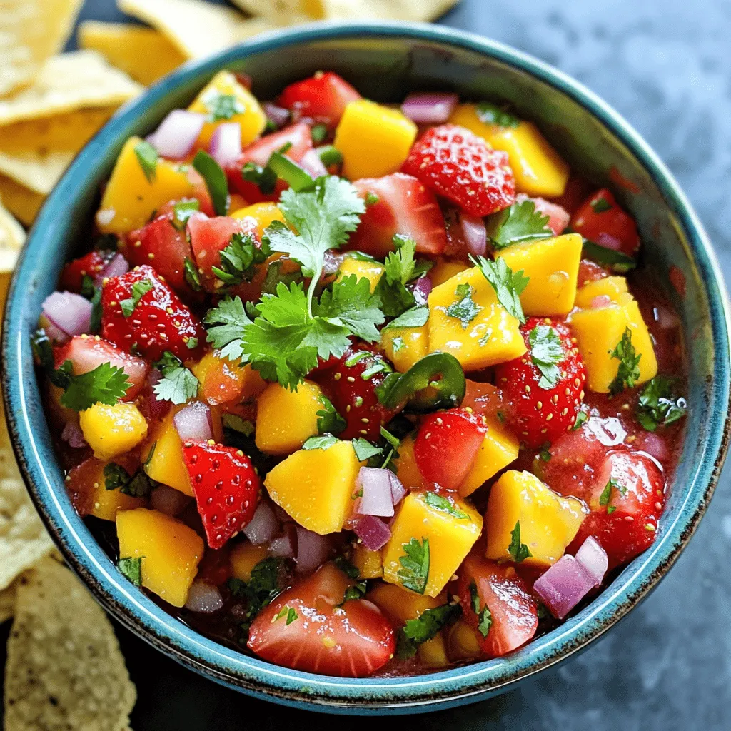 To make a great strawberry mango salsa, you need fresh, bright ingredients. Here’s what you’ll need: - 1 cup fresh strawberries, hulled and diced - 1 ripe mango, peeled and diced - 1/2 red onion, finely chopped - 1 jalapeño, seeded and minced (optional) - 1/4 cup fresh cilantro, chopped - Juice of 2 limes - 1 tablespoon honey (or agave syrup for a vegan option) - Salt and pepper to taste Each ingredient plays a key role. The strawberries add sweetness while the mango brings a tropical vibe. The red onion gives crunch and bite. If you like heat, add jalapeño for a kick. Fresh cilantro adds a herby note that brightens everything up. The lime juice balances the flavors with its tang. Honey brings a hint of sweetness, and salt enhances all the tastes. I recommend using fresh fruits for the best flavor. Fresh strawberries and mangoes taste sweet and juicy. They also look vibrant in the salsa. You can find these at your local grocery store or farmers' market. If fresh fruits are not available, you can use frozen fruits. They work well, too. Just make sure to thaw and drain them before using. This helps keep the salsa from getting watery. Want to make your salsa even better? Here are some fun add-ins: - A dash of cumin for warmth - Chopped bell peppers for crunch - Avocado for creaminess - A splash of orange juice for extra sweetness These optional ingredients can enhance the taste and texture of your salsa. Feel free to mix and match to suit your taste. Experimenting is part of the fun! You can find the full recipe for this delicious strawberry mango salsa [Full Recipe]. To start, gather all your ingredients. You need: - 1 cup fresh strawberries, hulled and diced - 1 ripe mango, peeled and diced - 1/2 red onion, finely chopped - 1 jalapeño, seeded and minced (optional) - 1/4 cup fresh cilantro, chopped - Juice of 2 limes - 1 tablespoon honey (or agave syrup for a vegan option) - Salt and pepper to taste Make sure your fruits are ripe for the best taste. Dice the strawberries and mango into small pieces. A sharp knife helps here. Finely chop the red onion. If you want some heat, mincing the jalapeño adds a nice touch. In a medium bowl, combine the diced strawberries and mango. Next, add in the chopped red onion and minced jalapeño if you chose to use it. Sprinkle the fresh cilantro over the top. In a small bowl, whisk together the lime juice, honey, salt, and pepper. This dressing brings everything together. Pour this dressing over the fruit mixture. Gently toss everything until it’s well coated. Adjust the salt or lime juice to fit your taste. Let the salsa sit for at least 10 minutes. This waiting time is key. It allows the flavors to blend and deepen. You can keep it in the fridge if you want to prepare it ahead of time. For the full recipe, check out the detailed instructions. Enjoy your fresh and vibrant Strawberry Mango Salsa! When you dice fruits, start with a sharp knife. A dull knife can slip and cause cuts. For strawberries, remove the green tops first. Cut them into halves or quarters, depending on their size. For mangoes, slice down each side of the pit. Then, score the flesh in a grid pattern. Finally, scoop out the cubes with a spoon. This method makes dicing easy and fun. Balancing flavors in your salsa is key. You want sweet, spicy, and tangy notes. Use ripe mangoes for natural sweetness. Add lime juice for a bright and zesty kick. If you like spice, add jalapeño. Start with a small amount and taste as you go. Honey adds sweetness but use it sparingly. Remember, you can always add more, but you can't take it out! Serve your strawberry mango salsa in a bright bowl. It looks great next to crispy tortilla chips. You can also top grilled chicken or fish with it. The salsa adds color and flavor to your plate. Try it with tacos for a fresh twist. For a fun twist, serve it as a dessert with yogurt or ice cream. You can find the full recipe [here]. {{image_2}} If you like heat, add jalapeño for a spicy kick. Start with one minced jalapeño. Taste it and add more if you dare! The spice blends well with the sweet fruit. It gives a fun contrast. You can also try using a dash of cayenne pepper for more heat. Just remember to balance the spice with lime juice or honey. Want to mix it up? Try using pineapple or kiwi instead of mango. Both fruits add unique flavors and sweetness. This gives your salsa a tropical twist. You can also add diced papaya or peach for added fun. These fruits pair well with strawberries, making your salsa even more vibrant. Fresh herbs can elevate your salsa. Basil or mint works great with the fruity mix. Just chop them finely and add to the bowl. You can also add a pinch of cumin for a warm, earthy note. Experiment with different herbs to find your favorite combination. These small changes can take your salsa to the next level. Enjoy your delicious creation! Check out the Full Recipe for more details. To store leftover salsa, place it in a bowl. Cover the bowl tightly with plastic wrap. You can also use a lid if your bowl has one. This keeps air out, helping to keep the salsa fresh. Avoid leaving it at room temperature for too long. Always put it in the fridge after serving. The best containers for salsa are glass or plastic. Use airtight containers to maintain flavor. Glass containers are great because they do not hold odors. Plastic containers are lightweight and easy to handle. Choose a size that fits your leftover salsa well. This reduces air exposure. Homemade strawberry mango salsa lasts about 3 to 5 days in the fridge. If you want it to last longer, you can freeze it. To freeze, place salsa in a freezer-safe container. Leave some space at the top because the salsa may expand. It can stay fresh for up to 3 months in the freezer. Thaw it in the fridge overnight when you're ready to use it. Enjoy your vibrant salsa anytime! For the full recipe, check out the section above. Yes, you can make Strawberry Mango Salsa ahead of time. It tastes best when fresh, but you can prepare it a few hours in advance. Just store it in the fridge to keep it cool. The flavors will mix well, making it even tastier. I suggest not adding the lime juice until just before serving. This keeps the fruits fresh and bright. You can serve Strawberry Mango Salsa with many dishes. It's great with tortilla chips for a quick snack. You can also use it as a topping for grilled chicken or fish. It adds a fresh, fruity kick to tacos or salads. Try it with quesadillas or even on a burger for a fun twist. The options are endless! Homemade salsa usually lasts about 3 to 5 days in the fridge. Make sure to store it in an airtight container. You can check for signs of spoilage, like off smells or color changes. If it looks or smells odd, it’s best to throw it away. For long-term storage, you can freeze it, but fresh flavors may change. For the best taste, enjoy it fresh or within a few days. For the full recipe, check the section above. This post covered how to make Strawberry Mango Salsa. We talked about key ingredients and whether to use fresh or frozen fruit. I shared tips on mixing and letting the flavors blend. You learned best practices for dicing and balancing flavors, with serving tips included. You can try various spicy or tropical fruit twists. Remember to store leftovers properly for lasting taste. Enjoy this fresh, zesty salsa with your meals or snacks!