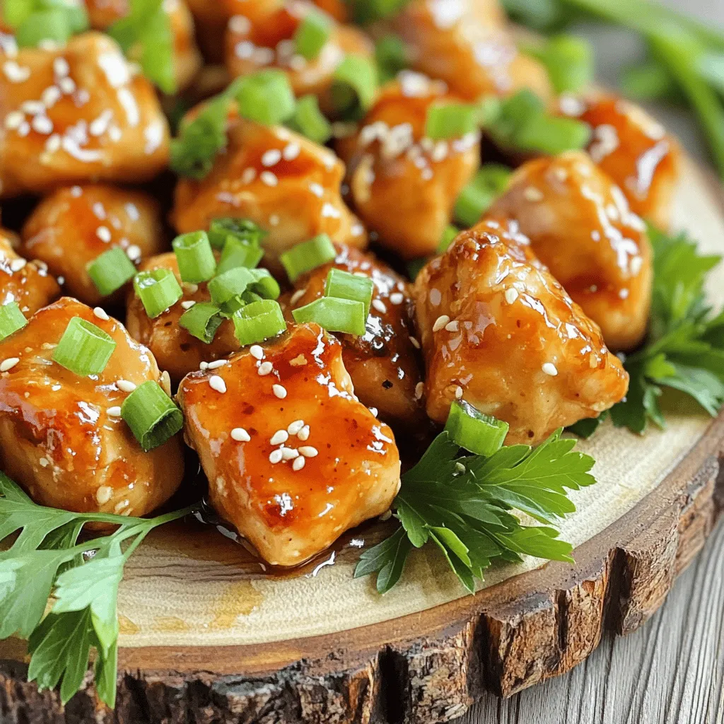 - 1 lb boneless, skinless chicken breasts - 1/4 cup honey - 1/4 cup soy sauce - 3 cloves garlic, minced - 1 tablespoon fresh ginger, grated - 1 tablespoon rice vinegar - 2 tablespoons sesame oil - Optional: 1/2 teaspoon red pepper flakes - 2 tablespoons green onions, chopped - Sesame seeds for garnish - Seasoning: Salt and pepper to taste When making honey garlic chicken bites, quality ingredients matter. Start with fresh chicken breasts. They should be boneless and skinless for the best texture. The honey brings sweetness, while soy sauce adds a savory touch. Fresh garlic gives a robust flavor that makes this dish pop. For a bit of spice, consider adding red pepper flakes. Ginger adds warmth and depth, and rice vinegar balances the sweetness with a tangy zip. The sesame oil gives a nutty flavor that rounds out the dish perfectly. Don't forget the garnishes! Green onions add color and freshness. Sesame seeds give a nice crunch. Always season with salt and pepper to enhance all the flavors. If you want a full recipe with step-by-step instructions, check out the Full Recipe. This dish is easy to prepare, and every bite bursts with flavor! - Whisk together marinade ingredients: honey, soy sauce, garlic, ginger, rice vinegar, and sesame oil. - Season chicken cubes with salt and pepper, ensuring even coverage. - Pour half of the marinade over the chicken. Mix well to coat all pieces. - Cover and refrigerate for marination. Let it sit for at least 30 minutes, or up to 2 hours for deeper flavor. - Heat a large skillet over medium-high heat. Add a splash of sesame oil. - Once the oil is hot, sear the chicken cubes in a single layer. Cook for about 6-8 minutes, turning occasionally, until golden brown. - Add the remaining marinade to the pan. Let it bubble and coat the chicken. Cook for another 2-3 minutes until the sauce thickens. Remember, for the complete recipe and more tips, check the Full Recipe. For the best flavor, marinate your chicken for at least 30 minutes. If you have time, let it sit for up to 2 hours. This helps the chicken absorb the honey and garlic flavors. To prevent dry chicken, do not skip the marination. The marinade keeps the meat juicy and tender. To check if your chicken is fully cooked, cut into a piece. The meat should be white, not pink. You can also use a meat thermometer; the internal temperature should reach 165°F. For a golden brown exterior, cook the chicken in batches. Avoid crowding the pan, as this can steam the meat instead of searing it. When plating your honey garlic chicken bites, use a clean white plate. This makes the dish pop. Garnish with fresh parsley or cilantro for color. Serve with steamed rice or a light salad. A cold drink, like iced tea or lemonade, pairs great with this meal. For a fun twist, use the chicken in wraps for a quick lunch! {{image_2}} For those who need gluten-free options, substitute the soy sauce with tamari. Tamari has a similar taste and works great in this recipe. If you want a vegetarian alternative, use tofu or tempeh. Both options soak up flavors well and provide a satisfying meal. You can prepare them just like the chicken for a tasty twist. You can add different herbs or spices to change the taste. Try adding fresh basil or cilantro for a fresh kick. If you like heat, increase the red pepper flakes or add sriracha. Adjust the sweetness by adding more honey or using less. Finding the right balance can make your dish feel unique each time. You can serve honey garlic chicken bites as a tasty appetizer or a filling main course. If you want a fun twist, use them as a filling for wraps or sandwiches. Pair them with fresh veggies and a drizzle of extra sauce for a complete meal. The options are endless, so get creative! For the Full Recipe, check out the detailed steps to make your honey garlic chicken bites today! To store honey garlic chicken bites, place them in an airtight container. This keeps them fresh. Let the chicken cool down before sealing. You can keep leftovers in the fridge for up to four days. After this, they may lose flavor and texture. For longer storage, freezing is a great option. First, make sure the chicken is completely cool. Then, place it in a freezer-safe bag. Remove as much air as possible to prevent freezer burn. You can freeze the chicken bites for up to three months. When you’re ready to eat, thaw them overnight in the fridge. This keeps the chicken juicy and safe. You can also use the microwave for quick thawing. To reheat honey garlic chicken bites without drying them out, use a skillet on medium heat. Add a splash of water or broth to keep moisture. Cover the pan to trap steam while reheating. This method helps maintain flavor and tenderness. Another idea is to use the oven. Preheat it to 350°F and place the chicken on a baking sheet. Heat for about 10 minutes or until warm. For serving, try adding leftover bites to salads or wraps. They make for an easy and tasty lunch! For the full recipe, check out the earlier section. To make honey garlic chicken bites, follow these simple steps: 1. Mix the marinade: Whisk honey, soy sauce, garlic, ginger, rice vinegar, sesame oil, and red pepper flakes in a bowl. 2. Prepare the chicken: Cut chicken breasts into bite-sized pieces. Season with salt and pepper. 3. Marinate: Pour half the marinade over chicken. Let it sit for at least 30 minutes in the fridge. 4. Cook the chicken: Heat sesame oil in a skillet. Add marinated chicken in a single layer. Cook for 6-8 minutes, turning until golden brown. 5. Add sauce: Pour remaining marinade into the pan. Cook for another 2-3 minutes until the sauce thickens. 6. Garnish and serve: Top with green onions and sesame seeds. Enjoy with rice or salad. You can find the full recipe above! Yes, you can use chicken thighs. They have a different texture and flavor. - Texture: Thighs are more tender and juicy. They stay moist during cooking. - Flavor: Thighs have a richer taste. This can make the dish even more flavorful. If you prefer a leaner option, stick to chicken breasts. For more flavor, thighs are great! If you don't have honey, there are good substitutes: - Maple syrup: It has a similar sweetness and flavor. - Agave nectar: This is a great vegan option with a mild taste. - Brown sugar: Mix brown sugar with a bit of water to mimic honey’s texture. Feel free to adjust the amount based on your taste. Each substitute gives a unique flavor twist! To make tasty honey garlic chicken bites, gather simple ingredients and follow the steps. You learned how to marinate, cook, and store this dish. Remember, you can adjust flavors to fit your taste. Whether you want to serve it as a main dish or appetizer, it’s easy to adapt. Keep these tips in mind to avoid dry chicken. Enjoy your cooking adventure, and don’t hesitate to share your results!
