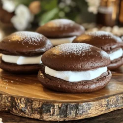 - 1 cup all-purpose flour - 1/2 cup unsweetened cocoa powder - 1 teaspoon baking soda - 1/2 teaspoon salt - 1/4 cup unsalted butter, softened - 1 cup granulated sugar - 1 large egg - 1 teaspoon vanilla extract - 1/2 cup buttermilk - 1 cup marshmallow fluff - 1/2 cup confectioners' sugar - 1/4 teaspoon vanilla extract (for frosting) When I bake whoopie pies, I love using fresh ingredients. They make a big difference in taste. The flour gives the pies structure. Cocoa powder adds rich chocolate flavor. Baking soda helps the pies rise. Salt enhances all the sweet flavors, making them pop. Softened butter blends well with sugar. This creates a creamy mix that adds moisture. Eggs provide binding and some lift. Vanilla extract adds warmth and depth to the batter. Buttermilk makes the pies tender. Marshmallow fluff is key for the filling. It brings a sweet and gooey texture. Confectioners' sugar sweetens the fluff. The extra vanilla in the filling adds a nice touch. - Chocolate shavings or sprinkles for decoration - Additional flavors (e.g., peppermint extract) I enjoy adding chocolate shavings or sprinkles on top. They make the pies look fancy. You can also try different flavors. A drop of peppermint extract can make a fun twist. - Gluten-free flour alternatives - Dairy-free options for butter and buttermilk If you need gluten-free pies, use gluten-free flour. It works just as well. For dairy-free options, swap the butter with coconut oil and the buttermilk with almond milk. These small changes can keep your whoopie pies delicious for everyone. For the full recipe, refer to the instructions. - Preheat your oven to 350°F (175°C). - Prepare baking sheets with parchment paper. Getting your oven hot first is key. It helps the cookies rise well. Lining the sheets makes cleanup easy. You want to make sure each pie bakes evenly. - Whisk flour, cocoa, baking soda, and salt. - Cream butter and sugar until fluffy. - Incorporate egg and vanilla. Start by mixing the dry stuff in a bowl. This way, the cocoa combines well. Next, cream the butter and sugar until it looks light and fluffy. This step adds air, making your pies soft. When you add the egg and vanilla, mix until it's smooth. - Combine dry and wet mixtures. - Portion and bake cookies. - Cool on wire rack. Now, mix the dry and wet ingredients together. Do this gently so you don’t overmix. Use a tablespoon to drop mounds of batter on the sheets. Bake for about 10-12 minutes. The tops should spring back when pressed. Let them cool on a wire rack after baking. This helps keep them soft and chewy. Measuring your ingredients correctly is key. Use dry measuring cups for flour and cocoa. Spoon flour into the cup and level it off. Avoid packing it down. This small step helps keep your whoopie pies light. For fluffiness, cream the butter and sugar well. Mix them for about 2-3 minutes until they look pale and fluffy. This adds air to your mix. Incorporate the egg and vanilla, then alternate adding the dry and wet ingredients. This keeps the batter smooth and airy. Dust your whoopie pies with confectioners' sugar for a lovely touch. Place them on a cooling rack. Use a fine mesh sieve to sprinkle the sugar evenly. This makes for a beautiful finish. When serving, think about adding a drizzle of melted chocolate. It gives an extra layer of flavor and impresses guests. Arrange them on a colorful plate for even more eye appeal at gatherings. One big mistake is overmixing the batter. This can make your whoopie pies dense and tough. Mix just until combined to keep them soft. Also, watch your baking time. If you bake them too long, they will dry out. Check them at the 10-minute mark. They should spring back lightly when pressed. Perfect timing leads to a soft, chewy treat. {{image_2}} You can switch up the flavor of your whoopie pies with fun twists. A popular choice is adding pumpkin spice. This gives a warm, cozy taste, perfect for fall. Just mix in a teaspoon of pumpkin spice into your batter. This simple change makes a big difference. Another tasty option is mint chocolate whoopie pies. Use mint extract to flavor the batter. This gives the pies a refreshing taste. You can also add chocolate chips for extra chocolatey goodness! If you want to make vegan whoopie pies, you can easily adapt the recipe. Replace the egg with a flaxseed meal. Mix one tablespoon of flaxseed with three tablespoons of water. Let it sit for a few minutes to thicken. This works just like an egg in the recipe. For the butter, use coconut oil or a vegan butter substitute. If you're on a keto diet, you can make changes too. Swap the all-purpose flour with almond flour. This keeps the pies low in carbs. You can also use a sugar substitute like erythritol or stevia. The filling can change up your whoopie pies in great ways. Instead of marshmallow fluff, try a rich chocolate ganache. To make this, heat heavy cream and pour it over chocolate chips. Stir until smooth and cool. This makes a decadent filling. You can also use fruit-flavored fillings for a fruity twist. Mix cream cheese with fruit puree, like raspberry or strawberry. This gives a fresh taste that pairs well with the chocolate. For the full recipe, check out the directions above and get baking! To keep your whoopie pies fresh, store them in an airtight container. This helps prevent drying out. You can keep them at room temperature for up to two days. If you want them to last longer, place them in the fridge. They stay good for about five days when refrigerated. You can freeze whoopie pies for later enjoyment. To freeze them, wrap each pie in plastic wrap. Then, place them in a freezer-safe bag. This keeps them fresh for up to three months. When you're ready to eat, take them out and let them thaw at room temperature. This way, they stay soft and tasty. Whoopie pies are best when fresh, but they have a decent shelf life. At room temperature, they can last for two days. In the fridge, they stay fresh for about five days. Watch for signs of spoilage, like a dry texture or off smell. If that happens, it's time to toss them out. Chocolate marshmallow whoopie pies are soft, cake-like cookies filled with sweet marshmallow cream. They are a fun dessert that pairs rich chocolate with fluffy filling. The whoopie pie's origin is debated, but many believe it started in New England. These tasty treats have roots in Pennsylvania Dutch culture. They were often made with leftover cake batter, creating a delightful hand-held dessert. You can make whoopie pies ahead by baking the cookies and filling them later. Once baked, let the cookies cool completely. Store them in an airtight container at room temperature. You can make the filling and keep it in the fridge for up to a week. When you're ready to serve, simply assemble the whoopie pies. This way, they stay fresh and tasty. Yes, you can use cake mix for whoopie pies. It makes the process quicker and easier. Just follow the instructions on the cake mix box, but use less liquid than suggested. This will help keep the mixture thick for better shaping. You may need to experiment with the baking time, as it might differ from the original recipe. Whoopie pies can last for about 3 to 5 days when stored properly. Keep them in an airtight container to maintain freshness. If you want them to last longer, consider refrigerating them. They can stay fresh in the fridge for about a week. Always check for any signs of spoilage, like a change in texture or smell. Yes, you can make mini whoopie pies! Just scoop smaller amounts of batter onto the baking sheets. Space them accordingly to allow for spreading. Bake them for a shorter time, around 8 to 10 minutes. Mini whoopie pies make great bite-sized treats that are perfect for parties or gatherings. Now you have all the tools to make delicious chocolate marshmallow whoopie pies. We covered key ingredients, easy steps, and useful tips to ensure success. Remember to mix well, avoid common mistakes, and have fun trying different flavors. Whether you stick to the classics or explore new variations, these treats are sure to impress. With proper storage, they will stay fresh and tasty. Enjoy your baking adventure and share your creations with friends and family!