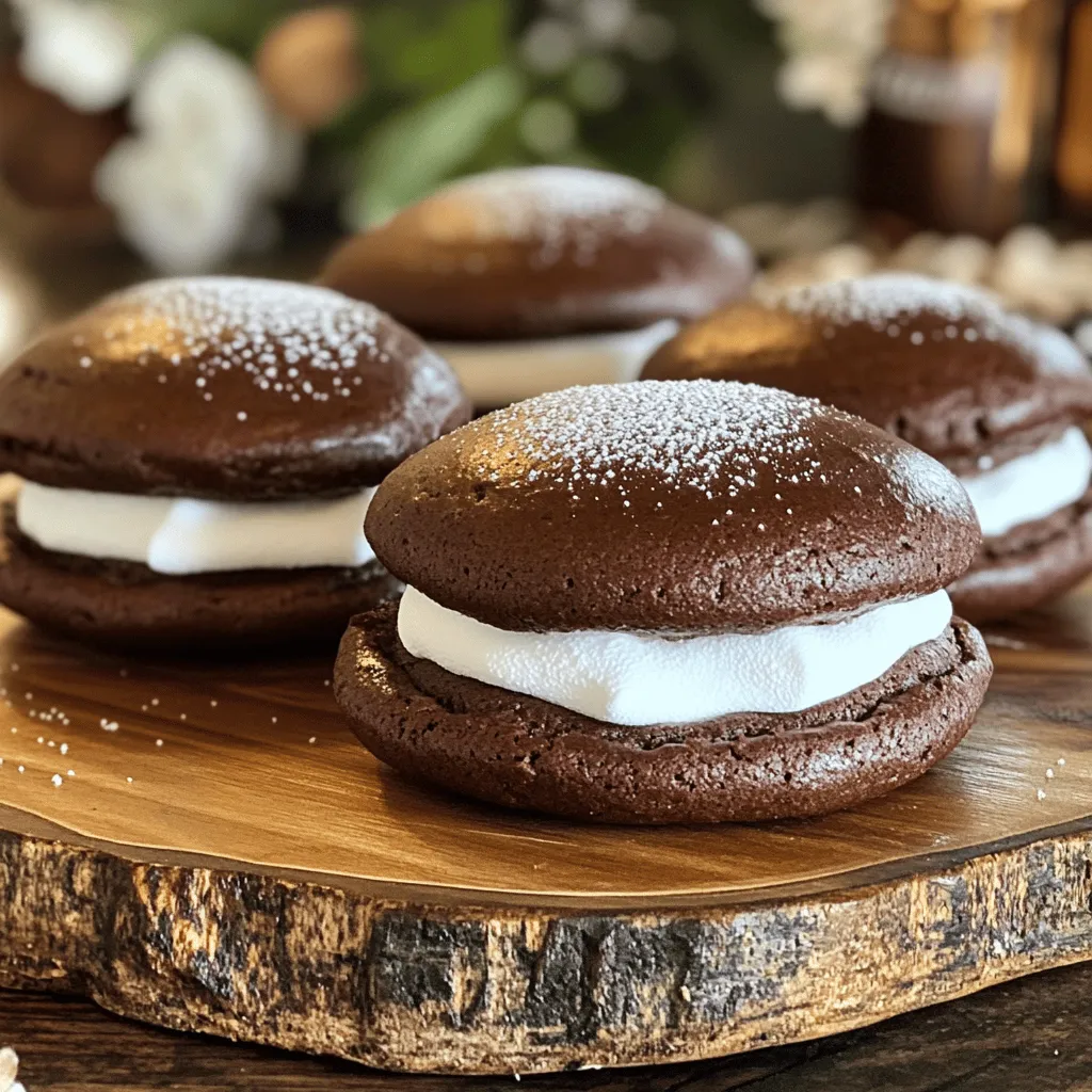 - 1 cup all-purpose flour - 1/2 cup unsweetened cocoa powder - 1 teaspoon baking soda - 1/2 teaspoon salt - 1/4 cup unsalted butter, softened - 1 cup granulated sugar - 1 large egg - 1 teaspoon vanilla extract - 1/2 cup buttermilk - 1 cup marshmallow fluff - 1/2 cup confectioners' sugar - 1/4 teaspoon vanilla extract (for frosting) When I bake whoopie pies, I love using fresh ingredients. They make a big difference in taste. The flour gives the pies structure. Cocoa powder adds rich chocolate flavor. Baking soda helps the pies rise. Salt enhances all the sweet flavors, making them pop. Softened butter blends well with sugar. This creates a creamy mix that adds moisture. Eggs provide binding and some lift. Vanilla extract adds warmth and depth to the batter. Buttermilk makes the pies tender. Marshmallow fluff is key for the filling. It brings a sweet and gooey texture. Confectioners' sugar sweetens the fluff. The extra vanilla in the filling adds a nice touch. - Chocolate shavings or sprinkles for decoration - Additional flavors (e.g., peppermint extract) I enjoy adding chocolate shavings or sprinkles on top. They make the pies look fancy. You can also try different flavors. A drop of peppermint extract can make a fun twist. - Gluten-free flour alternatives - Dairy-free options for butter and buttermilk If you need gluten-free pies, use gluten-free flour. It works just as well. For dairy-free options, swap the butter with coconut oil and the buttermilk with almond milk. These small changes can keep your whoopie pies delicious for everyone. For the full recipe, refer to the instructions. - Preheat your oven to 350°F (175°C). - Prepare baking sheets with parchment paper. Getting your oven hot first is key. It helps the cookies rise well. Lining the sheets makes cleanup easy. You want to make sure each pie bakes evenly. - Whisk flour, cocoa, baking soda, and salt. - Cream butter and sugar until fluffy. - Incorporate egg and vanilla. Start by mixing the dry stuff in a bowl. This way, the cocoa combines well. Next, cream the butter and sugar until it looks light and fluffy. This step adds air, making your pies soft. When you add the egg and vanilla, mix until it's smooth. - Combine dry and wet mixtures. - Portion and bake cookies. - Cool on wire rack. Now, mix the dry and wet ingredients together. Do this gently so you don’t overmix. Use a tablespoon to drop mounds of batter on the sheets. Bake for about 10-12 minutes. The tops should spring back when pressed. Let them cool on a wire rack after baking. This helps keep them soft and chewy. Measuring your ingredients correctly is key. Use dry measuring cups for flour and cocoa. Spoon flour into the cup and level it off. Avoid packing it down. This small step helps keep your whoopie pies light. For fluffiness, cream the butter and sugar well. Mix them for about 2-3 minutes until they look pale and fluffy. This adds air to your mix. Incorporate the egg and vanilla, then alternate adding the dry and wet ingredients. This keeps the batter smooth and airy. Dust your whoopie pies with confectioners' sugar for a lovely touch. Place them on a cooling rack. Use a fine mesh sieve to sprinkle the sugar evenly. This makes for a beautiful finish. When serving, think about adding a drizzle of melted chocolate. It gives an extra layer of flavor and impresses guests. Arrange them on a colorful plate for even more eye appeal at gatherings. One big mistake is overmixing the batter. This can make your whoopie pies dense and tough. Mix just until combined to keep them soft. Also, watch your baking time. If you bake them too long, they will dry out. Check them at the 10-minute mark. They should spring back lightly when pressed. Perfect timing leads to a soft, chewy treat. {{image_2}} You can switch up the flavor of your whoopie pies with fun twists. A popular choice is adding pumpkin spice. This gives a warm, cozy taste, perfect for fall. Just mix in a teaspoon of pumpkin spice into your batter. This simple change makes a big difference. Another tasty option is mint chocolate whoopie pies. Use mint extract to flavor the batter. This gives the pies a refreshing taste. You can also add chocolate chips for extra chocolatey goodness! If you want to make vegan whoopie pies, you can easily adapt the recipe. Replace the egg with a flaxseed meal. Mix one tablespoon of flaxseed with three tablespoons of water. Let it sit for a few minutes to thicken. This works just like an egg in the recipe. For the butter, use coconut oil or a vegan butter substitute. If you're on a keto diet, you can make changes too. Swap the all-purpose flour with almond flour. This keeps the pies low in carbs. You can also use a sugar substitute like erythritol or stevia. The filling can change up your whoopie pies in great ways. Instead of marshmallow fluff, try a rich chocolate ganache. To make this, heat heavy cream and pour it over chocolate chips. Stir until smooth and cool. This makes a decadent filling. You can also use fruit-flavored fillings for a fruity twist. Mix cream cheese with fruit puree, like raspberry or strawberry. This gives a fresh taste that pairs well with the chocolate. For the full recipe, check out the directions above and get baking! To keep your whoopie pies fresh, store them in an airtight container. This helps prevent drying out. You can keep them at room temperature for up to two days. If you want them to last longer, place them in the fridge. They stay good for about five days when refrigerated. You can freeze whoopie pies for later enjoyment. To freeze them, wrap each pie in plastic wrap. Then, place them in a freezer-safe bag. This keeps them fresh for up to three months. When you're ready to eat, take them out and let them thaw at room temperature. This way, they stay soft and tasty. Whoopie pies are best when fresh, but they have a decent shelf life. At room temperature, they can last for two days. In the fridge, they stay fresh for about five days. Watch for signs of spoilage, like a dry texture or off smell. If that happens, it's time to toss them out. Chocolate marshmallow whoopie pies are soft, cake-like cookies filled with sweet marshmallow cream. They are a fun dessert that pairs rich chocolate with fluffy filling. The whoopie pie's origin is debated, but many believe it started in New England. These tasty treats have roots in Pennsylvania Dutch culture. They were often made with leftover cake batter, creating a delightful hand-held dessert. You can make whoopie pies ahead by baking the cookies and filling them later. Once baked, let the cookies cool completely. Store them in an airtight container at room temperature. You can make the filling and keep it in the fridge for up to a week. When you're ready to serve, simply assemble the whoopie pies. This way, they stay fresh and tasty. Yes, you can use cake mix for whoopie pies. It makes the process quicker and easier. Just follow the instructions on the cake mix box, but use less liquid than suggested. This will help keep the mixture thick for better shaping. You may need to experiment with the baking time, as it might differ from the original recipe. Whoopie pies can last for about 3 to 5 days when stored properly. Keep them in an airtight container to maintain freshness. If you want them to last longer, consider refrigerating them. They can stay fresh in the fridge for about a week. Always check for any signs of spoilage, like a change in texture or smell. Yes, you can make mini whoopie pies! Just scoop smaller amounts of batter onto the baking sheets. Space them accordingly to allow for spreading. Bake them for a shorter time, around 8 to 10 minutes. Mini whoopie pies make great bite-sized treats that are perfect for parties or gatherings. Now you have all the tools to make delicious chocolate marshmallow whoopie pies. We covered key ingredients, easy steps, and useful tips to ensure success. Remember to mix well, avoid common mistakes, and have fun trying different flavors. Whether you stick to the classics or explore new variations, these treats are sure to impress. With proper storage, they will stay fresh and tasty. Enjoy your baking adventure and share your creations with friends and family!