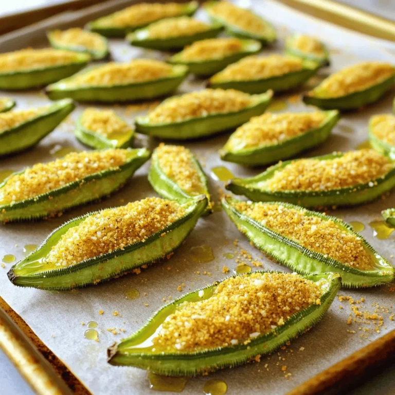 The star of this dish is fresh okra. You need 1 pound of okra for this recipe. Choose firm, bright green pods for the best taste. Trim off the ends and cut each piece in half. This helps them cook evenly. Fresh okra has a unique flavor and a nice texture. It turns crispy when roasted, making it a great snack. To add flavor, gather the following ingredients: - 2 tablespoons olive oil - 1 teaspoon garlic powder - 1 teaspoon smoked paprika - ½ teaspoon turmeric - ½ teaspoon salt - ½ teaspoon black pepper - ¼ cup cornmeal The olive oil helps the spices stick to the okra. Garlic powder gives a nice kick, while smoked paprika adds warmth. Turmeric brings a vibrant color and earthiness. Salt and black pepper balance the flavors. Finally, cornmeal creates that crispy coating we all love. If you want to elevate the snack, consider adding ¼ cup of grated Parmesan cheese. This gives a savory, cheesy flavor to the okra. You can mix it in with the cornmeal for a tasty twist. Feel free to get creative with your choices! Other seasonings or toppings can make this dish even more special. First, you need to preheat your oven to 425°F (220°C). This high heat helps the okra get crispy. Next, line a baking sheet with parchment paper. This step keeps the okra from sticking and makes cleanup easy. In a large mixing bowl, combine two tablespoons of olive oil, one teaspoon of garlic powder, one teaspoon of smoked paprika, half a teaspoon of turmeric, half a teaspoon of salt, and half a teaspoon of black pepper. Mix these well until they form a nice blend. Now, add one pound of fresh okra that you've trimmed and halved. Toss the okra gently in the spice mix until it is fully coated. Next, sprinkle a quarter cup of cornmeal over the seasoned okra. Toss it again to coat evenly. If you want an extra kick of flavor, you can add a quarter cup of grated Parmesan cheese at this stage. Mix until all the pieces are well covered. Spread the coated okra in a single layer on the baking sheet. This spacing helps it roast evenly. Now, place the sheet in the oven. Roast for 15 to 20 minutes. Don't forget to shake the pan halfway through. This action helps all sides get crispy and golden brown. When done, remove the okra from the oven and let it cool for a few minutes. Now it’s ready to enjoy! For the full recipe, refer to the details above. To make your okra extra crispy, start by drying the okra well. Water makes it soft, not crispy. Coat the okra with olive oil and spices before adding cornmeal. This helps the coating stick. Spread the okra in a single layer on the pan. If they touch, they won’t crisp up well. Roast them at 425°F for 15-20 minutes, shaking the pan halfway through. This ensures even cooking. I love using garlic powder and smoked paprika for flavor. They add depth and a nice kick. Turmeric gives a warm color and taste. Try adding cayenne pepper for heat or lemon zest for brightness. You can also mix in your favorite herbs. Oregano or thyme can work well too. Experiment with different spices to find what you love! Crispy oven roasted okra makes a great snack or side dish. Serve it with a dipping sauce like ranch or a spicy aioli. It pairs well with grilled meats or in wraps. You can also toss it on salads for added crunch. If you want a full meal, add it to rice or grain bowls. For the full recipe, check out the complete guide to making this tasty treat! {{image_2}} To add some heat to your crispy oven roasted okra, use spices like cayenne or chili powder. Mix these spices with your seasoning blend. A teaspoon of either will give your okra a nice kick. You can also drizzle some hot sauce over the okra before roasting. This extra spice makes it a fun snack for those who love bold flavors. If you want a vegan version, simply skip the Parmesan cheese in the recipe. You can enhance the flavor by adding nutritional yeast instead. It gives a cheesy taste without any dairy. You can also use a plant-based oil like avocado oil. This keeps your crispy oven roasted okra entirely plant-based and still delicious. There are many ways to coat your okra. Instead of cornmeal, try using crushed almonds or chickpea flour. Both options add a nice crunch. You can also use panko breadcrumbs for a different texture. For a gluten-free choice, use rice flour or almond flour. Each coating gives a unique flavor and crunch to the okra, so feel free to experiment! After you make crispy oven roasted okra, let it cool completely. Place the okra in an airtight container. This keeps it fresh and crunchy. Store it in the fridge for up to three days. The longer it sits, the less crispy it gets. I recommend eating it fresh for the best taste. To reheat the okra, preheat your oven to 350°F (175°C). Spread the okra on a baking sheet. Bake for about 10 minutes. This warms it up and helps regain some crispiness. Avoid using a microwave, as it makes the okra soggy. You can freeze crispy oven roasted okra, but it may lose its crunch. To freeze, let the okra cool and place it in a freezer bag. Remove as much air as possible before sealing. It can last up to three months in the freezer. When you want to eat it, thaw in the fridge overnight and reheat in the oven. Enjoy your tasty snack later! Okra is a great choice for your health. It is low in calories and high in fiber. Eating okra can help you feel full and support digestion. It also has vitamins A and C, which boost your immune system. Okra contains antioxidants that fight free radicals. This helps keep your body healthy. Plus, okra has folate, which is good for pregnant women. So, adding okra to your meals brings many benefits. Yes, you can make this recipe without cornmeal. If you skip it, the okra will still taste great. You might want to use breadcrumbs instead. They can add a nice crunch too. If you want a gluten-free option, try crushed nuts or seeds. Just remember, the cornmeal helps with crispiness. So, if you leave it out, keep an eye on the roasting time. You will know the okra is done when it looks golden brown and crispy. It should feel firm but not hard. I suggest checking it after 15 minutes. Shake the pan halfway through to help it roast evenly. If it needs more time, let it roast for 5 more minutes. Just watch closely so it doesn't burn. Once it's crispy, take it out and enjoy your snack! We explored how to make delicious oven-roasted okra. You learned about fresh okra, seasoning options, and extra ingredients for added flavor. The step-by-step guide makes cooking easy, while the tips help you achieve that perfect crispiness. Remember, you can customize this dish to fit your taste. Store your leftovers properly for later, and enjoy the health benefits of okra. Get creative with variations and serving ideas to make it your own. Happy cooking!