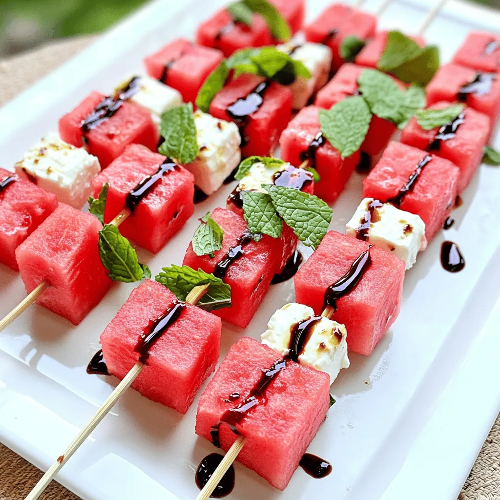 - Watermelon: Use ripe, seedless watermelon for the best flavor. Cut it into 1-inch cubes. This size makes it easy to eat and stack on skewers. Look for a firm texture and a deep color. - Feta cheese: Choose block feta for a creamy texture. Crumbled feta can be used, but it may fall off the skewers. The salty taste of feta pairs well with the sweet watermelon. - Mint leaves: Fresh mint is best for this dish. It adds a bright, refreshing flavor. Dried mint lacks the same punch. If you use dried, only a pinch is needed. - Optional additions: Balsamic glaze adds a sweet and tangy finish. A sprinkle of salt enhances the flavors of the watermelon and feta. Black pepper can add a hint of spice. You can add these to taste, depending on your preference. Check out the Full Recipe for more details on preparation and assembly! First, let's cut the watermelon and feta cheese. You want to cut the watermelon into 1-inch cubes. This size helps with easy eating and looks nice on a skewer. Next, cut the feta cheese into cubes that match the watermelon. Keeping the sizes similar makes your skewers look neat and pretty. Now, select the right skewers. I recommend using 8 to 10-inch skewers. These lengths are perfect for holding the cubes while being easy to handle. When you start assembling the skewers, think about the order of ingredients. Begin with a watermelon cube. Follow it with a feta cube, then add a fresh mint leaf. Repeat this pattern until the skewer is full. Leave some space at the ends for easy handling. This order not only tastes great but also looks colorful and fun. For even spacing, try to keep each ingredient snug but not too tight. This way, the flavors mix but each piece stays distinct. It makes for a better eating experience. Once all your skewers are made, it’s time for the final touches. Drizzle balsamic glaze over the skewers. This adds a sweet and tangy flavor that pairs well with the salty feta and juicy watermelon. Then, sprinkle a bit of salt and pepper on top. This simple seasoning boosts the taste of the dish. You can now serve them chilled or at room temperature. For the full recipe, check below. To pick the best watermelon, look for a few signs. A ripe watermelon feels heavy for its size. The skin should be smooth and firm. Check for a creamy yellow spot on one side; this shows it ripened in the sun. Avoid melons with dents or cuts. Store your watermelon in a cool place. If you cut it, wrap the pieces tightly and place them in the fridge. When it comes to feta, you have choices. You can use crumbly feta or block feta. Crumbly feta is easy to sprinkle, while block feta looks nice on skewers. Marinated feta adds a punch of flavor. Look for feta soaked in olive oil or herbs. Both options work well, so choose what you like best. For serving, presentation is key. Arrange your skewers on a colorful platter. You can add mint leaves around the skewers for a pop of green. For the best taste, serve them chilled. If you prefer, they can sit out for a bit, but don’t let them get warm. Enjoy these tasty watermelon feta skewers as a bright summer snack. For more details, check the Full Recipe. {{image_2}} You can switch up the fruits in your skewers. Instead of watermelon, try cantaloupe or strawberries. These fruits add sweetness and color. You can also mix fruits to create a fun platter. For the cheese, feta shines, but you can use goat cheese too. Goat cheese adds a creamy taste that pairs well with sweet fruits. You can even try mozzarella for a milder flavor. Adding fresh herbs can boost your skewers' taste. Basil or cilantro can bring in a new twist. Just chop the herbs finely and sprinkle them over the skewers. For spice lovers, consider adding chili flakes or paprika. A pinch can make your skewers pop with flavor. You can also infuse the balsamic glaze with herbs for a unique touch. Want to keep it vegetarian? You already are! For vegan options, skip the feta. Try using avocado or a nut-based cheese instead. This keeps the skewers creamy and tasty. If you're gluten-free, you’re good to go! All the ingredients are safe for a gluten-free diet. Just ensure that any added sauces are gluten-free as well. For more details, check out the Full Recipe. To keep your leftover skewers fresh, place them in an airtight container. This helps prevent moisture loss and keeps the flavors intact. You can also wrap them tightly in plastic wrap. Make sure to store the skewers in the fridge. They will stay good for up to three days. After that, the watermelon may start to lose its crispness. If you want to make these skewers ahead of time, you can prep the watermelon and feta. Cut the watermelon and feta into cubes and store them separately in the fridge. Assemble the skewers just before you plan to serve them. This keeps everything fresh and prevents the watermelon from becoming mushy. Freezing these skewers is not recommended, as thawing will change their texture and taste. For the best flavor, enjoy them fresh! For the complete recipe, check out the Full Recipe. Watermelon feta skewers are a simple, tasty dish made with fresh watermelon and creamy feta cheese. You cube the watermelon and feta, then thread them onto skewers. Adding mint leaves gives a fresh kick. Drizzling balsamic glaze adds a sweet and tangy flavor. This dish is bright, colorful, and perfect for summer. Yes, you can make watermelon feta skewers ahead of time. Prepare the skewers and store them in the fridge. Keep them covered to avoid drying out. They taste best when served cold or at room temperature. Just drizzle the balsamic glaze right before serving for the best flavor. These skewers pair well with many dishes. Try serving them with grilled chicken or shrimp for a complete meal. Fresh salads like a cucumber or arugula salad also work great. For drinks, serve with lemonade or iced tea for a refreshing combo. Yes, watermelon feta skewers are healthy! Watermelon is low in calories and high in water content, keeping you hydrated. Feta cheese adds protein and calcium. Mint leaves provide vitamins and fresh flavor. Together, these ingredients make a nutritious snack that's both tasty and satisfying. Watermelon feta skewers are simple yet delicious. We explored each ingredient, from fresh watermelon to creamy feta and mint. I shared easy steps for preparing and assembling the skewers. Plus, I offered tips to enhance flavors and variations for dietary needs. In summary, these skewers are fun, tasty, and healthy. You can enjoy them at parties or as a snack. With the right ingredients and care, you can impress everyone with this dish. Get creative and enjoy the process!