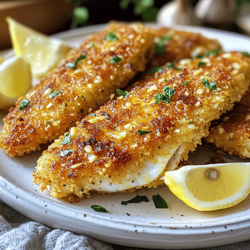 To make Parmesan Crusted Tilapia, you need simple, fresh ingredients. Here’s the list: - 4 tilapia fillets - 1 cup grated Parmesan cheese - 1/2 cup breadcrumbs (preferably panko for extra crunch) - 1 teaspoon garlic powder - 1 teaspoon onion powder - 1 teaspoon dried parsley - 1/2 teaspoon black pepper - 1/4 teaspoon salt - 2 eggs, beaten - 1 tablespoon olive oil - Lemon wedges for serving Each ingredient plays a key role. The tilapia fillets are mild and flaky, perfect for holding the crust. Parmesan cheese adds a sharp, savory flavor. Panko breadcrumbs give that delightful crunch. Garlic and onion powders boost flavor without overpowering the fish. Dried parsley adds a touch of freshness. Black pepper and salt enhance taste, while eggs help the crust stick. Olive oil aids in browning, making your fish look golden. Finally, lemon wedges brighten the dish with a zesty kick. This recipe is not just easy; it's also quick. You can find the full recipe to guide you through it step by step. Happy cooking! 1. Preheat the oven and prepare the baking sheet: Start by preheating your oven to 400°F (200°C). Line your baking sheet with parchment paper. This helps the tilapia cook evenly and prevents sticking. 2. Mixing the dry ingredients: In a mixing bowl, combine 1 cup of grated Parmesan cheese, 1/2 cup of breadcrumbs, 1 teaspoon of garlic powder, 1 teaspoon of onion powder, 1 teaspoon of dried parsley, 1/2 teaspoon of black pepper, and 1/4 teaspoon of salt. Mix them well to get an even flavor. 3. Beating the eggs for coating: In another bowl, beat 2 eggs until smooth. This will help the coating stick to the fish. 1. Dipping fillets in egg mixture: Take each tilapia fillet and dip it into the egg mixture. Make sure to let any extra egg drip off. 2. Coating with Parmesan breadcrumb mixture: Next, coat the fillet with the Parmesan breadcrumb mixture. Press down lightly to help the crumbs stick well. 1. Placement of coated fillets on the baking sheet: Place the coated fillets on the prepared baking sheet. Drizzle a little olive oil over each one to help it brown nicely. 2. Baking time and techniques for optimal crispiness: Bake the fillets for 12-15 minutes. You want them to be cooked through and the crust to be golden and crispy. 3. Serving suggestions with lemon wedges: Once done, take them out and let them rest for a couple of minutes. Serve hot with lemon wedges on the side. Squeeze the lemon over the fish for a fresh zing! For the full recipe, check out the details above. Enjoy this crispy and flavorful delight! To get that perfect crunch, I always use panko breadcrumbs. They give a light, airy texture that regular breadcrumbs can’t match. To start, preheat your oven to 400°F (200°C). Line your baking sheet with parchment paper. This helps the fish crisp up without sticking. When you coat each fillet, press lightly to ensure the mix sticks well. A drizzle of olive oil on top before baking helps too. Bake for 12-15 minutes until the crust is golden. You can take your tilapia to the next level by adding herbs and spices. Mix in dried parsley, garlic powder, or onion powder to the breadcrumbs for a flavor boost. You can also marinate the fillets in lemon juice or your favorite sauce before coating. This adds depth and makes the fish even tastier. For the full recipe, check the link above! {{image_2}} You can easily make this dish gluten-free. Instead of using regular breadcrumbs, try almond flour or gluten-free breadcrumbs. Both options give a nice crunch. Almond flour adds a light, nutty flavor. Gluten-free breadcrumbs work well too. They keep the dish tasty and safe for those with gluten issues. Want to mix things up? You can add different cheese types. Cheddar or mozzarella can change the taste. Each cheese brings its own flavor. For a kick, try a spicy Parmesan crust. Just add chili flakes to the breadcrumb mix. This gives your tilapia a nice heat. Both twists make the dish exciting and new. For the full recipe, check out [Full Recipe]. To keep your Parmesan crusted tilapia fresh, store leftovers in the fridge. Use an airtight container. Make sure the fish cools to room temperature first. This helps prevent sogginess. It will stay good for about 2 to 3 days. If you have more leftovers, consider freezing the cooked tilapia. Wrap each piece tightly in plastic wrap. Then, place them in a freezer-safe bag. This way, they can last up to 3 months. Just remember to label the bag with the date. When it's time to reheat, you want to keep that crispy texture. The oven works best for this. Preheat your oven to 350°F (175°C). Place the tilapia on a baking sheet. To keep it crispy, you can add a light drizzle of olive oil. Bake for about 10 minutes or until heated through. You can also use an air fryer for reheating. Set it to 350°F (175°C) and cook for about 5 minutes. This method keeps the crust crunchy and delicious. Enjoy your meal again just as it was! For the full recipe, check out the complete details above. How do you know when tilapia is cooked through? You know tilapia is done when it flakes easily with a fork. The flesh should be opaque and white. Use a food thermometer to check for 145°F (63°C) inside. This ensures it is safe to eat. Can I use a different fish for this recipe? Yes, you can use other fish like cod, haddock, or even chicken. Just ensure they are similar in thickness. Adjust cooking times based on the fish you choose. What are the best side dishes to serve with Parmesan Crusted Tilapia? Great sides include steamed vegetables, rice, or a fresh salad. Try serving it with roasted potatoes or quinoa for a hearty meal. These sides balance the rich flavors of the fish. How long does it take to prepare and cook Parmesan Crusted Tilapia? It takes about 10 minutes to prepare and 12-15 minutes to cook. In total, you can enjoy this dish in about 25 minutes. This makes it perfect for a quick weeknight dinner. Caloric content and serving size A serving of Parmesan Crusted Tilapia has about 300 calories. This includes one fillet and the crust. Adjust portion sizes based on your dietary needs. Health benefits of tilapia and Parmesan cheese Tilapia is a lean source of protein. It has low fat and provides essential nutrients. Parmesan cheese adds flavor and calcium, but watch the amount to keep sodium low. Suggestions for other easy fish recipes to try at home Try baked salmon with a honey glaze or fish tacos with fresh salsa. You might also enjoy lemon garlic shrimp or pan-seared scallops. Each recipe offers simple steps and great taste. For the full recipe of Parmesan Crusted Tilapia, refer to the previous section. In this post, we explored how to make delicious Parmesan Crusted Tilapia. You learned the key ingredients and steps to prepare the dish. I shared tips for achieving crispy fillets and variations for flavor. Proper storage and reheating techniques help you enjoy leftovers. This recipe is simple and satisfying, perfect for any meal. Enjoy cooking and tasting your tasty tilapia!