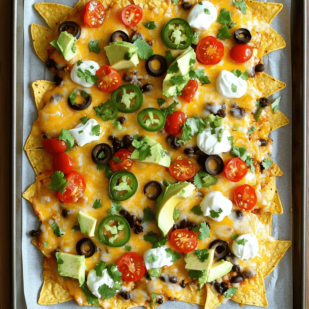 To make your nachos pop with flavor, gather these main ingredients: - 1 large bag of tortilla chips - 2 cups shredded cheddar cheese - 1 cup shredded Monterey Jack cheese - 1 can (15 oz) black beans, rinsed and drained - 1 cup cherry tomatoes, halved - 1/2 cup sliced black olives - 1 jalapeño, sliced (optional for heat) - 1 avocado, diced - 1/4 cup fresh cilantro, chopped - 1/2 cup sour cream - 1/4 cup salsa - 1 tablespoon olive oil - 1 teaspoon taco seasoning - Salt and pepper to taste These ingredients create a colorful and tasty base for your nachos. The blend of cheeses adds creaminess, while the black beans provide protein. You can make your nachos even more fun with these optional toppings: - Pickled jalapeños for extra spice - Sliced green onions for crunch - Diced red onion for a tangy bite - Corn for sweetness - Lime juice for a zesty kick Feel free to mix and match! These toppings let you personalize each bite. To create the perfect Loaded Sheet Pan Nachos, have these tools ready: - A large sheet pan - Parchment paper for easy cleanup - Mixing bowls for combining ingredients - Measuring cups and spoons for precision - A sharp knife for chopping Using the right tools makes cooking easier and more enjoyable! For the full recipe, check out the detailed instructions. Start by preheating your oven to 400°F (200°C). This step is key to getting that perfect cheese melt. Next, grab a large sheet pan and line it with parchment paper. This makes cleaning up easy later. Once your pan is ready, spread a layer of tortilla chips evenly across the bottom. Make sure they cover the pan well. This creates a solid base for all the tasty toppings. Now it’s time to layer on the flavors! In a small bowl, mix the black beans with olive oil, taco seasoning, and a pinch of salt and pepper. Stir until everything is well combined. Scatter these seasoned black beans over the chips. Next, add the halved cherry tomatoes, sliced black olives, and jalapeños if you want some heat. Now for the cheese. Sprinkle the cheddar and Monterey Jack cheese evenly over the chips and toppings. Make sure every chip gets a good amount of cheese. This will help them stay crispy and delicious. Place the sheet pan in the oven and bake for 10 to 12 minutes. Keep an eye on it until the cheese is melted and bubbly. Once it looks perfect, carefully remove the pan from the oven and let it cool for a few minutes. Top your nachos with diced avocado, fresh cilantro, and dollops of sour cream and salsa. This adds color and flavor. You can serve the nachos right on the sheet pan for a fun, casual vibe. Or, if you prefer, transfer them to a large platter. Enjoy the tasty layers and textures of your loaded sheet pan nachos! For the complete recipe, check out the Full Recipe section. To get the best cheese melt, layer your cheese right. Use a mix of cheeses, like cheddar and Monterey Jack. This blend gives a great taste and texture. Sprinkle the cheese evenly over the toppings. Make sure to cover all chips. Bake your nachos at 400°F for about 10-12 minutes. Keep an eye on them. You want the cheese to be bubbly, not burnt. If you want extra melt, add a few minutes to your bake time. Just watch it closely! You can easily adapt this recipe for different diets. For vegans, swap cheese for a dairy-free option. Nutritional yeast adds a cheesy flavor without dairy. You can also replace sour cream with a vegan alternative or guacamole. For gluten-free needs, use certified gluten-free chips. If you want a low-carb option, try using sliced veggies instead of chips. Bell peppers or zucchini work great. This way, everyone can enjoy your nachos! Making nachos ahead of time is simple. Prep all your toppings earlier in the day. Store them in separate containers in the fridge. You can even assemble the nachos on the sheet pan without baking them. Just cover with plastic wrap and keep in the fridge. When you are ready to serve, bake them fresh at 400°F for about 12-15 minutes. This keeps them crispy and delicious. Remember, hot nachos are the best nachos! For the complete recipe, check out the Full Recipe. {{image_2}} For a fun twist, try vegetarian loaded nachos. Start with the same base of tortilla chips. Instead of black beans, use refried beans or lentils. Add lots of colorful veggies like bell peppers, corn, and chopped green onions. You can even add some sautéed mushrooms for extra flavor. Top it all off with cheese and bake. This version still gives you the crunch and taste you love, while being meat-free. If you crave heat, spicy loaded nachos are for you. Begin with the basic nacho recipe. Add extra jalapeños and diced hot peppers for heat. You can also sprinkle in some chili powder or cayenne pepper when you mix the black beans. For a kick, try using pepper jack cheese instead of cheddar. This variation will satisfy your spice cravings while keeping the nacho goodness intact. Cheese is key to a great nacho dish. While cheddar and Monterey Jack work well, you can mix it up. Try using gouda for a smoky flavor, or feta for a tangy twist. Mixing different cheeses gives your nachos a unique taste. A blend of mozzarella and provolone can also create a gooey texture. Experiment with cheese combinations to find your favorite mix that makes your nachos pop. For the full recipe, check out the detailed instructions above. Enjoy creating these tasty variations! To store leftover nachos, place them in an airtight container. Cover the nachos with plastic wrap or a lid. This keeps them fresh for up to two days in the fridge. Avoid stacking the nachos, as this can make them soggy. If you can, store toppings separately. This helps keep the chips crunchy. Reheating nachos can be tricky. The oven works best to keep them crispy. Preheat your oven to 350°F (175°C). Spread the nachos on a baking sheet. Heat them for about 5 to 10 minutes. Watch closely to avoid burning. You can also reheat them in the microwave. Just use a microwave-safe plate. Heat in short bursts of 30 seconds. This method may make them a bit soft. Freezing nachos is not the best option. The chips can get soggy when thawed. However, you can freeze the toppings. Cooked black beans and cheese freeze well. Place them in freezer bags. When you want nachos, just thaw the toppings and add to fresh chips. For quick meals, this method works great! For the full recipe, check out the details above. To make your nachos crispier, spread them out in a single layer. Avoid stacking chips on top of each other. Baking the nachos at a high temperature helps, too. I recommend using thin tortilla chips. They crisp up better than thick ones. If you want extra crunch, bake them for a few minutes before adding toppings. This quick step keeps them from getting soggy. Yes, you can use many types of chips! Tortilla chips are classic, but try pita chips for a twist. Potato chips work well, too, but they may break easier. Look for chips that hold up under toppings. Choose flavors that match your toppings. For example, spicy chips go great with mild cheese. The best cheese for nachos is a blend of cheddar and Monterey Jack. Cheddar adds sharp flavor, while Monterey Jack melts well. You can also experiment with other cheeses like pepper jack for a kick. Mozzarella gives a stretchy texture, while queso blanco adds creaminess. Use a mix for the best taste and texture. For more details, check the Full Recipe. Loaded sheet pan nachos are fun and tasty. You learned about key ingredients and how to layer them for great flavor. We discussed tips to get the cheese just right and ways to customize for different diets. Storing and reheating nachos was covered, so nothing goes to waste. Remember, nachos can be your canvas. Customize them to fit your taste! Enjoy making your perfect loaded nachos!