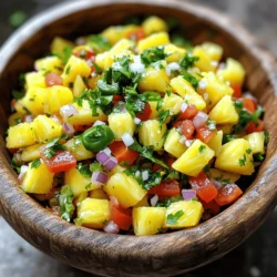- 1 cup fresh pineapple, diced - 1 medium tomato, diced - 1/2 small red onion, finely chopped - 1 jalapeño, seeded and minced - 2 tablespoons fresh cilantro, chopped - Juice of 1 lime - Salt to taste - Optional: 1/4 teaspoon ground cumin When I make Pineapple Pico de Gallo, I focus on fresh ingredients. Each one adds flavor and texture. Start with one cup of fresh pineapple. Dicing it into small pieces makes it easy to scoop. The sweetness of the pineapple shines through and brightens the dish. Next, I add a medium tomato, diced. This gives a juicy burst with every bite. Then comes half of a small red onion. Finely chopping it ensures its strong flavor mixes well. Adding a jalapeño brings heat. Be sure to seed and mince it to control the spice level. I love the freshness of cilantro. Two tablespoons add a nice herbal note. For zest, I squeeze the juice of one lime into the mix. It balances the sweetness and cuts through the richness. Finally, I sprinkle salt to taste. If I want a little more depth, I may add ground cumin. This combination of ingredients creates a vibrant and tasty treat. You can find the full recipe for precise measurements and instructions. First, grab a mixing bowl. Combine diced pineapple, tomato, and red onion in that bowl. This mix creates a bright and tasty base for your pico de gallo. Next, add the minced jalapeño. You can adjust the amount based on how spicy you want it. I recommend starting small if you are unsure! Now, sprinkle chopped cilantro over your mixture. Cilantro adds a fresh flavor that pairs well with the sweet pineapple. Then, squeeze the juice of one fresh lime into the bowl. This juice brightens the dish. Finally, sprinkle salt to taste. If you like, you can add optional ground cumin for an extra kick. Gently toss all the ingredients together until they are well combined. You want every bite to have a bit of each flavor. After mixing, let the pico de gallo sit for 10 minutes. This resting time allows the flavors to meld beautifully. Enjoy this fresh and zesty Pineapple Pico de Gallo with tortilla chips, grilled meats, or tacos! For the full recipe, check out the details above. You can make Pineapple Pico de Gallo your own! If you like heat, add more jalapeño. If you prefer it mild, use less. This lets you control the spice level. You can also add ground cumin. It brings a warm, earthy flavor. Just a little can enhance the taste without overpowering the fresh ingredients. I love serving this dish with crunchy tortilla chips. The sweet and spicy mix works perfectly as a dip. You can also use it as a topping. It pairs great with grilled meats, like chicken or fish. Tacos come alive with this fresh salsa. The bright flavors will elevate any meal. For the full recipe, check out the Pineapple Pico de Gallo section above. Enjoy creating and sharing this delightful dish! {{image_2}} You can make this recipe even sweeter. Add diced mango or papaya to your mix. The fruit brings a nice balance to the spice. Try it for a fun twist! If you love heat, try incorporating diced serrano or habanero peppers. These peppers pack a punch and add great flavor. Adjust the amount based on your heat tolerance. Want a fresh taste? Use mint or basil instead of cilantro. This change gives your pico de gallo a unique flavor profile. It’s a great way to switch things up! For the full experience, check out the Full Recipe and enjoy these delicious variations! Store your Pineapple Pico de Gallo in an airtight container. It will stay fresh for up to three days. After that, the flavors may fade. If you want the best taste, eat it within this time. Make sure to keep it cool in your fridge. This helps keep the pineapple crisp and juicy. Freezing Pineapple Pico de Gallo is not recommended. The texture of the fresh ingredients will change. The pineapple will become mushy and lose its snap. To enjoy the bright flavors, serve it fresh. However, you can prepare it ahead of time and store it in the fridge. Just add lime juice right before you serve it for the best taste. Pineapple Pico de Gallo lasts about three days in an airtight container. After that, the flavors fade and the texture changes. Always check for freshness before using it, as the pineapple can get mushy. Yes, you can make it ahead of time. Just remember to add the lime juice right before serving. This keeps the pico de gallo fresh and bright. The flavors blend well if you let it sit for a bit, but the lime helps keep that zesty taste. Pineapple Pico de Gallo is super versatile! It goes great with tortilla chips for a quick snack. You can also serve it with grilled meats like chicken or pork. It’s perfect on fish tacos too. The sweetness of the pineapple really complements the savory flavors. For the full recipe, check out the Pineapple Pico de Gallo section. Pineapple Pico de Gallo combines fresh pineapple, tomatoes, and jalapeños for a tasty salsa. Mix in lime juice and cilantro for extra zest. You can customize the heat and add spices too. Always serve it fresh for the best flavor. Remember, it’s perfect with chips or on grilled dishes. Enjoy experimenting with different fruits and herbs to make it your own. Keep leftovers in the fridge for a few days. Dive into this delicious recipe; you’ll love it!