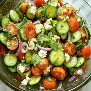 - 2 large cucumbers, diced - 3 cups cherry tomatoes, halved - 1/2 cup feta cheese, crumbled - 1/4 red onion, thinly sliced - 1/4 cup fresh mint leaves, chopped - 3 tablespoons olive oil - 2 tablespoons balsamic vinegar - 1 teaspoon Dijon mustard - Salt and pepper to taste Gathering fresh ingredients is key to this salad. The cucumbers bring a cool crunch. Cherry tomatoes add sweetness and color. Feta cheese gives a creamy, salty bite. Red onion adds a sharp kick. Fresh mint leaves brighten the overall flavor. Olive oil and balsamic vinegar create a rich dressing. Dijon mustard ties it all together, adding depth. Don't forget to season with salt and pepper to taste. - Calories per serving: About 150 calories - Key vitamins and minerals: Vitamin C, Vitamin K, potassium, and calcium - Health benefits of main ingredients: - Cucumbers: Hydrating and low in calories. - Tomatoes: Packed with antioxidants. Good for heart health. - Feta Cheese: Source of protein and calcium. - Mint Leaves: Aid digestion and add freshness. - Olive Oil: Heart-healthy fats that may lower cholesterol. This salad is not just tasty; it’s also good for you! Each ingredient brings its own health benefits, making it a smart choice for any meal. For the full recipe, check out my other sections. Start by taking two large cucumbers. Dice them into bite-sized pieces. Next, grab three cups of cherry tomatoes and cut them in half. In a big mixing bowl, combine the diced cucumbers and halved tomatoes. They should mix well. Now, add in half a cup of crumbled feta cheese. This will bring a creamy texture. Slice a quarter of a red onion thinly. Toss this into the bowl too. The onion adds a nice crunch. In a small bowl, take three tablespoons of olive oil. Add two tablespoons of balsamic vinegar for tanginess. Then, mix in one teaspoon of Dijon mustard. This gives your dressing a kick! Whisk everything together until it blends well. Now, season your dressing with salt and pepper. Adjust the amount to your taste, but remember, a little salt goes a long way. Pour your dressing over the cucumber and tomato mixture. Make sure to coat everything evenly. Then, take a quarter cup of fresh mint leaves and chop them. Add these mint leaves to your salad. They bring a refreshing flavor. Gently toss everything together until all ingredients are mixed. Let the salad rest for about 15 minutes. This allows the flavors to blend nicely. For the full recipe, check the instructions above. To make the best cucumber tomato feta salad, you must let the flavors meld. After you toss the salad, let it sit for about 15 minutes. This time allows the dressing to soak into the veggies. You'll taste the difference. Next, adjust the seasoning to your liking. If you prefer a little more zing, add more salt or pepper. You can also try a splash of lemon juice for extra brightness. Taste as you go to find your perfect balance. When it comes to serving, presentation matters. Use a large, clear bowl to show off the bright colors of your salad. This makes it look inviting and fresh. For an eye-catching garnish, sprinkle extra mint leaves on top. You can also add a few whole cherry tomatoes for a pop of color. These small touches make your salad stand out on any table. For the full recipe, check out the detailed instructions above. Enjoy your delicious, fresh, and flavorful cucumber tomato feta salad! {{image_2}} You can switch up the cheese in this salad. Goat cheese adds a creamy touch and tangy flavor. It pairs well with the veggies. You can also try mozzarella for a milder taste. Adding avocados gives the salad a rich, smooth texture. They are packed with healthy fats. Diced bell peppers add crunch and a pop of color. They make the salad even more vibrant. If you want a new twist, try different vinegars. Red wine vinegar brings a bold flavor. Apple cider vinegar adds a slight sweetness. You can even use lemon juice for a zesty kick. For a creamy dressing, mix yogurt or sour cream with the olive oil. This adds richness and a nice tang. You can also use store-bought ranch or Caesar dressing if you’re in a hurry. Explore these variations to make your Cucumber Tomato Feta Salad unique. For the full recipe, check out the section above. To keep your salad fresh, store leftovers in the fridge right away. Use an airtight container to seal in flavors. If you have any extra dressing, keep it separate to prevent sogginess. You can save the salad for later, but it tastes best fresh. In the fridge, your salad can last about 2-3 days. After that, it might not taste as good. Watch for any signs of spoilage, like a wilted look or off smells. If the cucumbers become mushy or the tomatoes lose their color, it's time to toss it. Enjoy your Cucumber Tomato Feta Salad while it's fresh for the best experience! Yes, you can make this salad ahead of time. For best flavor, prep the salad a few hours before serving. Keep the dressing separate until you are ready to eat. This way, the salad stays crisp and fresh. If you want to make it a day in advance, store it in the fridge. Just remember to add the mint leaves right before serving for the best taste. You can add many tasty ingredients to this salad. Try adding avocado for creaminess. Bell peppers add a nice crunch and color. Olives bring in a salty bite. Fresh herbs like basil or parsley also work well. They give extra flavor. You can even sprinkle some sunflower seeds for added texture. Feel free to mix and match to find your favorite combo. Yes, this salad is great for meal prep! To prepare in bulk, chop your veggies and store them in airtight containers. Keep the dressing separate to maintain freshness. You can mix the salad together just before eating. This helps keep the salad fresh and tasty all week. If you want to eat it later, just add a pinch of salt and pepper before serving. This blog post covered a fresh cucumber tomato feta salad. We explored each ingredient and shared key health benefits. I provided step-by-step instructions for making it, plus tips for perfecting your dish and presentation. Variations let you customize to your taste. Proper storage information ensures you keep leftovers fresh. In conclusion, this salad is easy and delicious. Enjoy it as a side or a meal. You can mix things up while keeping it healthy. Happy cooking!