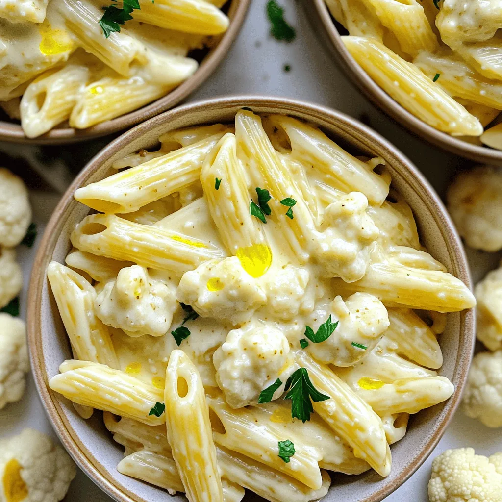 - 8 oz whole grain pasta (penne or fettuccine) - 1 medium cauliflower, chopped into florets - 2 cups vegetable broth - 3 cloves garlic, minced - 1/4 cup nutritional yeast - 2 tablespoons olive oil - 1 tablespoon lemon juice - Salt and pepper to taste - Fresh parsley, chopped (for garnish) - Optional: pinch of nutmeg Cauliflower is the star of this dish. It gives a creamy texture without dairy. You will love how easy it is to blend into a sauce. The garlic brings a great flavor, while nutritional yeast adds a cheesy taste. It’s perfect for anyone who wants a vegan option. Nutritional value of cauliflower Cauliflower is low in calories but high in nutrients. It has a lot of vitamins C, K, and B6. It also provides fiber, which is good for digestion. Low-calorie and high-fiber alternative This veggie is a great choice for those wanting to eat healthy. It fills you up without adding too many calories. You can enjoy it without guilt! Rich in vitamins and antioxidants Cauliflower is packed with antioxidants. These help protect your body from damage. Eating more cauliflower may boost your health in many ways. Now that you know how good cauliflower is for you, let’s dive into the Full Recipe. Bring a large pot of salted water to a boil. The salt adds flavor to the pasta. Add 8 ounces of whole grain pasta like penne or fettuccine. Cook it according to the package instructions until it reaches al dente. You want it firm but not hard. This usually takes about 8 to 12 minutes. After cooking, drain the pasta and set it aside. Make sure to save 1/2 cup of that pasta water for later. Now, let’s make the sauce. Start by steaming 1 medium cauliflower, cut into florets. Place it in a pot over boiling water. Steam it for 8 to 10 minutes, or until the florets are tender. You want them soft enough to blend easily. Next, take your steamed cauliflower and add it to a blender. Add 2 cups of vegetable broth, 3 minced garlic cloves, 1/4 cup of nutritional yeast, 2 tablespoons of olive oil, and 1 tablespoon of lemon juice. Season with salt and pepper to taste. If you like a touch of warmth, add a pinch of nutmeg. Blend everything until it’s smooth and creamy. If it’s too thick, add your reserved pasta water, one tablespoon at a time, until you get the perfect consistency. In a large mixing bowl, toss the drained pasta with the creamy cauliflower Alfredo sauce. Make sure every piece of pasta gets coated. If the pasta cools too much, you can heat it on low for a few minutes. Adjust the seasoning if needed. For serving, plate your creamy pasta in shallow bowls. Drizzle a bit of olive oil on top for a shiny finish. Sprinkle some nutritional yeast for that cheesy effect. You can also add extra cauliflower florets or fresh veggies on the side for a colorful touch. Enjoy your Vegan Cauliflower Alfredo Pasta! To take your vegan cauliflower Alfredo pasta to the next level, consider adding spices and herbs. I love using: - Garlic powder for an extra kick. - Dried oregano or basil for a fresh taste. - A pinch of cayenne for heat. These spices make the sauce pop! You can also adjust the creaminess and consistency. If your sauce is too thick, add a splash of the reserved pasta water. This helps it blend well with the pasta. If you want it creamier, add more cauliflower or a splash of plant milk. One of the biggest mistakes is overcooking the cauliflower. This makes it mushy and hard to blend. Steam it until it's just tender. This usually takes about 8-10 minutes. Another mistake is blending it incorrectly. Make sure your blender is strong enough. Blend it until it's completely smooth. If you see chunks, blend it longer. You want a silky sauce that coats the pasta perfectly. For side dishes, I recommend a crisp salad or steamed vegetables. These add freshness to your meal. If you enjoy wine, a light white wine pairs well with this dish. A Sauvignon Blanc works great. For a fun twist, serve with garlic bread for a complete meal. Don't forget to garnish your dish with fresh parsley. It adds a nice color and a burst of flavor! You can find the full recipe above to guide you through this delicious meal. {{image_2}} If you need a gluten-free meal, you can use gluten-free pasta. Many brands offer great options, like brown rice or quinoa pasta. These alternatives cook well and still taste amazing with the cauliflower Alfredo sauce. Just follow the same cooking steps as with regular pasta. For a different twist, try substituting nuts or coconut milk. Cashews can add a rich flavor when blended into the sauce. If you prefer coconut milk, it brings a sweet taste that pairs well with the dish. You can also add veggies like spinach or peas for extra nutrients. For protein, chickpeas or lentils work well and make the meal heartier. If you want a nut-free version, use sunflower seeds instead of nuts. They blend smoothly and give a creamy texture. For a low-carb option, swap pasta for zoodles made from zucchini. This keeps the meal light and fresh while still tasting great. Each of these variations keeps the spirit of the Vegan Cauliflower Alfredo Pasta alive. You can find the full recipe to guide you through making the base dish. To keep your Vegan Cauliflower Alfredo Pasta fresh, let it cool first. Place it in an airtight container. Store it in the fridge for up to three days. If you want to keep it longer, consider freezing it. Make sure to separate the sauce from the pasta if possible. This helps maintain the texture. You can reheat your pasta in the microwave or on the stovetop. For the microwave, place it in a bowl, cover, and heat for about 2-3 minutes. Stir halfway through to heat evenly. If you use the stovetop, add a splash of water or broth to a pan. Heat it over low, stirring often. This method helps keep the sauce creamy. To freeze, pack the cooled pasta and sauce in separate containers. Use freezer-safe bags or containers. Make sure to remove as much air as possible. When you're ready to eat, thaw it overnight in the fridge. Reheat on the stovetop for the best results. This method keeps the flavors fresh and tasty. If you do not have nutritional yeast, you can use a few other ingredients. Here are some good options: - Grated vegan cheese - Parmesan cheese (if not fully vegan) - Ground sunflower seeds - Cashews (soaked and blended) - A little extra lemon juice for tang These substitutions help keep the creamy flavor while adding a unique twist to your pasta. If you want to tone down the garlic, here are some simple tips: - Use less garlic; try one clove instead of three. - Roast the garlic before adding it to the sauce for a milder taste. - Add a pinch of onion powder to replace some garlic flavor. These methods let you control the garlic taste to your liking. Yes, you can make this recipe ahead of time! Here’s how: - Prepare the cauliflower Alfredo sauce and store it in the fridge for up to three days. - Cook the pasta and toss it with the sauce just before serving. - You can also freeze the sauce in an airtight container for up to a month. When ready to eat, simply reheat the sauce and mix it with freshly cooked pasta. For the full recipe, refer back to our detailed instructions. This recipe for Cauliflower Alfredo combines whole grain pasta and healthy ingredients like cauliflower and garlic. You learned how to cook the pasta and make a creamy sauce. I shared tips to boost flavor and avoid common mistakes. Eating delicious meals can be healthy too. Enjoy this recipe and its benefits. Explore variations to match your taste. With practice, you can impress friends and family with your cooking skills.