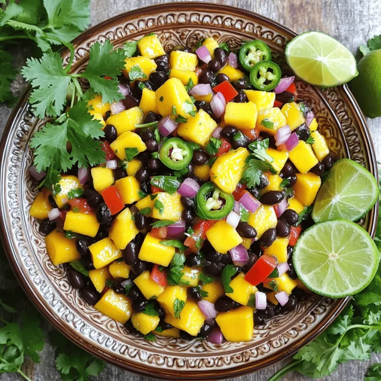 - 1 ripe mango, diced - 1 red bell pepper, diced - 1 jalapeño, deseeded and minced - 1 small red onion, finely chopped - 1/4 cup fresh cilantro, chopped - 1 can (15 oz) black beans, rinsed and drained - Juice of 2 limes - 2 tablespoons olive oil - Salt and pepper to taste I love adding flavors to my salsa. You can pair it with grilled chicken or fish. It also goes well with tortilla chips. If you want it spicier, add more jalapeño or hot sauce. For a milder version, skip the jalapeño. If you're vegan, this recipe is perfect for you. You can also swap black beans for kidney or pinto beans. If you don't have fresh cilantro, use parsley instead. Enjoy making this salsa your own! For the full recipe, check out the detailed instructions. - Step 1: Combining the Fresh Ingredients Start by gathering your fresh ingredients. Chop the mango, red bell pepper, red onion, and jalapeño. Place them in a large mixing bowl. The mix of colors looks beautiful and fresh. - Step 2: Preparing the Dressing In a small bowl, squeeze the juice from two limes. Add olive oil, salt, and pepper. Whisk it all together until it's smooth. This dressing adds zing! - Step 3: Mixing the Salsa Take your bowl of fresh ingredients and add the chopped cilantro. Pour the dressing over the salsa mix. Gently toss everything together. Make sure all ingredients are coated in the dressing. - Step 4: Adjusting Seasoning Now, taste your salsa. If it needs more flavor, add a pinch of salt, pepper, or more lime juice. Adjust to your liking. This is your chance to make it perfect. - Step 5: Chilling for Flavor Enhancement Cover the bowl with plastic wrap. Place it in the fridge for at least 30 minutes. This helps the flavors blend together nicely. You will love the result! - Step 6: Serving Suggestions Serve your salsa in a fun bowl. Garnish with cilantro and lime wedges. Enjoy it with crispy tortilla chips or on top of grilled meats. You can find the full recipe process in the earlier section. Enjoy making this Mango Black Bean Salsa! To make your mango black bean salsa pop, try adding spices or herbs. A pinch of cumin adds warmth. Fresh lime zest boosts the citrus flavor. You can also toss in some chopped green onions for a fresh kick. For garnishes, I recommend using extra cilantro or lime wedges. They not only look pretty but also enhance the taste. Serve your salsa in a colorful bowl to make it more inviting. Dicing mango can be tricky. Start by cutting off both ends of the mango. Stand it up and slice down the sides, avoiding the pit. After that, make cross cuts in the flesh and scoop with a spoon. This gives you perfect cubes. Let your salsa rest for at least 30 minutes. This time allows the flavors to blend. The longer it sits, the better it tastes! Mango black bean salsa is great with tortilla chips. The crunch pairs well with the salsa's bright flavors. You can also serve it as a topping for grilled chicken or fish. It adds a fresh touch to tacos, too. Try it on a salad for a burst of flavor. This salsa can brighten up any dish! {{image_2}} You can switch up fruits in your salsa. Pineapple adds a sweet twist. Peaches bring a nice flavor too. If you want to change the beans, try kidney or pinto beans. These beans still give great taste and texture. Want more spice? Use hotter peppers. You can add serrano or habanero for a kick. If you prefer, splash in some hot sauce. This lets you control the heat. In summer, fresh corn is a fun addition. It adds crunch and sweetness. For winter, think roasted veggies. Roasted sweet potatoes or bell peppers can make it cozy. These variations keep your salsa fresh and exciting. For the complete experience, check out the Full Recipe. Enjoy making this salsa your own! To store your leftover salsa, use an airtight container. Glass or plastic containers work well. Make sure the lid seals tightly. This helps keep the salsa fresh longer. Place the container in the fridge right away. The salsa will stay tasty for up to three days. If you want to keep it longer, consider freezing it. You can freeze Mango Black Bean Salsa for longer storage. Use freezer-safe containers or heavy-duty freezer bags. Leave some space for the salsa to expand as it freezes. When you're ready to use it, move the salsa to the fridge to thaw overnight. This helps it regain some of its original texture. In the fridge, your salsa lasts about three days. You’ll know it’s time to toss it if you see mold, an odd smell, or a change in color. Keep an eye on these signs to ensure your salsa is safe to eat. Enjoy your fresh flavors while they last! How long does it take to make Mango Black Bean Salsa? Making Mango Black Bean Salsa takes about 15 minutes of prep time. You then let it chill for 30 minutes. This brings all the flavors together. So, the total time is around 45 minutes. Can I make this salsa a day ahead? Yes, you can make this salsa a day ahead. It keeps well in the fridge. The flavors will deepen and blend, making it even tastier. Just give it a quick stir before serving. How many calories per serving? Each serving of Mango Black Bean Salsa has about 100 calories. This can change a bit based on the amount of dressing you use. It's a light and healthy option for snacks or meals. What are the health benefits of this salsa? This salsa is packed with nutrients. Mango provides vitamin C and fiber. Black beans add protein and iron. Together, they create a healthy snack that supports digestion and heart health. Is this recipe vegan-friendly? Yes, this recipe is vegan-friendly. All the ingredients are plant-based. You can enjoy it without any worry about animal products. Can I adjust the consistency of the salsa? You can adjust the consistency. If you want it chunkier, use less lime juice. For a smoother salsa, mash some black beans. This lets you create the perfect texture for your taste. Mango Black Bean Salsa is a vibrant dish made with fresh ingredients. We explored simple steps to create this tasty treat. You learned how to adapt the recipe with substitutions and variations. Storing leftovers is easy, and the salsa lasts well in the fridge. In summary, this salsa suits any occasion and enhances many meals. Get creative with your ingredients and enjoy experimenting with flavors. This salsa will delight your taste buds and impress your guests.