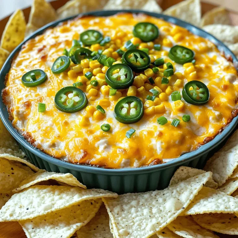 To make the Cheesy Jalapeno Corn Dip, you will need the following ingredients: - 2 cups canned sweet corn, drained - 1 cup cream cheese, softened - 1 cup shredded cheddar cheese - 1/2 cup Greek yogurt - 1/2 cup diced jalapenos (fresh or pickled) - 1/4 cup chopped green onions - 1 teaspoon garlic powder - 1 teaspoon onion powder - 1/2 teaspoon smoked paprika - Salt and pepper to taste - Tortilla chips, for serving These ingredients come together to create a rich and creamy dip. The sweet corn adds a nice texture, while the jalapenos bring heat. The cream cheese and cheddar provide that cheesy goodness we all love. Greek yogurt makes the dip creamy without being too heavy. The spices round out the flavor, making it truly irresistible. You can find the full recipe for this delightful dish in the earlier section. - Preheat your oven to 350°F (175°C). - In a large bowl, combine the softened cream cheese, Greek yogurt, garlic powder, onion powder, smoked paprika, salt, and pepper. Mix until it is smooth and creamy. - Now, fold in the sweet corn and diced jalapenos. - Add the shredded cheddar cheese and chopped green onions. Mix until everything is well combined. - Transfer the mixture to a baking dish. Spread it evenly. - Bake for about 20-25 minutes until it is bubbly and the cheese is melted. - Let it cool for a couple of minutes before serving. Enjoy it warm with tortilla chips for dipping. For the full recipe, check the details above. If you want to change things up, there are great alternatives to cream cheese. You can use cottage cheese or even cashew cream for a different taste. For a lower-fat option, Greek yogurt works well. It adds creaminess without all the calories. Mixing is key to a creamy texture. Use a hand mixer for a smooth dip. If you prefer, a fork works too, but it may take longer. For baking, make sure your oven is preheated. This helps the dip cook evenly and bubble nicely. To make your dip look tasty, garnish it with extra diced jalapenos and chopped green onions. This adds a pop of color and freshness. Place the dip in the center of your table. Surround it with colorful tortilla chips for a fun and inviting look. For the full recipe, check the details above. {{image_2}} If you want a kick, add more jalapenos or hot sauce. You can slice fresh jalapenos and mix them in. For an extra spicy dip, use pickled jalapenos. They add a tangy flavor that pairs well with the dip. A dash of hot sauce can also amp up the heat. Just be careful; you can always add more, but you can't take it out! To make the dip burst with flavor, use spices like cumin or cayenne. Cumin gives a warm, earthy taste. Just a pinch can change your dip. Cayenne adds heat and depth. Mixing these spices into the cream cheese base makes the dip even better. You can experiment and find your perfect blend! If you want a lighter dip, try low-fat cheese or yogurt alternatives. Greek yogurt is a great choice. It keeps the creamy texture but cuts calories. You can also add more veggies. Bell peppers or black beans add fiber and nutrients. They make the dip colorful and fun. Use these options to keep it tasty and healthy. For the Full Recipe, check the details above. To store leftovers, place the dip in an airtight container. Make sure it cools down before sealing. This keeps the flavors fresh. In the fridge, it lasts about 3 to 4 days. Freezing is a great option if you want to save some for later. To freeze, put the dip in a freezer-safe container. Leave some space at the top, as it expands while freezing. When you’re ready to eat, thaw it overnight in the fridge. To reheat, warm it in the oven until bubbly. In the fridge, Cheesy Jalapeno Corn Dip lasts around 3 to 4 days. Check for signs of spoilage, like an off smell or mold. If it looks or smells strange, it’s best to toss it. Proper storage helps you enjoy this tasty dip longer. For the full recipe, see above. You can prepare Cheesy Jalapeno Corn Dip in advance. Start by making the dip as usual. Once mixed, place it in a bowl and cover it tightly. Refrigerate the dip for up to 24 hours. When you’re ready to bake, simply take it out and let it sit for 15 minutes. This helps the dip warm up a bit. Then, bake it according to the instructions in the Full Recipe. This way, you save time and still enjoy a hot, cheesy dip. Yes, you can make this dip in a slow cooker. First, mix all the ingredients in a bowl like you usually do. Then, transfer the mixture to your slow cooker. Set it on low and cook for about 2 to 3 hours. Stir it occasionally to make sure it heats evenly. If you want a thicker dip, you can cook it on high for the last 30 minutes. This method keeps it warm for parties, making it easy to serve. The best dippers for this dip are tortilla chips. They add a nice crunch. You can also try fresh veggies like cucumber, carrot sticks, or bell pepper strips for a healthier option. Another great idea is to use warm pita bread or toasted baguette slices. Each option pairs well with the cheesy, spicy dip. Don’t forget to have fun with your presentation! Arrange the dippers around the dip for a colorful display. This blog post outlined a tasty Cheesy Jalapeno Corn Dip recipe. You learned about each ingredient and its role in the dish. I shared easy steps for preparation, cooking, and serving. You also discovered tips for ingredient swaps and healthier variations. In the end, this dip is fun and simple to make. You can tailor it to fit your taste. Enjoy sharing it at your next gathering! Your friends and family will love it.