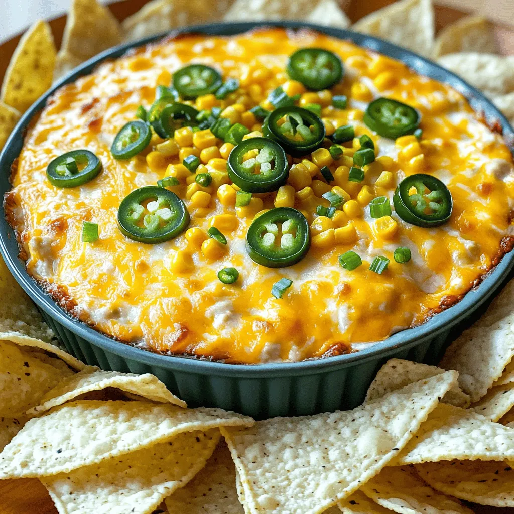 To make the Cheesy Jalapeno Corn Dip, you will need the following ingredients: - 2 cups canned sweet corn, drained - 1 cup cream cheese, softened - 1 cup shredded cheddar cheese - 1/2 cup Greek yogurt - 1/2 cup diced jalapenos (fresh or pickled) - 1/4 cup chopped green onions - 1 teaspoon garlic powder - 1 teaspoon onion powder - 1/2 teaspoon smoked paprika - Salt and pepper to taste - Tortilla chips, for serving These ingredients come together to create a rich and creamy dip. The sweet corn adds a nice texture, while the jalapenos bring heat. The cream cheese and cheddar provide that cheesy goodness we all love. Greek yogurt makes the dip creamy without being too heavy. The spices round out the flavor, making it truly irresistible. You can find the full recipe for this delightful dish in the earlier section. - Preheat your oven to 350°F (175°C). - In a large bowl, combine the softened cream cheese, Greek yogurt, garlic powder, onion powder, smoked paprika, salt, and pepper. Mix until it is smooth and creamy. - Now, fold in the sweet corn and diced jalapenos. - Add the shredded cheddar cheese and chopped green onions. Mix until everything is well combined. - Transfer the mixture to a baking dish. Spread it evenly. - Bake for about 20-25 minutes until it is bubbly and the cheese is melted. - Let it cool for a couple of minutes before serving. Enjoy it warm with tortilla chips for dipping. For the full recipe, check the details above. If you want to change things up, there are great alternatives to cream cheese. You can use cottage cheese or even cashew cream for a different taste. For a lower-fat option, Greek yogurt works well. It adds creaminess without all the calories. Mixing is key to a creamy texture. Use a hand mixer for a smooth dip. If you prefer, a fork works too, but it may take longer. For baking, make sure your oven is preheated. This helps the dip cook evenly and bubble nicely. To make your dip look tasty, garnish it with extra diced jalapenos and chopped green onions. This adds a pop of color and freshness. Place the dip in the center of your table. Surround it with colorful tortilla chips for a fun and inviting look. For the full recipe, check the details above. {{image_2}} If you want a kick, add more jalapenos or hot sauce. You can slice fresh jalapenos and mix them in. For an extra spicy dip, use pickled jalapenos. They add a tangy flavor that pairs well with the dip. A dash of hot sauce can also amp up the heat. Just be careful; you can always add more, but you can't take it out! To make the dip burst with flavor, use spices like cumin or cayenne. Cumin gives a warm, earthy taste. Just a pinch can change your dip. Cayenne adds heat and depth. Mixing these spices into the cream cheese base makes the dip even better. You can experiment and find your perfect blend! If you want a lighter dip, try low-fat cheese or yogurt alternatives. Greek yogurt is a great choice. It keeps the creamy texture but cuts calories. You can also add more veggies. Bell peppers or black beans add fiber and nutrients. They make the dip colorful and fun. Use these options to keep it tasty and healthy. For the Full Recipe, check the details above. To store leftovers, place the dip in an airtight container. Make sure it cools down before sealing. This keeps the flavors fresh. In the fridge, it lasts about 3 to 4 days. Freezing is a great option if you want to save some for later. To freeze, put the dip in a freezer-safe container. Leave some space at the top, as it expands while freezing. When you’re ready to eat, thaw it overnight in the fridge. To reheat, warm it in the oven until bubbly. In the fridge, Cheesy Jalapeno Corn Dip lasts around 3 to 4 days. Check for signs of spoilage, like an off smell or mold. If it looks or smells strange, it’s best to toss it. Proper storage helps you enjoy this tasty dip longer. For the full recipe, see above. You can prepare Cheesy Jalapeno Corn Dip in advance. Start by making the dip as usual. Once mixed, place it in a bowl and cover it tightly. Refrigerate the dip for up to 24 hours. When you’re ready to bake, simply take it out and let it sit for 15 minutes. This helps the dip warm up a bit. Then, bake it according to the instructions in the Full Recipe. This way, you save time and still enjoy a hot, cheesy dip. Yes, you can make this dip in a slow cooker. First, mix all the ingredients in a bowl like you usually do. Then, transfer the mixture to your slow cooker. Set it on low and cook for about 2 to 3 hours. Stir it occasionally to make sure it heats evenly. If you want a thicker dip, you can cook it on high for the last 30 minutes. This method keeps it warm for parties, making it easy to serve. The best dippers for this dip are tortilla chips. They add a nice crunch. You can also try fresh veggies like cucumber, carrot sticks, or bell pepper strips for a healthier option. Another great idea is to use warm pita bread or toasted baguette slices. Each option pairs well with the cheesy, spicy dip. Don’t forget to have fun with your presentation! Arrange the dippers around the dip for a colorful display. This blog post outlined a tasty Cheesy Jalapeno Corn Dip recipe. You learned about each ingredient and its role in the dish. I shared easy steps for preparation, cooking, and serving. You also discovered tips for ingredient swaps and healthier variations. In the end, this dip is fun and simple to make. You can tailor it to fit your taste. Enjoy sharing it at your next gathering! Your friends and family will love it.