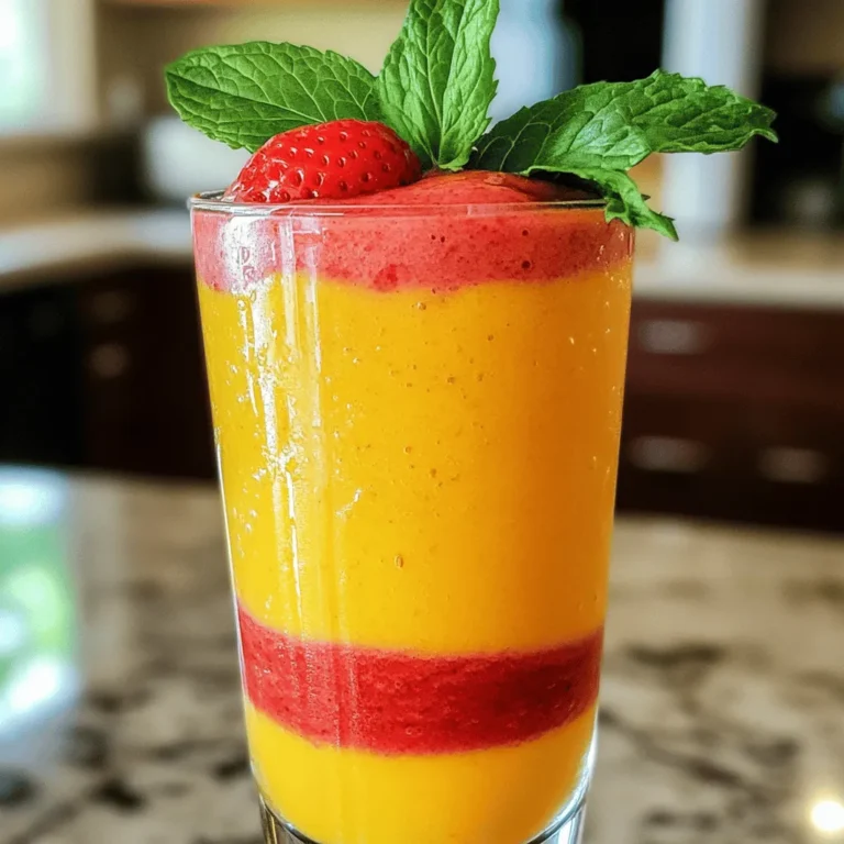 For the perfect mango strawberry smoothie, gather these main items: - 1 ripe mango, peeled and diced - 1 cup fresh strawberries, hulled and halved - 1 banana, sliced - 1 cup coconut milk (or any milk of your choice) - 1 tablespoon honey or maple syrup (adjust to taste) - 1/2 cup ice cubes These ingredients blend well together to create a vibrant and tasty drink. The mango adds a sweet, tropical flavor while the strawberries bring a refreshing zing. The banana smooths out the mix, making it creamy and rich. If you want to make your smoothie even creamier, consider adding: - 1/2 cup Greek yogurt (optional for creaminess) - Fresh mint leaves for garnish Greek yogurt adds a thick texture and boosts protein. It helps to make the smoothie feel more indulgent. Don’t forget the mint! It adds a lovely touch and brightens the flavors. You can switch out some ingredients if needed: - Use almond milk instead of coconut milk for a nutty taste. - Swap honey for agave syrup for a vegan option. - Try different fruits like pineapple or blueberries for a twist. These swaps keep your smoothie fresh and exciting. Adjusting ingredients lets you personalize your drink. Explore the flavors you love! For the full recipe, check out the Tropical Bliss Mango Strawberry Smoothie. To make the mango strawberry smoothie, you start with fresh ingredients. Gather your items first: - 1 ripe mango, peeled and diced - 1 cup fresh strawberries, hulled and halved - 1 banana, sliced - 1 cup coconut milk (or any milk of your choice) - 1 tablespoon honey or maple syrup (adjust to taste) - 1/2 cup Greek yogurt (optional for creaminess) - 1/2 cup ice cubes - Fresh mint leaves for garnish Make sure to wash the strawberries well. Peel the mango, and cut it into small pieces. Slicing the banana helps it blend easily. Now it’s time to blend! In your blender, add the diced mango, halved strawberries, and sliced banana. Pour in the coconut milk next. It gives the smoothie a creamy base. If you like it sweeter, add honey or maple syrup. For extra creaminess, mix in Greek yogurt. Finally, toss in the ice cubes. Blend on high speed for about 30 to 60 seconds. You want a smooth and creamy texture. If it’s too thick, you can add more milk. Taste the mixture. If it needs more sweetness, add honey or syrup until it’s perfect. Now for the fun part: serving! Pour the smoothie into tall glasses. This smoothie is bright and colorful. To make it look fancy, add fresh mint leaves on top as a garnish. You can also add a slice of strawberry or mango on the rim of the glass. Enjoy this delicious drink right away for the best taste! If you want the full recipe, check it out [here](#). To make the best mango strawberry smoothie, start with ripe fruits. For mangoes, look for a smooth skin with a slight give when you press it. A ripe mango will smell sweet near the stem. For strawberries, choose bright red ones that are firm and free of spots. They should have a sweet scent too. Ripe fruits add flavor and sweetness to your drink, making it refreshing and delicious. The sweetness of your smoothie can vary based on the fruits. If you want it sweeter, add more honey or maple syrup. Start with one tablespoon and taste it. If it needs more, add a little at a time. For thickness, you can add more yogurt or banana. If it’s too thick, just add more coconut milk. Adjust until it’s just right for you. Freezing your fruits can make your smoothie thicker and colder. Just chop mangoes and strawberries, then place them in a freezer bag. Freeze them overnight for best results. When you blend them, you’ll get a creamy texture without needing ice. This tip gives your smoothie a nice chill, perfect for warm days. For a full recipe of a mango strawberry smoothie, check out the Tropical Bliss Mango Strawberry Smoothie. {{image_2}} You can easily add greens to your smoothie. Spinach or kale work great. They blend well and don’t change the taste much. Adding a handful boosts vitamins and minerals. You get more fiber too. This keeps your smoothie healthy and filling. Try adding greens for a fresh twist on your Mango Strawberry Smoothie. If you want a dairy-free option, use plant-based milk. Almond milk or oat milk are both good choices. You can skip the Greek yogurt too. Instead, use silken tofu or avocado for creaminess. These options keep your drink smooth and rich. They also make it vegan-friendly. Enjoy a tasty Mango Strawberry Smoothie that fits your diet. Don’t be afraid to mix flavors! Add a squeeze of lime for zest. You can also try a bit of ginger for warmth. If you love tropical tastes, throw in some pineapple. It pairs well with mango and strawberry. For a berry twist, mix in blueberries or raspberries. Each variation gives your Mango Strawberry Smoothie a new life. Experiment and find your favorite flavor combo! If you have leftover Mango Strawberry Smoothie, you can store it in the fridge. Pour the smoothie into a clean glass or jar. Seal it tightly with a lid. It will stay fresh for up to 24 hours. After that, it may lose some flavor and creaminess. Give it a good shake before drinking. This helps mix the ingredients again. Freezing is a great option for longer storage. Pour the smoothie into ice cube trays or freezer-safe bags. You can freeze it in portions for easy use later. When you're ready to enjoy it, just blend the frozen cubes with a splash of milk. This will bring back the creamy texture. You can freeze the smoothie for up to three months. Choose the right container for your smoothie. Glass jars are great because they do not retain smells. You can also use BPA-free plastic containers. Make sure they have tight seals to avoid spills. Label your containers with the date. This way, you’ll know how long they’ve been in the fridge or freezer. Yes, you can make this smoothie without yogurt. Just skip it in the recipe. The smoothie will still taste great and be creamy. You can add extra banana or use more coconut milk instead. This will keep the texture smooth and delicious. To make a low-sugar version, you can skip the honey or syrup. Use ripe fruits for natural sweetness. You can also try using unsweetened coconut milk. This way, you enjoy the fresh flavors without added sugar. Mango and strawberry are packed with vitamins. They are rich in vitamin C, which helps your immune system. Mango has fiber, aiding digestion. Strawberries are low in calories and high in antioxidants. Together, they make a healthy, tasty choice. To make the Tropical Bliss Mango Strawberry Smoothie, gather these ingredients: - 1 ripe mango, peeled and diced - 1 cup fresh strawberries, hulled and halved - 1 banana, sliced - 1 cup coconut milk (or any milk of your choice) - 1 tablespoon honey or maple syrup (adjust to taste) - 1/2 cup Greek yogurt (optional for creaminess) - 1/2 cup ice cubes - Fresh mint leaves for garnish Follow these steps: 1. In a blender, combine the diced mango, halved strawberries, and sliced banana. 2. Pour in the coconut milk and add the honey or maple syrup for sweetness. 3. If using, add the Greek yogurt for extra creaminess. 4. Add the ice cubes to the blender to create a refreshing chilled smoothie. 5. Blend on high speed until smooth and creamy, about 30-60 seconds. 6. Taste and adjust the sweetness if necessary by adding more honey or syrup. 7. Once blended, pour the smoothie into tall glasses. 8. Garnish each smoothie with a few fresh mint leaves on top. Enjoy your refreshing drink! In this post, we explored the best ingredients for a delicious mango strawberry smoothie. You learned how to blend the perfect mix for great texture and flavor. Tips on selecting ripe fruits and adjusting sweetness are valuable gems to ensure your smoothie shines. We also discussed storage options to keep your smoothie fresh for longer. Try different variations to keep it exciting. With these insights, creating a tasty smoothie becomes easy and fun. Enjoy blending and savoring every sip!