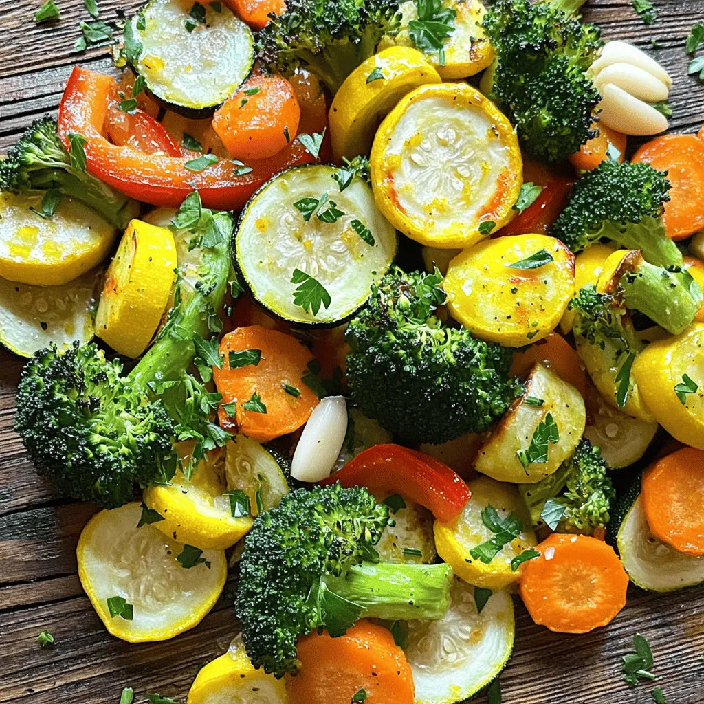 - 2 cups broccoli florets - 1 cup baby carrots, halved - 1 red bell pepper, chopped - 1 zucchini, sliced - 1 yellow squash, sliced - 3 tablespoons olive oil - Juice and zest of 1 lemon - 4 cloves garlic, minced - 1 teaspoon dried thyme - 1 teaspoon dried oregano - Salt and pepper to taste - Fresh parsley In this dish, I love using a mix of colorful veggies. Each one brings unique flavor and texture. Broccoli adds a nice crunch, while baby carrots bring sweetness. The red bell pepper adds a pop of color and a fresh taste. Zucchini and yellow squash both roast up tender and soft. Next, we coat the veggies in a tasty dressing. The olive oil helps them crisp up and adds richness. Lemon juice and zest give a bright, fresh flavor. Garlic brings warmth, while thyme and oregano add depth. Salt and pepper balance the taste. Finally, I love garnishing with fresh parsley. It adds a burst of green and a hint of earthiness. If you want to make this dish, check the Full Recipe for all the steps you need! - Preheat the oven to 425°F (220°C). - Gather your veggies: broccoli, baby carrots, red bell pepper, zucchini, and yellow squash. - Wash and chop all the vegetables. Cut the broccoli into florets and halve the baby carrots. Slice the zucchini and yellow squash, and chop the red bell pepper. - In a small bowl, combine 3 tablespoons of olive oil, the juice and zest of 1 lemon, minced garlic, dried thyme, and dried oregano. - Add salt and pepper to taste. - Whisk until smooth and well mixed. - Pour the dressing over the veggies and toss them gently. Ensure each piece is coated. - Spread the veggies in a single layer on a large baking sheet. - Roast them in the preheated oven for 20-25 minutes. Stir halfway through for even cooking. - Look for tender veggies with a slight caramelized color. Remove from the oven and let cool for a few minutes. Garnish with fresh parsley before serving. For the Full Recipe, check the earlier section. Enjoy your delicious Lemon Herb Roasted Veggies! Roasting veggies is easy, but a few tricks help. First, always spread the vegetables in a single layer on the baking sheet. This ensures they roast evenly. If they are crowded, some will steam instead of roast. Second, stir the veggies halfway through cooking. This helps them brown nicely on all sides, making each bite full of flavor. When picking vegetables, look for bright colors and firm textures. Fresh veggies taste better and have more nutrients. Check for any blemishes or soft spots. For herbs, choose ones that smell fresh and have vibrant leaves. Fresh herbs, like parsley or thyme, enhance the dish and add bright flavors. Set your oven to 425°F (220°C) for perfect roasting. This high heat helps caramelize the veggies, making them sweet and tasty. Cooking times can change based on the type of vegetable. For example, carrots take longer than zucchini. Always check for tenderness with a fork to know when they are done. {{image_2}} You can swap veggies based on the season. In spring, use fresh asparagus. Summer brings in sweet corn or eggplant. In fall, try butternut squash or Brussels sprouts. Each veggie adds a unique taste and texture. Mix colors like purple eggplant with orange carrots for a feast for the eyes. This not only looks great but also makes your dish more fun to eat! If you want to mix it up, try different herbs. Basil and dill can add a fresh twist. Rosemary gives a strong flavor, while cilantro adds brightness. These herbs can change the whole taste. Pair them with your veggies to enhance their flavors. For instance, try dill with zucchini for a light touch. To boost flavor, add cheese or nuts. Feta or parmesan cheese can melt into the warm veggies. It adds creaminess and salt. Nuts like almonds or walnuts add crunch and healthy fats. If you like spice, sprinkle some red pepper flakes or cayenne. A little heat can make your dish exciting and flavorful. Adjust these flavors to fit your taste while keeping the lemon herb theme. For the complete recipe, check out the Full Recipe. Let your Lemon Herb Roasted Veggies cool down for about 10 minutes after cooking. This step helps them keep their flavor and texture. Once cooled, store them in a container. I recommend using airtight glass or BPA-free plastic containers. These types help keep your veggies fresh for longer. You can reheat your roasted veggies in the oven or microwave. The oven is best for keeping that nice roasted texture. Preheat the oven to 350°F (175°C) and spread the veggies on a baking sheet. Heat them for 10-15 minutes. If you use a microwave, place them in a bowl and cover. Heat in short bursts of 30 seconds until warm. This may soften them a bit, but it’s quick and easy. If you want to save some for later, freezing is a great option. Spread the cooled veggies on a baking sheet and freeze for a few hours. Once frozen, transfer them to a freezer bag. Remove as much air as you can. To use them later, thaw in the fridge overnight. You can then reheat them in the oven or microwave. Enjoy your meal anytime! Roasting time varies by vegetable. Here’s a quick guide: - Broccoli florets: 20-25 minutes - Carrots: 25-30 minutes - Bell peppers: 20-25 minutes - Zucchini and squash: 15-20 minutes For best results, check your veggies. They should be tender and slightly browned. Stir halfway through for even cooking. Yes, you can use frozen vegetables. They are quick and easy. However, they may not get as crispy as fresh ones. If you use frozen, roast them a bit longer. Make sure to thaw them first, and pat them dry. This helps get rid of excess moisture. Seasoning can elevate your dish. I love using olive oil, lemon juice, and herbs. A good mix includes: - Salt and pepper - Dried thyme and oregano - Garlic for depth Try adding some red pepper flakes for heat or a splash of balsamic vinegar for sweetness. Absolutely! You can swap out veggies based on your taste or season. Here are some ideas: - For a low-carb option: Use cauliflower or Brussels sprouts. - For more color: Add carrots or beets. - For dietary needs: Make sure to choose herbs that suit your diet. You can also leave out any allergens. You can find the full recipe for Lemon Herb Roasted Veggies with all the details and tips [here](#). Enjoy cooking this easy and tasty dish! Roasting vegetables is simple and tasty. We covered the best veggies like broccoli, carrots, and zucchini. We explored how to make a flavorful dressing with olive oil, lemon, and herbs. You learned tips for perfect roasting and how to store leftovers. The options for variations let you get creative. Remember, fresh ingredients make a big difference. Enjoy your delicious roasted veggies any time!