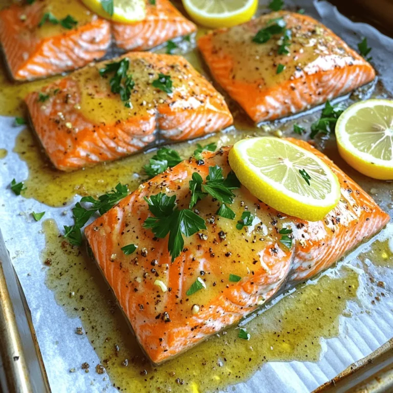 For this recipe, you need simple and fresh ingredients. Here’s what you will use: - 4 salmon fillets (about 6 oz each) - 4 tablespoons unsalted butter, melted - 4 cloves garlic, minced - 2 tablespoons fresh lemon juice - 1 tablespoon fresh parsley, chopped - 1 teaspoon dried thyme - Salt and pepper to taste - Lemon slices, for garnish Each item helps create a rich flavor. The butter and garlic make a tasty sauce. The lemon juice adds brightness and freshness. Fresh parsley gives color and taste. Using the right amounts is key to great salmon. Here’s a quick guide: - Salmon fillets: 6 oz each, for a hearty meal. - Butter: 4 tablespoons, melted, for smooth texture. - Garlic: 4 cloves, minced, for strong flavor. - Lemon juice: 2 tablespoons, to brighten the dish. - Parsley: 1 tablespoon, chopped, for color and taste. Measuring helps keep every bite tasty. Use a scale for salmon and measuring spoons for liquids. Both fresh and frozen salmon work well in this dish. Fresh salmon offers a great taste and texture. It is ideal if you can find it. However, frozen salmon can be just as good. It is often frozen right after catch, keeping it fresh. When using frozen salmon, thaw it in the fridge overnight. This keeps it safe and tasty. Look for wild-caught salmon for the best flavor. Always check for bright color and no fishy smell. For the full recipe, check out the details above. Enjoy cooking this delicious dish! First, we need to get everything ready. Preheat your oven to 400°F (200°C). This step is crucial for cooking the salmon just right. While the oven heats, gather your ingredients. You will need salmon fillets, unsalted butter, garlic, lemon juice, parsley, thyme, salt, and pepper. Having everything on hand will make the process easier. Next, let’s make the garlic butter mixture. In a mixing bowl, pour in the melted butter. Add the minced garlic, fresh lemon juice, chopped parsley, and dried thyme. Season with a pinch of salt and pepper. Mix well until all the ingredients blend together. This garlic butter will add rich flavor to the salmon. Now, we can roast the salmon. Place the salmon fillets skin-side down on a parchment-lined baking sheet. Pour the garlic butter mixture over the fillets. Make sure to coat them well. Bake in the oven for 12 to 15 minutes. The salmon is cooked when it turns opaque and flakes easily with a fork. For a crispy top, broil the salmon for the last 2 minutes. Keep a close eye to avoid burning. Once done, let it rest for a couple of minutes. Garnish with fresh lemon slices and extra parsley if you like. You can find the complete steps in the Full Recipe. To get the best texture for your salmon, follow these steps. First, choose fresh salmon fillets. Look for bright, shiny skin. Next, make sure the oven is hot before you bake. Preheat it to 400°F (200°C). This heat helps the salmon cook evenly. Bake for 12-15 minutes. Check if it flakes easily with a fork. If you want a crispier top, broil it for 2 minutes at the end. You can boost the flavor of your garlic butter roasted salmon in fun ways. Try adding capers for a briny touch. Or mix in red pepper flakes for a little heat. You can also use fresh herbs like dill or basil. Lemon zest adds brightness, too. These extra ingredients can make your dish special. Feel free to get creative with what you add. Avoid these common mistakes to ensure your salmon turns out great. Do not skip the salt and pepper. They are key to enhancing flavor. Also, don’t overcrowd the baking sheet. Give the fillets space to cook evenly. Lastly, resist the urge to overcook. Overcooked salmon becomes dry. Keep an eye on the time and check for doneness early. Following these tips will help you create a delicious meal, as outlined in the Full Recipe. {{image_2}} You can change the herbs and spices in this dish. Try using dill for a fresh twist. Basil or oregano can add a nice flavor too. For a bit of heat, add red pepper flakes. Mix and match these herbs to find your favorite blend. Remember, fresh herbs taste best, but dried versions work well too. Adding vegetables makes this meal even better. You can use asparagus, broccoli, or bell peppers. Just toss them in the garlic butter mix with the salmon. Place them around the salmon on the baking sheet. They will cook nicely and soak up that tasty garlic butter flavor. For a full meal, pair the salmon with rice or quinoa. A fresh salad with light dressing complements it well. You can also serve crusty bread on the side to soak up extra sauce. For a comforting touch, try mashed potatoes. Each option makes this dish shine even more. For more details on how to make this dish, check the Full Recipe. After making Garlic Butter Roasted Salmon, you might have some leftovers. To keep them fresh, place the salmon in an airtight container. Make sure to seal it well. Store it in the fridge for up to three days. This keeps the flavor intact and the fish safe to eat. When you are ready to enjoy the salmon again, reheating is key. I suggest using the oven. Preheat it to 350°F (175°C). Place the salmon on a baking sheet and cover it with foil. This helps keep the fish moist. Heat for about 10 minutes or until warmed through. You can also use a microwave. Just make sure to cover the salmon to prevent drying out. Yes, you can freeze Garlic Butter Roasted Salmon! If you want to freeze it, do so within two days of cooking. Wrap each fillet tightly in plastic wrap. Then place it in a freezer-safe bag. This method helps prevent freezer burn. The salmon can last for up to three months in the freezer. When you are ready to eat it, thaw it in the fridge overnight before reheating. Yes, you can use other fish like trout, cod, or halibut. Each fish has its own taste. Choose fish that is firm and can hold up to cooking. Adjust the cooking time based on the thickness of the fish. For example, thinner fillets may cook faster than salmon. To check if your salmon is done, look for a few signs. The fish should be opaque and flake easily with a fork. You can also use a food thermometer. The internal temperature should reach 145°F (63°C). If it is not done, return it to the oven for a few more minutes. Garlic Butter Roasted Salmon goes well with many side dishes. Here are some great options: - Steamed asparagus - Roasted broccoli - Garlic mashed potatoes - Quinoa salad - Lemon rice These sides enhance the meal and balance the flavors. You can mix and match based on your taste and what you have. For the full recipe, check the earlier section. Garlic butter roasted salmon is simple yet full of flavor. We covered ingredients, step-by-step cooking, and helpful tips. Remember to choose fresh salmon for the best meal. Think about adding herbs or veggies to change things up. Storing leftovers and reheating correctly ensures you enjoy it later. Experiment and enjoy this tasty dish, and share it with friends and family for a complete dining experience. Happy cooking!