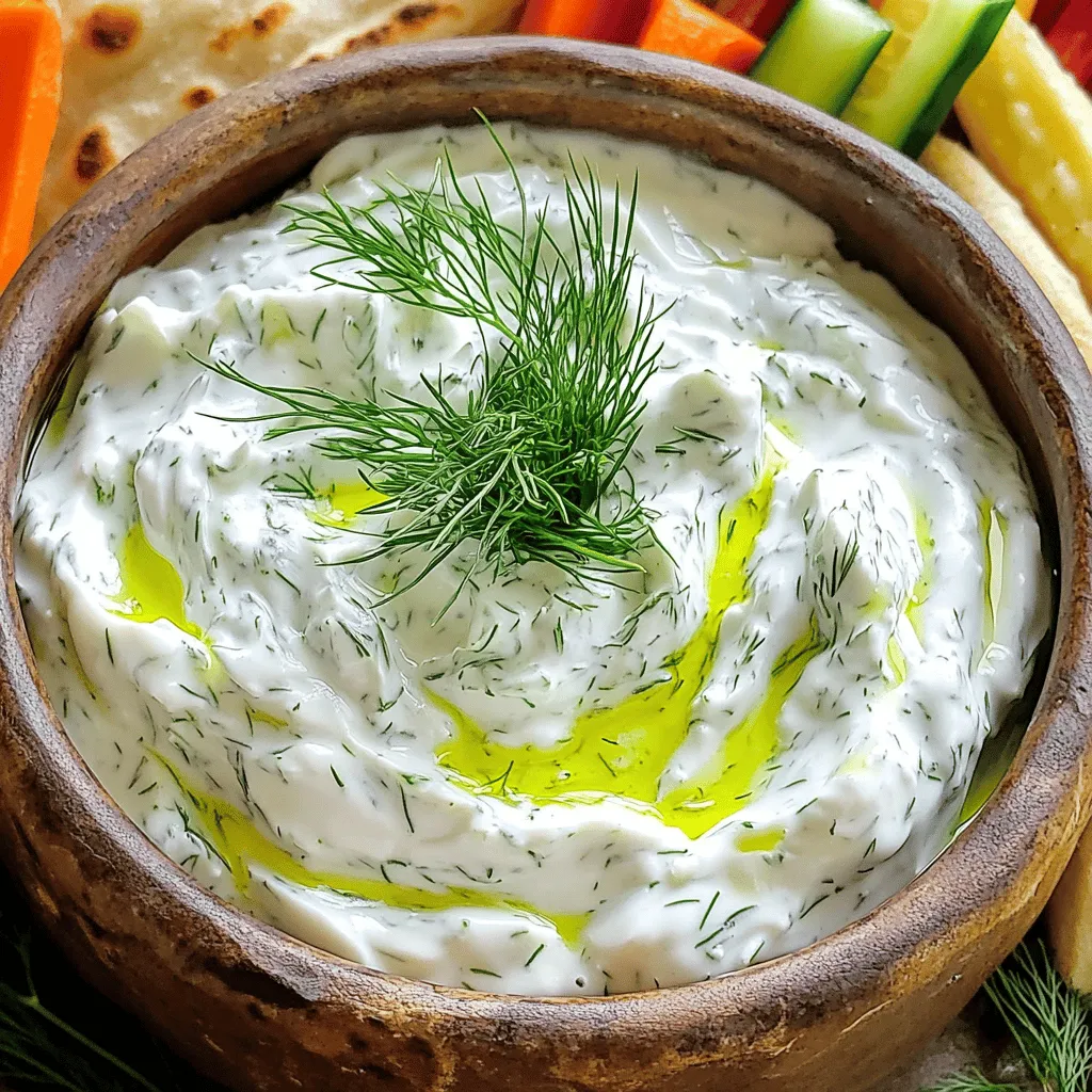 - 1 cup full-fat Greek yogurt - 1 medium cucumber, grated and excess moisture squeezed out - 2 cloves garlic, minced - 1 tablespoon olive oil - 1 tablespoon fresh dill, finely chopped - 1 tablespoon lemon juice - Salt and pepper to taste When making tzatziki, the ingredients shine through. Full-fat Greek yogurt is key for a creamy base. It gives the sauce that rich texture. The cucumber adds freshness and crunch. Always grate the cucumber and squeeze out the moisture. This step keeps your tzatziki from becoming watery. Garlic is a must for flavor. Freshly minced garlic brings a punch that I adore. Olive oil adds richness and helps blend the flavors. Fresh dill gives a lovely herbal note. I always use fresh when possible. Lemon juice brightens the sauce and adds zing. Lastly, season with salt and pepper to enhance all these flavors. These ingredients come together to create a vibrant, fresh sauce. You can find the full recipe to guide you through the process. Enjoy making it! Start by grating the cucumber. Use a box grater for quick work. After grating, you must remove excess moisture. This step is crucial for a creamy tzatziki. Place the grated cucumber into a clean kitchen towel. Squeeze it tightly to eliminate as much water as possible. If you skip this, your tzatziki may become watery. In a mixing bowl, add 1 cup of full-fat Greek yogurt. This yogurt gives a rich and creamy base. Next, stir in the grated cucumber. Make sure it mixes well with the yogurt. Now, add 2 cloves of minced garlic for flavor. Garlic adds a nice kick to the sauce. Then, drizzle in 1 tablespoon of olive oil. Follow this with 1 tablespoon of fresh dill and 1 tablespoon of lemon juice. Stir everything together until well combined. This blend creates a fresh, vibrant flavor. Now, it’s time to season your tzatziki. Add salt and pepper to taste. Adjust it based on your preference. Once seasoned, cover the bowl and refrigerate for at least 30 minutes. This chilling time helps the flavors meld beautifully. After chilling, your tzatziki is ready to serve. Enjoy it with pita bread, veggie sticks, or grilled meats. For the full recipe, refer to the earlier section. To make great tzatziki, you must remove moisture from the cucumber. Too much water makes the sauce runny. Grate the cucumber, then squeeze it in a clean towel. This step is key for a thick, creamy texture. The fresher the cucumber, the better your sauce will be. You can boost the taste of tzatziki with extra herbs and spices. Dill is a classic choice. Try adding mint for a refreshing twist. A pinch of cumin gives a warm depth. You might also like a dash of paprika for color and flavor. Experiment to find your favorite mix! Tzatziki pairs well with many dishes. It’s perfect with grilled meats, like lamb or chicken. Use it as a dip for pita bread or veggie sticks. You can also spread it on sandwiches or wraps for a creamy touch. It adds a fresh flavor to any meal. For a fun twist, serve it in a rustic bowl, drizzled with olive oil. {{image_2}} You can easily make tzatziki sauce healthier. Just swap the full-fat yogurt for low-fat yogurt. This change cuts fat but keeps the creamy texture. You can also try plant-based yogurts. Look for options made from almond or coconut milk. These can give a different flavor and still taste great. Want to mix things up? Add different herbs or spices to your tzatziki. Mint adds a fresh taste. You can also try cumin for warmth. A hint of smoked paprika gives a nice twist. Each option changes the flavor and makes it unique. Experiment to find the blend you love most. Think about flavors from other cuisines to jazz up tzatziki. Try adding a splash of soy sauce for an Asian twist. You could also mix in some harissa for a North African kick. Each of these ideas gives tzatziki a new life and makes it exciting to eat. To keep your tzatziki sauce fresh, store it in an airtight container. This helps protect it from air and other smells in the fridge. Make sure to use a clean spoon each time you scoop it out. This avoids adding bacteria to your sauce. Always cover the container tightly. Tzatziki sauce stays good in the refrigerator for about 3 to 5 days. After this time, the flavors may start to fade, and the texture can change. If you see any signs of spoilage, like mold or unusual smells, it’s best to throw it away. Always check before you use it. Yes, you can freeze tzatziki sauce! However, it may change in texture after thawing. To freeze it, place the sauce in a freezer-safe container. Leave some space at the top for expansion. You can also freeze it in ice cube trays for easy portions. When you’re ready to use it, thaw it in the fridge overnight. Stir well before serving. For the best taste, try to use it within two months. For the full recipe, check out the Crisp & Creamy Classic Tzatziki Sauce. Tzatziki sauce is fresh and tasty. It comes from a mix of simple ingredients. Here’s what you need: - 1 cup full-fat Greek yogurt - 1 medium cucumber, grated and excess moisture squeezed out - 2 cloves garlic, minced - 1 tablespoon olive oil - 1 tablespoon fresh dill, finely chopped - 1 tablespoon lemon juice - Salt and pepper to taste Each ingredient adds a unique flavor. Greek yogurt gives it creaminess. Cucumber adds crunch and freshness. Garlic brings a nice zing. Olive oil adds richness, while dill and lemon juice brighten the taste. Tzatziki sauce stays good in the fridge for about 3 to 5 days. Make sure to store it in an airtight container. This keeps out air and other smells. If you see any changes in color or smell, it’s best to throw it away to stay safe. Yes, you can make tzatziki sauce ahead of time! It tastes even better after sitting for a while. I suggest making it at least 30 minutes before serving. This allows the flavors to mix well. You can also prepare it the day before for a party. Just keep it chilled in the fridge until you’re ready to serve. Tzatziki sauce goes great with many dishes. Here are some tasty ideas: - Grilled meats, like chicken and lamb - Pita bread or pita chips - Fresh veggies, like carrots and cucumbers - Gyros or wraps - Falafel Try it as a dip or a condiment. Its cool, fresh taste adds something special to any meal. For the full recipe, check out the earlier section! In this blog post, we explored the recipe for tzatziki sauce. We discussed the main and additional ingredients, providing step-by-step instructions. I shared tips for the best consistency and flavor. You discovered exciting variations and best storage practices. Tzatziki sauce is easy to make and a great addition to many meals. Try it with grilled foods, wraps, or as a dip. With a few simple tweaks, you can make it your own. Enjoy crafting this refreshing sauce!