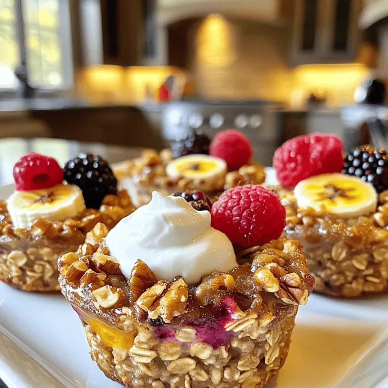 To make Maple Pecan Baked Oatmeal Cups, you need simple, wholesome ingredients. Here’s what you will need: - 2 cups rolled oats - 1/2 cup chopped pecans - 1/4 cup maple syrup - 1 1/2 cups almond milk (or any milk of your choice) - 2 ripe bananas, mashed - 1 teaspoon vanilla extract - 1 teaspoon baking powder - 1/2 teaspoon ground cinnamon - 1/4 teaspoon salt These ingredients blend together to create a warm, satisfying breakfast. The oats give you fiber, while the bananas add sweetness. The pecans bring a nice crunch. You can customize these oatmeal cups with fun toppings. Here are some tasty options: - Fresh berries - Additional chopped pecans - A dollop of yogurt These toppings not only look great but also add flavor. Feel free to mix and match to find your favorite combo! If you have dietary needs, don’t worry. Here are some easy swaps: - Use gluten-free oats for a gluten-free version. - Substitute maple syrup with agave nectar for a vegan option. - Replace almond milk with oat milk or coconut milk for a different taste. These substitutions help everyone enjoy the Maple Pecan Baked Oatmeal Cups. You can also check the Full Recipe for more ideas. - Prepping the Oven and Muffin Tin Start by preheating your oven to 350°F (175°C). Grease a muffin tin or use muffin liners. This will help keep the oatmeal cups from sticking. - Mixing Dry Ingredients In a large bowl, mix together the rolled oats, chopped pecans, baking powder, ground cinnamon, and salt. Stir well to combine all the dry ingredients evenly. This step is key for a balanced flavor. In another bowl, mash the ripe bananas until smooth. Then, add the almond milk, maple syrup, and vanilla extract. Mix these wet ingredients until they blend well. This mixture gives your oatmeal cups their sweetness and moisture. Pour the wet mixture into the bowl with the dry ingredients. Stir just until combined. Let this mixture sit for about 5 minutes. This step allows the oats to absorb some moisture. Use a large spoon or a measuring cup to fill each muffin cup about 3/4 full. Bake in the oven for 25-30 minutes. Check for doneness by inserting a toothpick. It should come out clean when the oatmeal cups are ready. After baking, let them cool for a few minutes in the tin. Then, transfer them to a wire rack to cool completely. For a special touch, serve them warm or at room temperature. Top with fresh berries, more chopped pecans, or a dollop of yogurt. Enjoy your homemade Maple Pecan Baked Oatmeal Cups! For the complete recipe, check out the Full Recipe section. To make your Maple Pecan Baked Oatmeal Cups perfect, focus on the oats. Rolled oats work best. They give a chewy texture while still baking evenly. When you mix the wet and dry ingredients, let the mix sit for five minutes. This helps the oats absorb the liquid. If you want a softer cup, add a bit more milk. For a firmer bite, reduce the milk slightly. Once your oatmeal cups cool, you can store them easily. Place them in an airtight container. They will stay fresh in the fridge for up to five days. If you make a big batch, consider freezing some. Just wrap each cup in plastic wrap and store in a freezer bag. This way, you can enjoy them later. To reheat your oatmeal cups, use the microwave or the oven. For the microwave, place one cup on a plate and heat for 30-45 seconds. If you prefer the oven, preheat it to 350°F (175°C). Place the cups on a baking sheet and heat for about 10 minutes. This keeps them warm without drying them out. Enjoy them fresh with your favorite toppings from the Full Recipe! {{image_2}} If you want a nut-free version of Maple Pecan Baked Oatmeal Cups, you can simply leave out the pecans. You can replace them with seeds. Sunflower seeds or pumpkin seeds work great. They add crunch and nutrition without nuts. You can mix it up by adding different flavors. Try using dried fruit like cranberries or raisins. You can also add a spoonful of peanut butter for a rich taste. For a chocolate twist, fold in some mini chocolate chips. Each variation gives your oatmeal cups a new flavor. For a dairy-free option, use plant-based milk like almond or oat milk. You can even try coconut milk for a tropical twist. If you want to replace yogurt, use dairy-free yogurt or a dollop of plant-based whipped cream. These swaps keep your dish creamy and delicious without dairy. Explore these variations to make your Maple Pecan Baked Oatmeal Cups even more exciting! Find the [Full Recipe](#) for detailed instructions. Store your Maple Pecan Baked Oatmeal Cups in an airtight container. This keeps them fresh. Place a piece of parchment paper between layers if you stack them. It stops sticking. Always cool them completely before storage. If you store them warm, they may become soggy. To freeze your oatmeal cups, wrap each one tightly in plastic wrap. Then place them in a freezer-safe bag. Make sure to squeeze out as much air as possible. You can freeze them for up to three months. When you're ready to eat, let them thaw in the fridge overnight. These oatmeal cups last for about a week in the fridge. They taste best when enjoyed fresh. If you freeze them, they will keep their flavor and texture longer. Always check for any signs of spoilage before eating. Yes, you can use quick oats. Quick oats cook faster and have a finer texture. This means your oatmeal cups may be softer. If you prefer a chewier bite, stick with rolled oats. They hold their shape better during baking, giving you a nice structure in each cup. To make these oatmeal cups vegan, replace the almond milk with any plant-based milk. Use maple syrup as a sweetener, which is already vegan. You can also substitute the mashed bananas for unsweetened applesauce, if needed. This keeps the flavor great while ensuring the recipe stays plant-based. The best way to reheat these oatmeal cups is in the microwave. Place one cup on a plate and heat for 20-30 seconds. Check if it’s warm enough. You can also reheat them in the oven at 350°F (175°C) for about 10 minutes. This keeps them from drying out while warming. Enjoy them warm for the best taste! For the full recipe, check out the Maple Pecan Baked Oatmeal Cups! These Maple Pecan Baked Oatmeal Cups are easy to make and tasty. We covered the main ingredients and some fun toppings you can try. I shared important steps for preparing and baking, plus helpful tips to get the right texture. You now have ideas for storing and reheating leftovers. You can even mix in new flavors or make them nut-free and dairy-free. Enjoy making these oatmeal cups your own. They are sure to become a favorite breakfast or snack!