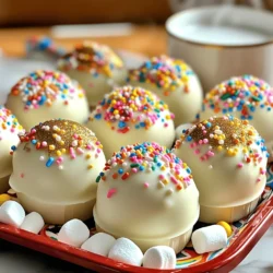 - 1 cup white chocolate chips - 1 tablespoon coconut oil - 2 tablespoons birthday cake mix - 1 cup hot cocoa mix - ¼ cup rainbow sprinkles - Mini marshmallows - Edible gold glitter (optional) - Microwave-safe bowl - Silicone molds - Spoon - Plate To make birthday cake hot chocolate bombs, you need some fun and tasty ingredients. First, the white chocolate chips give a rich flavor and a smooth texture. A bit of coconut oil helps the chocolate melt evenly. The birthday cake mix adds a sweet twist and a touch of nostalgia. For filling, you’ll need hot cocoa mix, which brings warmth and comfort. Rainbow sprinkles make everything look festive and fun. Mini marshmallows add a delightful chewiness that everyone loves. If you want to make them extra special, drizzle some edible gold glitter on top. You will also need a few tools to help you create these treats. A microwave-safe bowl is perfect for melting the chocolate. Silicone molds work great for shaping the bombs. A spoon is essential for coating the molds, and a plate helps seal the chocolate shells. By gathering these ingredients and tools, you set yourself up for a fun and tasty project. You can find the full recipe to help guide you through making these festive treats. - Start by combining 1 cup of white chocolate chips and 1 tablespoon of coconut oil in a microwave-safe bowl. - Microwave in 30-second intervals. Stir the mixture in between to make sure it melts evenly. - Once the chocolate is smooth, use a spoon to coat the inside of the silicone molds. - Ensure you cover all the sides evenly. The chocolate should be thick enough to hold its shape. - Place the coated molds in the freezer for about 10-15 minutes until they are set. - After the chocolate hardens, carefully pop the shells out of the molds. - Take half of the chocolate shells and fill each with 1 tablespoon of hot cocoa mix, 1 tablespoon of birthday cake mix, mini marshmallows, and a sprinkle of rainbow sprinkles. - To seal, warm a plate in the microwave for 30 seconds. Press the open side of an empty shell against the plate to slightly melt it. - Quickly place it on top of a filled half and gently press to seal. Repeat with all halves. To make smooth chocolate shells, start with quality white chocolate chips. When melting, mix in coconut oil for a glossy finish. Use a microwave-safe bowl and heat in 30-second bursts. Stir well between each burst until fully melted. This method helps avoid burning the chocolate. When filling your chocolate bombs, be careful not to overstuff. Fill each shell with one tablespoon of hot cocoa mix and one tablespoon of birthday cake mix. Add mini marshmallows and rainbow sprinkles, but don’t pack them too tightly. You want them to melt nicely when you pour in hot milk. For a festive touch, consider edible glitter. It adds sparkle and fun to your bombs. Just a light sprinkle on top makes them look special. You can also drizzle extra melted white chocolate over them for added flair. If you want alternative toppings, try crushed cookies or candy pieces. They can give a fun crunch. You can even use more birthday cake mix or different types of sprinkles for variety. The best milk for your hot chocolate bombs is whole milk. It gives a creamy texture that pairs well with the sweet flavors. You can also use almond or oat milk for a dairy-free option. For a complete treat, serve your bombs with cookies or cake. They pair well with vanilla cupcakes or brownies. This makes a fun dessert spread for any celebration. {{image_2}} You can change up the flavor of your birthday cake hot chocolate bombs. Try using different cake mixes. Chocolate cake mix gives a rich taste. Red velvet mix adds a fun twist. You can also add flavors like vanilla or mint. A drop of mint extract gives a fresh taste. Or, add a splash of vanilla for warmth. These small changes make each bomb special. You can easily make these bombs fit your diet. For a dairy-free option, use dairy-free chocolate. Almond milk or oat milk works great with these bombs. If you want vegan bombs, choose vegan cake mix and chocolate. This way, everyone can enjoy this treat. Adjusting the recipe for your diet keeps things fun and tasty. These hot chocolate bombs fit any holiday. For Christmas, add red and green sprinkles. You can also use peppermint extract for a festive taste. For Halloween, try orange sprinkles and spooky shapes. You can customize these bombs for birthdays, too. Use colorful sprinkles that match the party theme. Birthday cake hot chocolate bombs can be a hit for any celebration! To keep your birthday cake hot chocolate bombs fresh, store them in an airtight container. Place them in a cool, dry spot away from sunlight. They can last up to two weeks this way. If you want to keep them longer, freezing is a great option. Yes, you can freeze hot chocolate bombs! Just be sure they are in a single layer in the freezer. This prevents them from sticking together. To thaw, take them out and let them sit at room temperature for about 30 minutes. This keeps the shells from cracking. Check your bombs for freshness. If they smell off or the chocolate looks dull, it’s time to toss them. To keep the fun decorations on top intact, store them in a container lined with parchment paper. This helps avoid any damage. For the full recipe, check out the Birthday Cake Hot Chocolate Bombs section above. To enjoy hot chocolate bombs, follow these simple steps: 1. Boil Milk: Start by boiling 1 cup of milk in a pot. You can also use a microwave. 2. Place the Bomb: Put one hot chocolate bomb in a mug. 3. Pour Milk: Carefully pour the hot milk over the bomb. 4. Watch the Magic: Wait a moment and watch as the bomb melts. 5. Stir: Mix the melted chocolate and fluff with a spoon. 6. Enjoy: Sip, savor, and enjoy your delightful drink! This drink is fun to make and even more fun to drink. You can customize it with whipped cream or extra sprinkles on top. Yes, you can buy birthday cake hot chocolate bombs. Many stores sell them during special seasons. Check your local grocery stores, bakeries, or specialty shops. You can also find them online. Websites like Etsy or Amazon often have unique options. Look for sellers that focus on gourmet treats. Hot chocolate bombs are unique because they combine fun flavors and a special presentation. These bombs look like little spheres of chocolate. When you pour hot milk over them, they melt and release cocoa, marshmallows, and sprinkles. The birthday cake flavor gives a sweet twist. It adds a mix of vanilla and cake flavors to your drink. This surprise makes them a favorite for both kids and adults. Making hot chocolate bombs is fun and easy. We explored key ingredients like white chocolate chips and cake mix. You learned how to melt, fill, and decorate your bombs. We also shared tips for perfecting your treats and storing them. These bombs can be customized for any season or diet. In the end, you can enjoy hot chocolate in a new way. Get creative with flavors and designs. Your hot chocolate bombs will impress friends and family. Enjoy this sweet adventure in your kitchen!